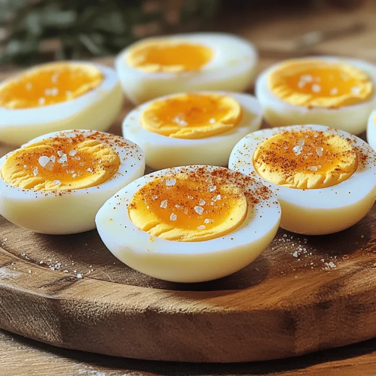 - 6 large eggs - 1 cup of water - Ice bath (a bowl filled with ice and water) - Salt - Pepper - Paprika When it comes to making air fryer hard-boiled eggs, having the right ingredients is key. You only need a few items. First, grab six large eggs. Fresh eggs work best. Next, prepare one cup of water. This will create steam, which helps cook the eggs evenly. Finally, make an ice bath. Fill a bowl with ice and water. This will cool the eggs quickly after cooking. You can also add some optional ingredients for serving. A pinch of salt adds flavor. Pepper gives a nice kick. A sprinkle of paprika can add color and taste, too. These simple ingredients can elevate your dish. Enjoy your delicious air fryer hard-boiled eggs! For the full recipe, check out the detailed cooking instructions. - Preheat air fryer to 270°F (130°C). - Prepare the ice bath for cooling eggs. Start by preheating your air fryer to 270°F (130°C). This step is key for even cooking. While it heats up, fill a bowl with ice and water. This will be your ice bath, which cools the eggs quickly. - Place eggs in the air fryer basket without touching. - Add water to the bottom of the air fryer. - Cook eggs for 15 minutes and adjust time based on yolk preference. Next, take six large eggs and place them in the air fryer basket. Make sure the eggs do not touch each other. Then, pour one cup of water into the bottom of the air fryer. This water creates steam, which helps cook the eggs evenly. Cook the eggs for 15 minutes. If you like your yolks softer or firmer, adjust the cooking time slightly. - Transfer eggs to the ice bath. - Cool for 5-7 minutes before peeling. - Tips for easy peeling: rinse under cold water if needed. Once the timer goes off, carefully remove the basket from the air fryer. Right away, transfer the eggs to your ice bath. Let them cool for about 5-7 minutes. This stops the cooking process and makes peeling easier. To peel, gently tap the eggs on a hard surface. If the shells stick, rinse them under cold water. This helps to remove the shell smoothly. For the full recipe, refer to the Air Fryer Magic: Hard Boiled Eggs 🥚. Enjoy your perfectly cooked hard-boiled eggs! To get the best texture for your hard-boiled eggs, you can adjust the cooking time. If you want softer yolks, cook the eggs for about 12 minutes. For firmer yolks, extend the time to 17 minutes. The ice bath is key here. After cooking, transfer the eggs to the ice bath. This helps stop the cooking process and keeps the yolks from turning green. One common mistake is overcrowding the air fryer basket. Make sure the eggs do not touch each other. This allows for even cooking. Another mistake is not using water. Pour one cup of water into the air fryer. This water creates steam, which helps cook the eggs perfectly. For a nice presentation, slice the hard-boiled eggs in half and place them on a platter. Sprinkle with salt and pepper for flavor. You can also add paprika for a burst of color and taste. These simple enhancements make your dish look and taste gourmet. For more tips, check out the Full Recipe. {{image_2}} You can adjust cooking times for different yolk textures. For soft-boiled eggs, cook for about 10 to 12 minutes. For medium-boiled eggs, 12 to 14 minutes works well. The longer you cook, the firmer the yolk will be. If you like a runny yolk, aim for 10 minutes. Flavor adds fun to your eggs. You can sprinkle garlic powder, onion powder, or chili powder on top. These spices give your eggs a tasty twist. Try adding fresh herbs, like chives or dill, for a bright touch. Not all eggs are the same size. If you use small eggs, cut the cooking time by 1 to 2 minutes. For extra-large eggs, add a minute or two. The size can change how they cook, so keep an eye on them! For small eggs, check at the 12-minute mark. For extra-large, start checking at 16 minutes. This way, you will get perfect eggs every time. Remember, the ice bath is key to stopping the cooking process quickly! To store leftover hard-boiled eggs, keep them in their shells. This helps keep them fresh. Use a covered container to avoid any odors from the fridge. - Recommended storage container types: - Airtight plastic containers - Glass containers with lids Hard-boiled eggs can last in the fridge for about one week. Mark the container with a date to track freshness. If you need to reheat them, do so gently. - Best methods for reheating: - Place eggs in warm water for a few minutes. - Use a microwave with a damp paper towel, but be careful! Cook hard-boiled eggs for 15 minutes at 270°F (130°C). This time gives you firm yolks. If you want softer yolks, reduce the time by a couple of minutes. You might need to test a few batches. Every air fryer cooks a bit differently. No, stacking eggs can cause uneven cooking. They need space to cook evenly. If eggs touch, some may not cook well. Keep them in a single layer for the best results. Yes, they are safe when cooked properly. Always make sure to use fresh eggs. Handle them with clean hands to avoid germs. After cooking, cool them in an ice bath. This stops the cooking process and helps with peeling. Look for signs like a firm white and yolk. If they are still soft, they need more time. You can also do a simple test: spin the egg. If it spins easily, it’s done. If it wobbles, it needs more cooking. This blog covered how to make perfect hard-boiled eggs in an air fryer. We discussed key ingredients, preparation steps, and cooking methods. I shared tips to avoid common mistakes and enhance the dish with spices. You can also try different egg sizes and cooking times for your preferred texture. Store leftovers wisely to enjoy fresh eggs later. Now, with this guide, you can easily cook eggs just how you like them. Enjoy your tasty, homemade hard-boiled eggs!