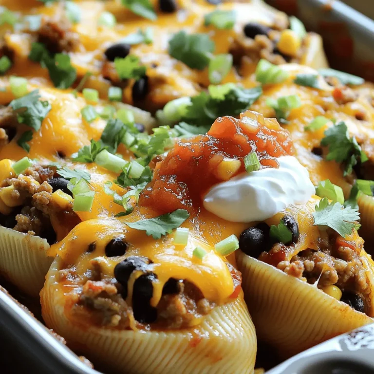 To make Cheesy Taco Stuffed Shells, gather these simple ingredients: - 20 jumbo pasta shells - 1 pound ground turkey or beef - 1 packet taco seasoning - 1 cup black beans, rinsed and drained - 1 cup corn, frozen or canned - 2 cups shredded cheddar cheese - 1 cup salsa (mild or spicy depending on preference) - 1 cup sour cream - 1/2 cup chopped green onions - 1/4 cup fresh cilantro, chopped (optional) - Salt and pepper to taste These ingredients blend well to create a tasty dish. The taco seasoning adds the right kick. The cheese makes each bite creamy and rich. When picking fresh ingredients, focus on a few key points: - Pasta Shells: Choose shells that are intact and not cracked. - Ground Meat: Look for meat that is bright in color. It should have no strange smell. - Beans and Corn: If using canned, check expiration dates. Rinsing beans helps remove extra sodium. - Cheese: Go for blocks of cheese instead of pre-shredded. Block cheese melts better. - Vegetables: For green onions and cilantro, choose vibrant, crisp ones. Avoid wilted leaves. Fresh ingredients make your dish pop with flavor. They also improve the look of your meal. You can switch out some ingredients without losing flavor. Here are a few ideas: - Ground Meat: Use shredded chicken or tofu for a lighter option. - Beans: Substitute black beans with pinto or kidney beans. - Salsa: Try using homemade salsa for a fresher taste. - Cheese: Swap cheddar for Monterey Jack or pepper jack for extra spice. - Sour Cream: Greek yogurt is a healthy alternative to sour cream. These swaps can fit your tastes or dietary needs. Feel free to get creative with your Cheesy Taco Stuffed Shells! For the full recipe, check below. First, gather your ingredients. You will need jumbo pasta shells, ground turkey or beef, taco seasoning, black beans, corn, shredded cheddar cheese, salsa, sour cream, green onions, and cilantro. Next, preheat your oven to 375°F (190°C). Cook the pasta shells according to the package instructions. Drain them once cooked and set aside. In a large skillet, brown the ground meat over medium heat. Make sure to break it up as it cooks. Drain any extra fat after browning. Add the taco seasoning, black beans, corn, salt, and pepper to the meat mixture. Stir well and cook for about five minutes. After that, combine one cup of shredded cheddar cheese with the meat mixture. Now, it's time to fill the shells. Take each cooked shell and fill it with the cheesy taco mixture. Arrange the filled shells in a greased 9x13 inch baking dish. Pour salsa evenly over the stuffed shells to cover them well. Then, sprinkle the remaining shredded cheddar cheese on top. Cover the dish with aluminum foil. Bake in the preheated oven for 20 minutes. After that, remove the foil and bake for another 10 to 15 minutes. You're looking for melted, bubbly cheese. Once done, take the dish out and let it cool slightly before serving. For a beautiful presentation, serve the stuffed shells on a large platter. Top each serving with a dollop of sour cream. Add chopped green onions and fresh cilantro for color and flavor. You can also provide extra salsa on the side for guests to add more to their plates. Enjoy the meal with a fresh salad or some tortilla chips for a complete dining experience. For full details on the recipe, refer to the Full Recipe section. To fill your shells evenly, I recommend using a small spoon or a piping bag. This way, you can control how much filling goes in each shell. Start by placing the filling into the shell's open end. Gently press down to pack it in. This ensures each bite is full of flavor. One big mistake is overcooking the pasta. If shells are too soft, they break easily. Cook them just until al dente. Also, don't skip the salsa on top. It adds moisture and flavor. Lastly, make sure not to rush the baking time. Give the cheese time to melt and bubble for that perfect finish. To get that gooey, stretchy cheese, use freshly shredded cheese. Pre-shredded cheese often has additives that can affect melting. Layer the cheese on top of the shells before baking. Cover the dish with foil for the first part of baking. This helps the cheese melt evenly. Remove the foil later to let the cheese brown slightly. For the full recipe, check out the steps mentioned above to create your own cheesy taco stuffed shells! {{image_2}} You can create tasty vegetarian stuffed shells by skipping the meat. Use a mix of black beans, corn, and chopped bell peppers. For a vegan twist, replace cheese with a dairy-free version. Nutritional yeast adds a cheesy flavor without dairy. You can also mash avocado for a creamy texture. To adjust the heat, use mild salsa for a softer taste. If you love spice, add diced jalapeños or use spicy taco seasoning. You can also sprinkle red pepper flakes over the top before baking. This way, everyone can enjoy their preferred spice level. Toppings can really make your dish pop. Consider adding sliced olives or chopped tomatoes on top. Fresh cilantro and green onions add a burst of flavor. A drizzle of lime juice brightens the dish too. Serve with sour cream or guacamole for extra creaminess. Each topping can change the taste and feel of your stuffed shells. For the full recipe, check out the detailed instructions. To store your leftover cheesy taco stuffed shells, let them cool first. Then, place them in an airtight container. Keep the container in the fridge. They will stay fresh for up to three days. If you want to keep them longer, consider freezing. When you are ready to enjoy those leftovers, preheat your oven to 350°F (175°C). Place the stuffed shells in an oven-safe dish. If they seem dry, add a splash of water or salsa. Cover the dish with foil to keep them moist. Heat for about 20 minutes or until everything is warm. You can also use a microwave for quick reheating. Just cover the dish and heat in 1-minute bursts until hot. To freeze cheesy taco stuffed shells, prepare them as usual but do not bake. Place the filled shells in a single layer on a baking sheet. Freeze them for about an hour, then transfer to a freezer bag. Remove as much air as possible before sealing. They can last up to three months in the freezer. When ready to eat, bake them from frozen. Just add 10 minutes to the baking time. For the best results, cover them with salsa and cheese before baking. For the complete recipe, check the Full Recipe section. To prevent pasta shells from breaking, cook them carefully. Boil them in a large pot of salted water. Make sure they have space to move. Stir gently while cooking. Follow the package's cooking time closely. Drain them and rinse them briefly in cold water. This stops the cooking process. Handle them with care when filling. Use a spoon to scoop in the filling gently. Yes, you can make Cheesy Taco Stuffed Shells ahead of time. Prepare the shells and filling as usual. Then, stuff the shells and place them in a baking dish. Cover the dish with plastic wrap and refrigerate. You can do this for up to 24 hours. When you are ready to cook, remove the wrap and pour salsa on top. Bake as directed in the Full Recipe. Many sides go well with Cheesy Taco Stuffed Shells. Here are a few great options: - Mexican Rice: Fluffy rice with spices adds a nice touch. - Guacamole: Creamy and fresh, perfect for dipping. - Corn Salad: A refreshing salad with sweet corn and lime. - Refried Beans: Smooth and savory, they complement the shells well. - Chips and Salsa: Crunchy chips with salsa make a great snack. These sides enhance the meal, add color, and offer different textures. Enjoy mixing and matching! This blog post guided you through making Cheesy Taco Stuffed Shells. We covered the key ingredients, tips for freshness, and tasty alternatives. You learned simple steps for preparation and baking, along with plating ideas to impress. I shared best practices, common mistakes to avoid, and how to get that perfect cheese melt. You also discovered variations, storage tips, and answers to frequently asked questions. Now, you can enjoy this dish with confidence. Happy cooking!