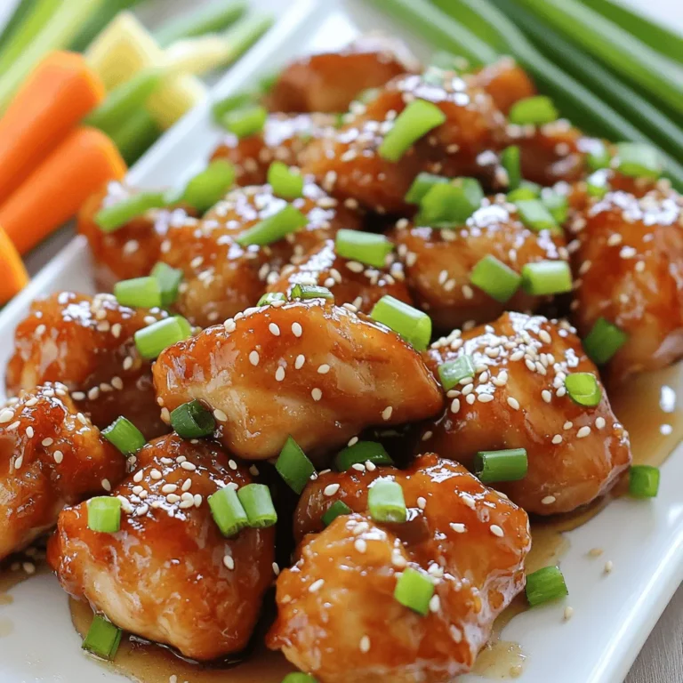 To make the best honey garlic chicken bites, gather these key items: - 1 lb boneless, skinless chicken breasts, cut into bite-sized pieces - 1/4 cup honey - 3 cloves garlic, minced - 2 tablespoons soy sauce (low sodium) - 1 tablespoon apple cider vinegar - 1 teaspoon grated fresh ginger - 1 tablespoon sesame oil - 1 tablespoon cornstarch - Salt and pepper to taste - 2 tablespoons green onions, chopped (for garnish) - Sesame seeds (for garnish) These ingredients create a sweet and savory blend. The honey gives a nice glaze, while garlic adds depth. Each bite bursts with flavor. Use fresh chicken. Look for chicken breasts without any added hormones. Fresh garlic and ginger bring strong flavors. Choose pure honey and low sodium soy sauce for balance. Organic apple cider vinegar can enhance taste. High-quality sesame oil adds richness. These choices ensure great results. If you lack an ingredient, don’t worry! You can swap the chicken for firm tofu for a vegetarian option. Maple syrup works well instead of honey. If you can’t find fresh ginger, ground ginger is a fine substitute. Use regular soy sauce if low sodium is not available. Feel free to get creative with what you have on hand. The essence of this recipe stays intact, even with changes. For the complete recipe, check out [Full Recipe]. Start by gathering your ingredients. You need honey, garlic, soy sauce, apple cider vinegar, ginger, sesame oil, cornstarch, salt, and pepper. In a medium bowl, whisk these ingredients together. This mix creates a sweet and savory marinade. The honey adds sweetness, while the garlic and ginger bring depth. Whisk until everything blends well. Next, take your chicken and cut it into bite-sized pieces. Place the chicken in a large bowl. Pour the marinade over the chicken pieces. Toss gently to coat each piece evenly. It’s best to let the chicken sit in the marinade for at least 30 minutes. If you have time, marinate it longer in the fridge. This step helps the chicken absorb all the great flavors. Now, preheat your oven to 400°F (200°C). Line a baking sheet with parchment paper. Spread the marinated chicken evenly on the prepared sheet. Make sure they are in a single layer. Bake the chicken for 15 to 20 minutes. Flip the pieces halfway through. This helps them cook evenly. The chicken is done when it reaches 165°F (75°C) internally. Let it rest for a few minutes before serving. Garnish with green onions and sesame seeds for extra flair. For the full recipe, check out the section above. To keep your chicken bites tender, start with fresh, high-quality chicken. Cut the chicken into equal pieces. This helps them cook evenly. Marinating the chicken is key. Let it sit for at least 30 minutes. For even better flavor, marinate it overnight. The honey and vinegar help break down the chicken fibers, making them juicy. You can add depth to your dish by using fresh ingredients. Try adding more minced garlic for a stronger taste. A splash of lime juice can brighten the flavors. If you love heat, add red pepper flakes to the marinade. Sesame oil brings a nutty flavor, so don’t skip it. Experiment with fresh herbs like cilantro or basil for a twist. When baking, spread the chicken bites in a single layer on the pan. This allows hot air to circulate around each piece. Flip them halfway through cooking to ensure even browning. Use a meat thermometer to check for doneness; aim for 165°F. If you want extra crispiness, broil them for the last few minutes. This will give your Honey Garlic Chicken Bites a beautiful golden color. {{image_2}} You can cook honey garlic chicken bites in different ways. Grilling adds a smoky flavor. Simply preheat your grill to medium-high. Thread the marinated chicken pieces onto skewers. Grill for about 10-12 minutes, turning often. Make sure they reach 165°F inside. Using an air fryer is quick and easy. Preheat your air fryer to 380°F. Place the marinated chicken in the basket in a single layer. Cook for about 10-15 minutes, shaking halfway through. This keeps them crispy and tender. You can change the flavor by adding spices. Try adding a pinch of cayenne for heat or smoked paprika for depth. You can also mix in vegetables. Bell peppers and broccoli work great. Just chop them small and toss them with the chicken and marinade. You can also add herbs like cilantro or basil. These add freshness and a hint of color. Mixing flavors makes each bite exciting. If you like spice, add chili flakes or sriracha to the marinade. This adds a kick to your bites. For a sweeter twist, increase the honey by a tablespoon. You can also use maple syrup instead of honey for a different taste. You can play around with the balance. Adjust the sugar and spice to find what you love. Honey garlic chicken bites can be your canvas for flavor! For the full recipe, check out the details above. After you enjoy your honey garlic chicken bites, store leftovers properly. Let the chicken cool down to room temperature. Then, place it in an airtight container. This keeps the chicken fresh and prevents it from drying out. Store it in the fridge for up to three days. You can also cover it tightly with plastic wrap if you don't have a container. Make sure to label with the date for easy tracking. When it's time to enjoy your leftovers, reheating is key. You can use the oven, microwave, or skillet. For the oven, preheat to 350°F (175°C). Spread the chicken on a baking sheet and warm for about 10-15 minutes. This helps keep the chicken crispy. If using a microwave, place the chicken on a microwave-safe plate. Heat in short bursts of 30 seconds until warm. Stir between intervals to heat evenly. A skillet works well too. Just add a bit of oil and heat over medium. Stir until warmed through. If you want to save your honey garlic chicken bites for later, freezing is a great option. First, let the chicken cool completely. Then, place it in a freezer-safe bag or container. Remove as much air as possible to prevent freezer burn. Label the container with the date. You can freeze the chicken for up to three months. When ready to eat, thaw it overnight in the fridge before reheating. This method helps preserve the flavor and texture. Enjoy your delicious meal anytime! Yes, you can prepare Honey Garlic Chicken Bites in advance. Marinate the chicken for up to 24 hours in the fridge. This gives the flavors more time to soak in. Just make sure to keep it in an airtight container. When you're ready to cook, follow the baking steps in the Full Recipe. You have many tasty options to serve with Honey Garlic Chicken Bites. Consider these sides: - Steamed rice or fried rice - Fresh vegetable sticks like carrots and cucumbers - A simple green salad with a light dressing - Noodles tossed in soy sauce or sesame oil These sides complement the sweet and savory flavors of the chicken perfectly. To know when the chicken is fully cooked, check its internal temperature. It should reach 165°F (75°C). You can use a meat thermometer for this. If you don’t have one, make a small cut in a piece of chicken. The meat should be white and juices should run clear, not pink. This ensures your Honey Garlic Chicken Bites are safe and delicious! You can make tasty Honey Garlic Chicken Bites with simple steps. We covered the key ingredients and how to prep the honey garlic marinade. Marinating adds flavor, while baking ensures a juicy result. With tips for perfect chicken and storage advice, this dish can be enjoyed later too. Remember, you can change the recipe using different methods or spices for variety. Explore these options to find what you love most!