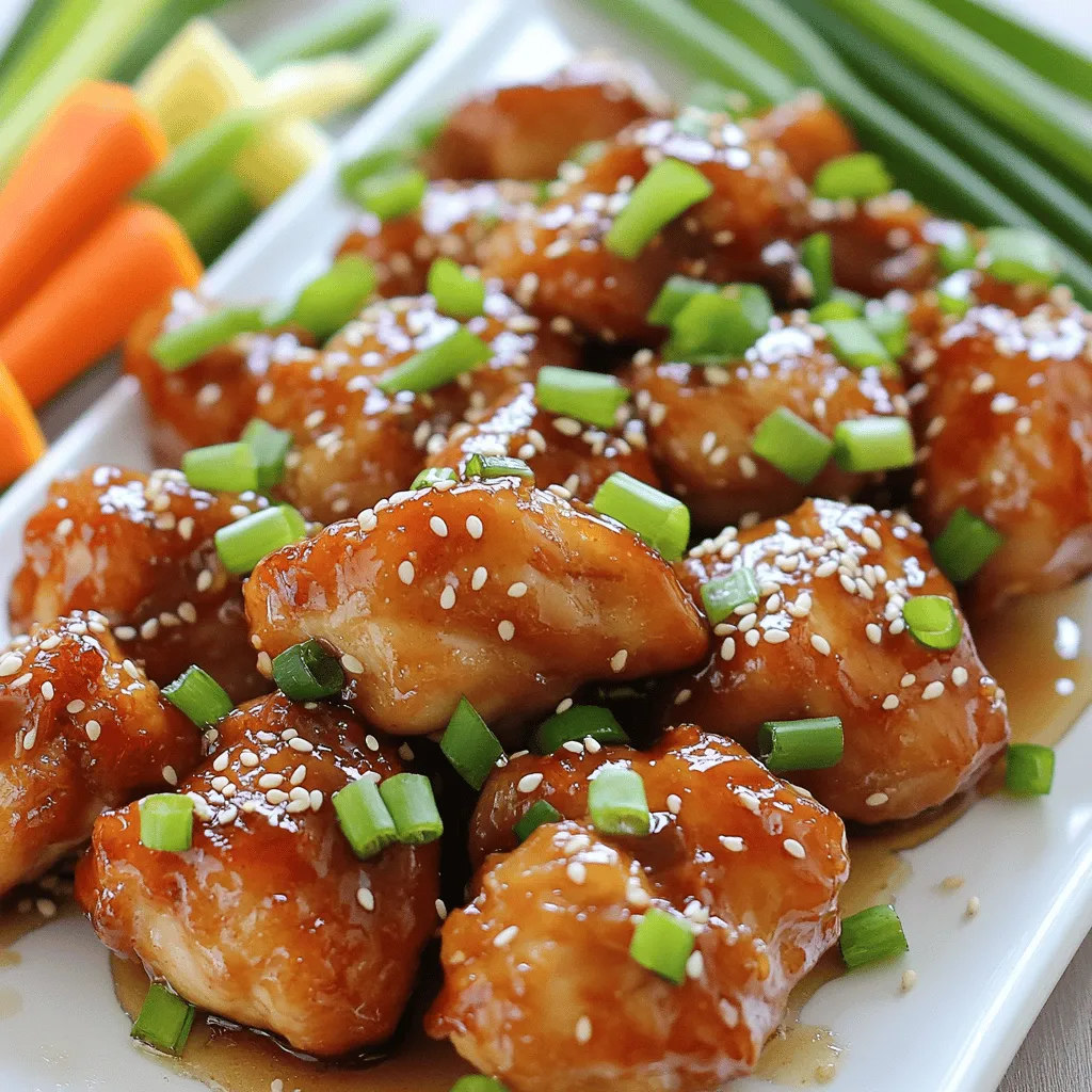To make the best honey garlic chicken bites, gather these key items: - 1 lb boneless, skinless chicken breasts, cut into bite-sized pieces - 1/4 cup honey - 3 cloves garlic, minced - 2 tablespoons soy sauce (low sodium) - 1 tablespoon apple cider vinegar - 1 teaspoon grated fresh ginger - 1 tablespoon sesame oil - 1 tablespoon cornstarch - Salt and pepper to taste - 2 tablespoons green onions, chopped (for garnish) - Sesame seeds (for garnish) These ingredients create a sweet and savory blend. The honey gives a nice glaze, while garlic adds depth. Each bite bursts with flavor. Use fresh chicken. Look for chicken breasts without any added hormones. Fresh garlic and ginger bring strong flavors. Choose pure honey and low sodium soy sauce for balance. Organic apple cider vinegar can enhance taste. High-quality sesame oil adds richness. These choices ensure great results. If you lack an ingredient, don’t worry! You can swap the chicken for firm tofu for a vegetarian option. Maple syrup works well instead of honey. If you can’t find fresh ginger, ground ginger is a fine substitute. Use regular soy sauce if low sodium is not available. Feel free to get creative with what you have on hand. The essence of this recipe stays intact, even with changes. For the complete recipe, check out [Full Recipe]. Start by gathering your ingredients. You need honey, garlic, soy sauce, apple cider vinegar, ginger, sesame oil, cornstarch, salt, and pepper. In a medium bowl, whisk these ingredients together. This mix creates a sweet and savory marinade. The honey adds sweetness, while the garlic and ginger bring depth. Whisk until everything blends well. Next, take your chicken and cut it into bite-sized pieces. Place the chicken in a large bowl. Pour the marinade over the chicken pieces. Toss gently to coat each piece evenly. It’s best to let the chicken sit in the marinade for at least 30 minutes. If you have time, marinate it longer in the fridge. This step helps the chicken absorb all the great flavors. Now, preheat your oven to 400°F (200°C). Line a baking sheet with parchment paper. Spread the marinated chicken evenly on the prepared sheet. Make sure they are in a single layer. Bake the chicken for 15 to 20 minutes. Flip the pieces halfway through. This helps them cook evenly. The chicken is done when it reaches 165°F (75°C) internally. Let it rest for a few minutes before serving. Garnish with green onions and sesame seeds for extra flair. For the full recipe, check out the section above. To keep your chicken bites tender, start with fresh, high-quality chicken. Cut the chicken into equal pieces. This helps them cook evenly. Marinating the chicken is key. Let it sit for at least 30 minutes. For even better flavor, marinate it overnight. The honey and vinegar help break down the chicken fibers, making them juicy. You can add depth to your dish by using fresh ingredients. Try adding more minced garlic for a stronger taste. A splash of lime juice can brighten the flavors. If you love heat, add red pepper flakes to the marinade. Sesame oil brings a nutty flavor, so don’t skip it. Experiment with fresh herbs like cilantro or basil for a twist. When baking, spread the chicken bites in a single layer on the pan. This allows hot air to circulate around each piece. Flip them halfway through cooking to ensure even browning. Use a meat thermometer to check for doneness; aim for 165°F. If you want extra crispiness, broil them for the last few minutes. This will give your Honey Garlic Chicken Bites a beautiful golden color. {{image_2}} You can cook honey garlic chicken bites in different ways. Grilling adds a smoky flavor. Simply preheat your grill to medium-high. Thread the marinated chicken pieces onto skewers. Grill for about 10-12 minutes, turning often. Make sure they reach 165°F inside. Using an air fryer is quick and easy. Preheat your air fryer to 380°F. Place the marinated chicken in the basket in a single layer. Cook for about 10-15 minutes, shaking halfway through. This keeps them crispy and tender. You can change the flavor by adding spices. Try adding a pinch of cayenne for heat or smoked paprika for depth. You can also mix in vegetables. Bell peppers and broccoli work great. Just chop them small and toss them with the chicken and marinade. You can also add herbs like cilantro or basil. These add freshness and a hint of color. Mixing flavors makes each bite exciting. If you like spice, add chili flakes or sriracha to the marinade. This adds a kick to your bites. For a sweeter twist, increase the honey by a tablespoon. You can also use maple syrup instead of honey for a different taste. You can play around with the balance. Adjust the sugar and spice to find what you love. Honey garlic chicken bites can be your canvas for flavor! For the full recipe, check out the details above. After you enjoy your honey garlic chicken bites, store leftovers properly. Let the chicken cool down to room temperature. Then, place it in an airtight container. This keeps the chicken fresh and prevents it from drying out. Store it in the fridge for up to three days. You can also cover it tightly with plastic wrap if you don't have a container. Make sure to label with the date for easy tracking. When it's time to enjoy your leftovers, reheating is key. You can use the oven, microwave, or skillet. For the oven, preheat to 350°F (175°C). Spread the chicken on a baking sheet and warm for about 10-15 minutes. This helps keep the chicken crispy. If using a microwave, place the chicken on a microwave-safe plate. Heat in short bursts of 30 seconds until warm. Stir between intervals to heat evenly. A skillet works well too. Just add a bit of oil and heat over medium. Stir until warmed through. If you want to save your honey garlic chicken bites for later, freezing is a great option. First, let the chicken cool completely. Then, place it in a freezer-safe bag or container. Remove as much air as possible to prevent freezer burn. Label the container with the date. You can freeze the chicken for up to three months. When ready to eat, thaw it overnight in the fridge before reheating. This method helps preserve the flavor and texture. Enjoy your delicious meal anytime! Yes, you can prepare Honey Garlic Chicken Bites in advance. Marinate the chicken for up to 24 hours in the fridge. This gives the flavors more time to soak in. Just make sure to keep it in an airtight container. When you're ready to cook, follow the baking steps in the Full Recipe. You have many tasty options to serve with Honey Garlic Chicken Bites. Consider these sides: - Steamed rice or fried rice - Fresh vegetable sticks like carrots and cucumbers - A simple green salad with a light dressing - Noodles tossed in soy sauce or sesame oil These sides complement the sweet and savory flavors of the chicken perfectly. To know when the chicken is fully cooked, check its internal temperature. It should reach 165°F (75°C). You can use a meat thermometer for this. If you don’t have one, make a small cut in a piece of chicken. The meat should be white and juices should run clear, not pink. This ensures your Honey Garlic Chicken Bites are safe and delicious! You can make tasty Honey Garlic Chicken Bites with simple steps. We covered the key ingredients and how to prep the honey garlic marinade. Marinating adds flavor, while baking ensures a juicy result. With tips for perfect chicken and storage advice, this dish can be enjoyed later too. Remember, you can change the recipe using different methods or spices for variety. Explore these options to find what you love most!
