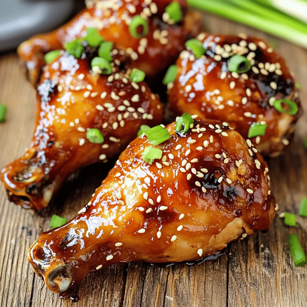 To make this tasty dish, you need the following ingredients: - 8 chicken drumsticks - 1/2 cup soy sauce - 1/4 cup honey - 2 tablespoons rice vinegar - 2 cloves garlic, minced - 1 tablespoon fresh ginger, grated - 1 tablespoon sesame oil - 1 tablespoon cornstarch - 2 tablespoons water These ingredients create a rich and sweet teriyaki flavor that sticks to the chicken. The soy sauce adds saltiness, while honey brings sweetness. Fresh garlic and ginger give the dish a nice kick. To make your meal look great and taste even better, consider these garnishes: - 1 tablespoon sesame seeds (for garnish) - 2 green onions, finely chopped (for garnish) These garnishes add color and texture. They also enhance the flavor and make the dish more appealing. When picking ingredients, aim for the best quality. Fresh chicken drumsticks will taste better than frozen ones. Look for organic soy sauce, as it often has a deeper flavor. Always choose raw honey instead of processed honey. Fresh garlic and ginger will give you the most flavor. Using high-quality ingredients can elevate your dish. It shows in the taste and makes a big difference. To make the teriyaki marinade, start with a mixing bowl. Add 1/2 cup soy sauce, 1/4 cup honey, and 2 tablespoons rice vinegar. Next, include 2 cloves minced garlic and 1 tablespoon grated ginger. Finally, pour in 1 tablespoon sesame oil. Whisk all the ingredients together until they blend well. This marinade gives your chicken a sweet and savory flavor. Take 8 chicken drumsticks and place them in a large resealable bag or a shallow dish. Pour half of the teriyaki marinade over the chicken. Seal the bag or cover the dish tightly. Let the chicken marinate in the fridge for at least 1 hour. For best results, let it sit overnight. This step helps the flavors soak into the meat. Preheat your oven to 400°F (200°C). While it heats, remove the drumsticks from the marinade and place them on a lined baking sheet. Save the leftover marinade for later. Bake the drumsticks for 25 minutes. Flip them halfway to get even browning. While they bake, take the reserved marinade and bring it to a boil in a small saucepan. Mix 1 tablespoon cornstarch with 2 tablespoons water to make a slurry. Slowly whisk this into the boiling marinade. Cook for 2-3 minutes until the sauce thickens. After 25 minutes, brush the thickened glaze over each drumstick. Return them to the oven for another 10-15 minutes until they reach 165°F (74°C). Let them rest briefly, then garnish with sesame seeds and chopped green onions before serving. Enjoy your tasty teriyaki glazed chicken drumsticks! You can find the full recipe for more details. To get rich flavor in your teriyaki glazed chicken drumsticks, marinate them well. Use half of the marinade for at least one hour. If you can, let them sit overnight. This extra time lets the flavors soak in deeply. Always whisk the marinade well. Mix the soy sauce, honey, and other ingredients until smooth. This ensures even flavor across all drumsticks. Bake your drumsticks at 400°F (200°C) for the best results. This high heat helps the skin crisp up nicely. Turn the drumsticks halfway through the cooking time. This promotes even browning and prevents sogginess. For a shiny glaze, brush the thickened teriyaki sauce on the drumsticks right before the end of cooking. One common mistake is not using enough marinade. Ensure you have enough sauce to coat all drumsticks. Another mistake is skipping the marinating step. This can lead to bland chicken. Also, don’t forget to let the drumsticks rest after cooking. This step helps keep them juicy and flavorful. For a full recipe, check out the detailed steps in the previous sections. {{image_2}} You can adjust the teriyaki glaze to fit your taste. Try adding orange juice for a citrus twist. Pineapple juice also works well for a fruity flavor. For a richer taste, mix in some hoisin sauce. You can even use miso paste for added depth. Each option brings something unique to the dish. Experiment and see what you love! If you need a gluten-free version, swap soy sauce for tamari. Tamari tastes similar and works great in this recipe. You can also use coconut aminos as a soy sauce alternative. Both options keep the flavor bold while being gluten-free. Be sure to check all other ingredients for hidden gluten. This way, you can enjoy teriyaki chicken without worry. Want to add some heat? Mix in sriracha or chili paste with the marinade. Start with a teaspoon and add more to your liking. You can also toss in red pepper flakes for a spicy kick. This twist elevates the dish and makes it exciting. Pair this spicy version with cooling sides like cucumber salad. It’s a perfect balance of flavors! For the full recipe, check out the detailed instructions earlier in this article. Enjoy creating your own version of teriyaki glazed chicken drumsticks! After you enjoy your teriyaki glazed chicken drumsticks, store any leftovers right away. Place the drumsticks in an airtight container. Make sure the lid is tight to keep them fresh. You can store them in the fridge for up to four days. If you want to keep them longer, freezing is a great option. When you’re ready to eat your leftovers, reheating is easy. You can use the oven for the best taste. Preheat your oven to 350°F (175°C). Place the drumsticks on a baking sheet and cover them with foil. Heat for about 15-20 minutes until warm. You can also use a microwave if you're in a hurry. Just heat them for 1-2 minutes, but the oven gives a better glaze. To freeze your teriyaki glazed drumsticks, make sure they cool to room temperature first. Wrap each drumstick tightly in plastic wrap. Then, place them in a freezer bag or airtight container. Write the date on the bag so you remember when you froze them. They can last in the freezer for up to three months. When you’re ready to eat them, thaw in the fridge overnight before reheating. You should marinate chicken drumsticks for at least 1 hour. For deeper flavor, marinate them overnight. This time allows the chicken to absorb the teriyaki sauce well. The longer you marinate, the tastier the drumsticks will be. Yes, you can grill teriyaki glazed chicken drumsticks. Grilling adds a smoky flavor. Just preheat your grill to medium heat. Cook the drumsticks for about 25-30 minutes. Turn them often for even cooking. Brush with the teriyaki glaze during the last few minutes for a delicious finish. Teriyaki chicken goes well with many side dishes. Here are some ideas: - Steamed rice - Fried rice - Stir-fried vegetables - Asian slaw - Cucumber salad These sides balance the sweet and savory taste of the chicken. Yes, chicken thighs work well too. They are juicier and more flavorful. Just adjust the cooking time slightly, as thighs may take longer. Make sure they reach 165°F (74°C) for safety. To thicken the glaze, use cornstarch. Mix a tablespoon of cornstarch with two tablespoons of water. Add this mixture to your marinade while it simmers. Cook until it thickens to your liking. Absolutely! You can easily make teriyaki sauce at home. Combine soy sauce, honey, rice vinegar, garlic, and ginger in a pot. Simmer until combined. This makes a great base for your chicken. If you don’t have sesame oil, use vegetable oil instead. You can also use olive oil for a different flavor. It will still taste good but may lack that nutty taste from sesame oil. Use a meat thermometer to check the chicken. It should reach 165°F (74°C) in the thickest part. This ensures it is safe to eat. If you don't have a thermometer, cut into the chicken. The juices should run clear, not pink. For the full recipe on how to make teriyaki glazed chicken drumsticks, check out the [Full Recipe]. Teriyaki glazed chicken drumsticks are easy to make and delicious. You need quality ingredients and a good marinade. Remember to marinate the chicken well and cook it correctly for the best flavor. Use the tips to avoid common mistakes. You can even try different marinades to mix things up. Store leftovers properly to enjoy them later. With all these ideas, you'll impress everyone at your next meal. Get ready to enjoy some tasty drumsticks!