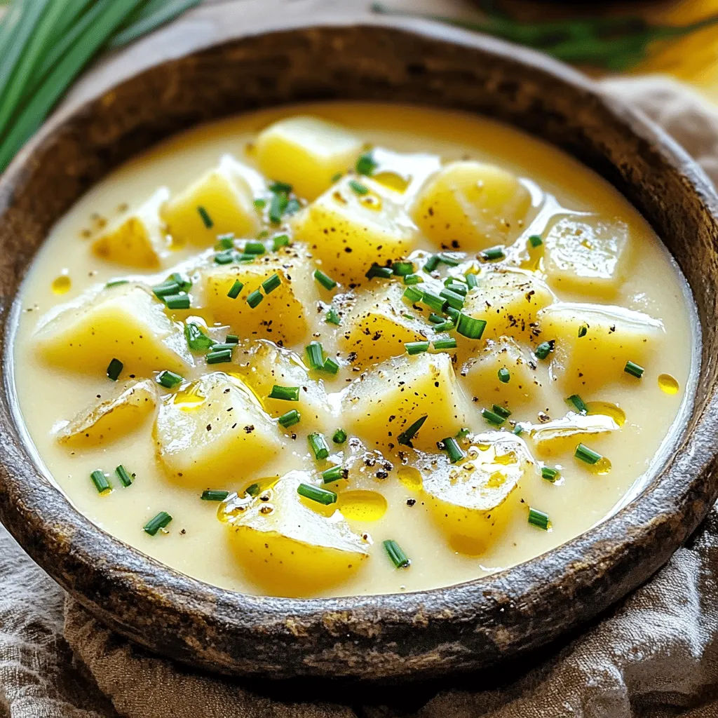 To make Creamy Roasted Garlic Potato Soup, you need a few tasty ingredients. Here’s what you'll gather: - Yukon gold potatoes - Garlic - Onion - Vegetable broth - Heavy cream (or coconut cream) - Olive oil - Thyme and rosemary - Seasoning: salt and pepper - Garnish: fresh chives These ingredients work together to create a rich and creamy soup. Yukon gold potatoes are perfect for their buttery flavor. Garlic brings a lovely depth, especially when roasted. Onion adds sweetness, while vegetable broth gives a savory base. You can use heavy cream for a rich texture, or coconut cream for a dairy-free twist. Olive oil helps to sauté the onion, enhancing the overall flavor. Fresh herbs like thyme and rosemary offer a fragrant touch. Don’t forget your seasoning! Salt and pepper balance all the flavors. Lastly, fresh chives make a bright garnish. For the full recipe, check the recipe card. Happy cooking! 1. Preheat your oven to 400°F (200°C). 2. Slice the top off the head of garlic to expose the cloves. Drizzle with olive oil and wrap it in aluminum foil. 3. Roast in the oven for about 30 to 40 minutes until soft and golden brown. 4. While the garlic roasts, chop the onion and peel and dice the Yukon gold potatoes. 1. In a large pot, heat 2 tablespoons of olive oil over medium heat. 2. Add the chopped onion and sauté until it turns translucent, about 5 to 7 minutes. 3. Next, add the diced potatoes, thyme, rosemary, and a generous pinch of salt and pepper. Stir to mix and let it cook for another 5 minutes. 4. Pour in the vegetable broth and bring it to a boil. Reduce the heat and let it simmer for about 20 minutes, until the potatoes are tender. 5. When the garlic is roasted, let it cool a bit. Squeeze the softened cloves out of their skins into the soup pot. 1. Use an immersion blender to blend the soup until it is smooth and creamy. If you don’t have one, carefully transfer the soup to a blender and blend in batches. 2. Stir in the heavy cream and adjust the seasoning with more salt and pepper if needed. Heat through for another 5 minutes, then remove from heat. 3. Serve hot, garnished with fresh chives and a drizzle of olive oil if you like. For the complete list of ingredients and detailed preparation, refer to the Full Recipe. To make your soup taste even better, use homemade broth. It adds great depth. Store-bought broth works, but homemade gives it a rich flavor. You can also adjust the creaminess. If you like it thicker, add more cream. For a lighter soup, use less cream. You can even try coconut cream for a dairy-free twist. For a smooth blend, use an immersion blender. This tool makes it easy to blend right in the pot. If you prefer a chunkier soup, blend only half of it. Leave the rest with potato pieces for texture. You can also mash some potatoes with a fork. This gives you both creaminess and chunks. {{image_2}} If you want a dairy-free version of the soup, use coconut cream instead of heavy cream. It gives a nice, rich flavor while keeping it light. Just swap a cup of heavy cream with a cup of coconut cream. This change makes the soup creamy without any dairy. You can make this soup even better by adding more ingredients. Here are some ideas: - Extra Vegetables: Try adding carrots, celery, or spinach. These add flavor and nutrients. - Protein Additions: If you want some protein, you can add cooked bacon for a smoky taste. If you prefer a plant-based option, chickpeas are a great choice. They add texture and protein, making the soup heartier. Feel free to mix and match these options to create your perfect bowl of creamy roasted garlic potato soup. For the full recipe, check out the detailed steps above! To keep your creamy roasted garlic potato soup fresh, store it in an airtight container. Place it in the refrigerator for up to five days. Make sure it cools to room temperature before sealing. If you want to keep it longer, you can freeze it. Pour the cooled soup into freezer-safe containers. Leave some space at the top for expansion. It can last in the freezer for up to three months. When it's time to enjoy the soup again, the best way to reheat it is on the stove. Pour the soup into a pot over medium heat. Stir it often to prevent sticking. Heat until warm, but do not boil. This keeps the soup creamy. If you prefer the microwave, place it in a microwave-safe bowl. Heat in short bursts, stirring in between. This also helps maintain texture and flavor. Can I make this soup ahead of time? Yes, you can make this soup ahead. Just store it in the fridge. Reheat on the stove before serving. This soup tastes even better the next day! How can I make this soup spicier? To spice things up, add red pepper flakes or diced jalapeños. You can also stir in hot sauce for a kick. Start small and taste as you go. What if I don't have fresh herbs? No fresh herbs? No problem! You can use dried herbs instead. Use about one-third of the amount. Dried thyme and rosemary work well in this soup. Is this recipe healthy? Yes, this recipe is healthy. It uses potatoes, garlic, and broth. These ingredients provide vitamins and minerals. You can make it even healthier with coconut cream. What are the calorie counts per serving? Each serving has about 300 calories. This can vary based on the cream you use. Check the labels on your ingredients for exact amounts. For the full recipe, check out the details above! This creamy roasted garlic potato soup offers rich flavors and easy steps. We used simple ingredients like Yukon gold potatoes, garlic, and herbs to create a warm dish. Remember, you can tweak recipes for a dairy-free or chunkier version. Store leftovers in the fridge or freezer for later. Enjoying a bowl brings comfort, and sharing it makes it even better. You now have all the tips to make this delicious soup your own. Try it out, and let your kitchen shine!