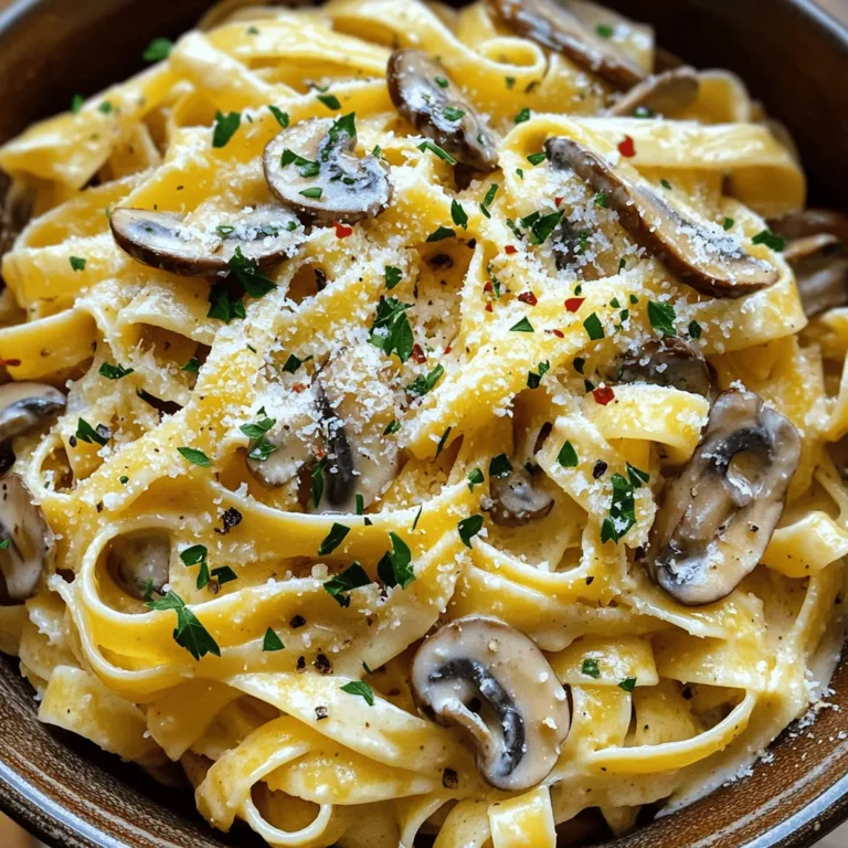 - 300g fettuccine or spaghetti - 250g fresh mushrooms (cremini and shiitake recommended) - 4 cloves garlic, minced - 1 cup heavy cream - 1/2 cup grated Parmesan cheese - 2 tablespoons olive oil - 1 tablespoon unsalted butter - Salt and pepper to taste - Fresh parsley (for garnish) - Red pepper flakes (optional) When you gather ingredients for creamy garlic mushroom pasta, focus on quality. Fresh mushrooms bring a rich, earthy flavor. I suggest cremini and shiitake for their unique tastes. The garlic adds a lovely kick, making each bite special. The heavy cream and Parmesan create a smooth, rich sauce. Olive oil and butter help sauté the mushrooms perfectly. You can adjust the seasonings to fit your taste. Fresh parsley adds a pop of color and freshness. If you like heat, sprinkle red pepper flakes on top. Each ingredient plays a role in making this dish creamy and delicious. For the full recipe, check out the earlier section. To start, fill a large pot with water. Bring it to a boil over high heat. Once boiling, add a good pinch of salt. This step is key, as it flavors the pasta. Add 300g of fettuccine or spaghetti to the boiling water. Cook it according to the package instructions until it is al dente. This usually takes about 8-10 minutes. Al dente means the pasta is firm but cooked. Drain the pasta and save 1/2 cup of the pasta water. Set the pasta aside for later. Next, grab a large skillet and heat it over medium heat. Add 2 tablespoons of olive oil and 1 tablespoon of unsalted butter. Wait for the butter to melt and foam. Add 250g of fresh sliced mushrooms. I like to use cremini and shiitake for the best flavor. Sauté the mushrooms for about 5-7 minutes. You want them to turn golden brown and release their moisture. Stir them often to prevent burning. Now, add 4 cloves of minced garlic to the skillet. Cook for about 1 minute, just until it smells great. Be careful not to burn the garlic; it can turn bitter. Pour in 1 cup of heavy cream and bring it to a gentle simmer. Stir well to combine. Then, mix in 1/2 cup of grated Parmesan cheese. Keep stirring until the cheese melts and the sauce is creamy. If your sauce is too thick, add some of that reserved pasta water to adjust it. Once the sauce is ready, combine the cooked pasta with the cream sauce. Toss it well to coat the pasta evenly. Season with salt and pepper to taste. If you love a kick, sprinkle in some red pepper flakes. This recipe is simple yet full of flavor! Check out the Full Recipe for a complete guide. To make creamy garlic mushroom pasta really shine, you can add a few simple seasonings. Try a pinch of thyme or oregano for a fresh taste. Fresh basil can also add a nice touch. Fresh ingredients are key to great flavor. Use fresh mushrooms and herbs whenever possible. They bring brightness and depth to your dish. One common mistake is burning the garlic. Garlic cooks quickly, so watch it closely. After adding the minced garlic, stir it for just one minute. This will keep the garlic sweet and fragrant. Also, the sauce should be creamy but not too thick. If it is too thick, use the reserved pasta water to adjust the consistency. This will help keep the sauce smooth and light. For side dishes, a simple green salad pairs well. You can also serve garlic bread for a great crunch. If you want to enjoy wine with your meal, a light white wine works best. When presenting your dish, use a large bowl. Top it with more grated Parmesan and a sprinkle of fresh parsley. This will give your pasta a restaurant-style look that impresses everyone! {{image_2}} For a tasty vegetarian twist, you can swap heavy cream for plant-based options. Use coconut cream or cashew cream for a rich taste. These alternatives bring a creamy mouthfeel that works well in this dish. When it comes to mushrooms, you have many choices. Try using portobello or oyster mushrooms for different flavors. Each type adds a unique touch to your creamy garlic mushroom pasta. If you want a vegan dish, you can still enjoy this pasta. For non-dairy cream substitutes, consider using almond milk blended with a bit of cornstarch. This mix creates a creamy texture without dairy. For cheese alternatives, try nutritional yeast. It gives a cheesy flavor without using any animal products. You can sprinkle it on top for added taste. To make this dish gluten-free, choose gluten-free pasta varieties. Look for options made from rice or chickpeas. They cook nicely and hold the sauce well. Maintaining flavor without gluten is easy. Use fresh herbs and spices to boost taste. You can also add some lemon juice for brightness. This way, your creamy garlic mushroom pasta stays delicious and satisfying. For the full recipe, check out the [Full Recipe]. To keep your creamy garlic mushroom pasta fresh, store it in an airtight container. Place it in the fridge within two hours of cooking. This way, it stays safe to eat. It lasts up to three days in the fridge. If you want to enjoy it later, consider freezing it. When reheating, use a skillet over low heat. This method helps maintain the pasta's texture. Stir gently as you heat it. If the sauce looks too thick, add a splash of water or cream. This keeps it creamy and smooth. Avoid microwaving if possible, as it can cause the sauce to separate. To freeze your creamy garlic mushroom pasta, let it cool down first. Then, portion it into freezer-safe bags. Squeeze out the air before sealing. It can stay frozen for up to three months. When you're ready to eat, move it to the fridge overnight to thaw. Reheat in a skillet as mentioned above for the best results. You can use a few alternatives to heavy cream. Try using whole milk or a mix of milk and flour. You can also use Greek yogurt or silken tofu for a rich texture. Each option gives a different taste, so pick what you like best. Yes, you can use dried mushrooms. First, soak them in warm water for about 20-30 minutes. This will help them become soft. After soaking, chop them and add them to your dish. Dried mushrooms add a deep flavor that is very nice. This pasta pairs well with a fresh salad or garlic bread. You can also serve it with grilled chicken or shrimp for extra protein. A glass of white wine makes the meal even better. To add heat, sprinkle red pepper flakes into the sauce. You can also add sliced fresh chili peppers for more heat. Start with a small amount and taste as you go. Adjust the spice level to fit your taste. You’ve learned how to make a delicious creamy garlic mushroom pasta. We covered key ingredients, step-by-step cooking tips, and variations for all diets. Remember, use fresh ingredients for the best flavor. Avoid burning the garlic and get your sauce just right. With these tips, you can impress anyone at your table. Enjoy this dish and have fun cooking!
