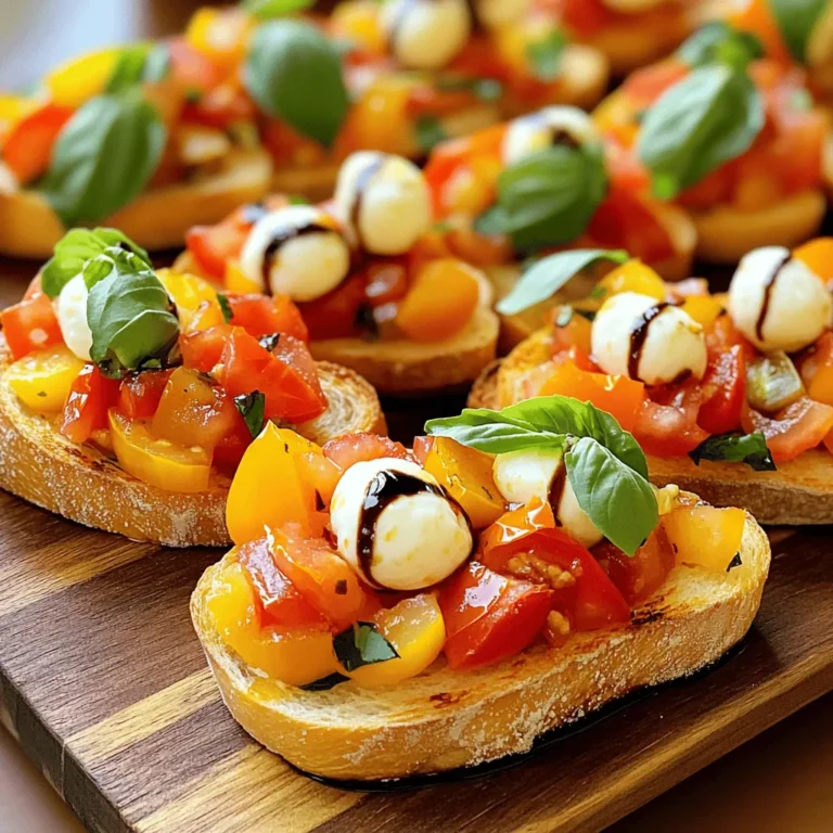 To make fresh tomato bruschetta, you need a few key ingredients: - 4 ripe heirloom tomatoes, finely diced - 1/2 cup fresh basil leaves, chopped - 2 cloves garlic, minced - 1/4 cup mozzarella balls, halved - 2 tablespoons balsamic glaze - 1 tablespoon olive oil - Salt and pepper to taste - 1 baguette, sliced - Optional: A sprinkle of crushed red pepper flakes for heat When choosing tomatoes, look for smooth skin and rich color. Ripe tomatoes feel firm but yield slightly to gentle pressure. Avoid any that look bruised or have soft spots. Heirloom tomatoes offer unique flavors. Their sweet and juicy taste shines in bruschetta. Choose a mix for varied colors and textures. Fresh herbs elevate your bruschetta. Basil adds a fragrant layer. Its bright green leaves bring freshness to the dish. Use whole leaves or chop them for a stronger flavor. Garden-fresh herbs taste better than dried ones. They make your bruschetta taste like summer in every bite. To start, gather your ingredients. You will need ripe heirloom tomatoes, fresh basil, garlic, mozzarella, balsamic glaze, olive oil, salt, and pepper. In a mixing bowl, combine the diced tomatoes, chopped basil, minced garlic, and halved mozzarella balls. This mix gives your bruschetta its fresh taste. Next, drizzle in the balsamic glaze and olive oil. Gently toss all the ingredients until they blend well. This step is key for flavor. Season with salt and pepper to taste. If you prefer some heat, add crushed red pepper flakes now. Preheat your oven to 400°F (200°C). While it heats, prepare your baguette. Slice it into even pieces, about one inch thick. Arrange the slices on a baking sheet and lightly brush them with olive oil. This helps them get crispy. Bake the slices in the oven for about 5-7 minutes. Keep an eye on them. You want them golden and crunchy, not burnt. Once done, let them cool slightly before topping. Now comes the fun part—assembly! Take each toasted baguette slice and spoon on the tomato mixture. Make sure each slice gets a good amount. For a beautiful finish, drizzle extra balsamic glaze on top. Serve your bruschetta right away. It’s best warm and fresh. For a lovely presentation, arrange them on a rustic platter and add whole basil leaves. Enjoy this tasty and simple appetizer with friends or family! For the full recipe, check out Bursts of Summer Tomato Bruschetta. To make the best bruschetta, start with ripe heirloom tomatoes. Their sweet taste shines through in every bite. Dicing the tomatoes finely helps mix the flavors well. Fresh basil adds a bright note, so chop it just before use. Use fresh garlic for a strong aroma. Mince it finely to release its oils. For a creamy texture, add mozzarella balls. They balance the acidity of the tomatoes. Remember to season with salt and pepper. This enhances all the flavors, making each bite a delight. Serve your bruschetta on a rustic wooden platter. This presentation adds warmth to any table. You can garnish with whole basil leaves. They give a pop of color and freshness. For a twist, drizzle extra balsamic glaze on top. This adds a tangy sweetness that elevates the dish. Pair bruschetta with a glass of chilled white wine. A crisp Sauvignon Blanc complements the fresh flavors. You can also enjoy it as an appetizer at gatherings. It’s a crowd-pleaser and easy to share. To boost the flavor, try adding crushed red pepper flakes. They add a nice kick without overpowering the dish. If you like a bit of zest, squeeze fresh lemon juice over the top. This brightens the flavors and adds a refreshing touch. Experiment with different herbs, like oregano or thyme. Each herb brings a new layer of taste. You can also mix in other veggies, like diced bell peppers. This adds color and crunch, making your bruschetta even more fun. For the full recipe, check the Bursts of Summer Tomato Bruschetta . Each step helps you create a delicious and vibrant appetizer that everyone will love. {{image_2}} Bruschetta is easy to adapt to vegetarian and vegan diets. The base recipe is already vegetarian. To make it vegan, simply skip the mozzarella. You can add extra nuts or seeds for creaminess. Try using avocado or hummus instead. These swaps will keep your bruschetta fresh and tasty. You can mix and match flavors to create your own bruschetta. For a tangy twist, add diced olives or capers. Fresh peppers can also add crunch. If you like herbs, try parsley or chives in the mix. You can even add diced fruits like peaches for a sweet touch. The combinations are endless! Seasonal ingredients can elevate your bruschetta. In summer, use ripe tomatoes and fresh basil. In fall, consider roasted squash or apples with sage. Winter is great for citrus fruits like oranges or grapefruits. These changes keep your dish exciting and fresh all year. For the full recipe, check out Bursts of Summer Tomato Bruschetta . To keep your bruschetta fresh, store it in a sealed container. Place the tomato mixture in one container and the toasted baguette slices in another. This way, the bread stays crispy. Make sure to add a layer of plastic wrap over the tomato mixture. It helps keep the flavors strong. When you want to enjoy your leftover baguette, preheat your oven to 350°F (175°C). Place the slices on a baking sheet. Heat them for about 5-7 minutes. This will make them warm and crispy again. Avoid using a microwave, as it makes the bread soggy. The tomato mixture stays good for about 3 days in the fridge. After that, it may lose freshness and flavor. Make sure to check for any off smells or changes in color before using it. Using fresh ingredients helps maintain its taste. For the best experience, use it within those 3 days. You can find the full recipe for a delicious bruschetta above to guide you. Yes, you can prepare the tomato mix early. Just keep it in the fridge. The bread should be toasted fresh. If you add the tomato mix too soon, the bread will get soggy. Use a good baguette for bruschetta. It should be crusty outside and soft inside. You can also try ciabatta or sourdough. These breads hold up well under the toppings. To prevent soggy bruschetta, toast your bread right before serving. You can brush olive oil on your bread slices and bake them until golden. This helps create a barrier. Keep the tomato mix separate until you are ready to serve. - Full Recipe: Bursts of Summer Tomato Bruschetta Bruschetta is simple and fun to make. It starts with fresh ingredients, like ripe tomatoes and herbs. I shared step-by-step instructions to help you prepare your bruschetta. You learned how to choose the best bread and create delicious variations. Remember, storing leftovers right keeps them tasty for later. Now it's time for you to try the recipe. Make your own bursts of summer flavor today! Enjoy your bruschetta journey and impress your friends.