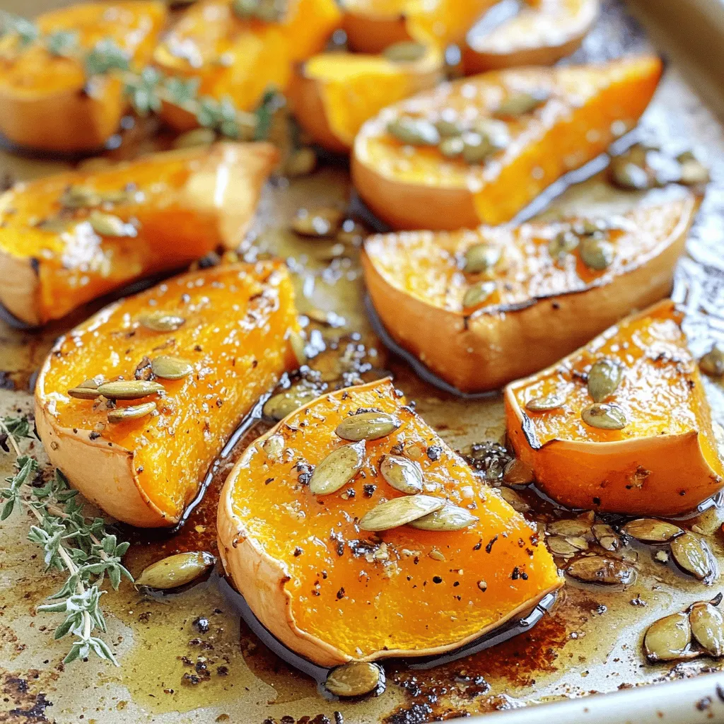 - 1 medium butternut squash, peeled, seeded, and cubed - 3 tablespoons pure maple syrup - 2 tablespoons olive oil - 1 teaspoon cinnamon - 1/2 teaspoon nutmeg - Salt and pepper to taste - 2 tablespoons pumpkin seeds - Fresh thyme leaves When making maple roasted butternut squash, you need simple, fresh ingredients. The star is the butternut squash. Choose one that feels heavy for its size. The skin should be smooth and free of blemishes. Maple syrup adds sweetness and depth. Use pure maple syrup for the best taste. Olive oil helps the squash roast nicely. It also brings flavor. Cinnamon and nutmeg add warmth. Don’t forget salt and pepper; they enhance all the flavors. For a crunchy finish, consider pumpkin seeds. They add texture and a nutty flavor. Fresh thyme leaves can brighten the dish. These garnishes are optional, but they make your dish look and taste even better. For the full recipe, including detailed steps, check out the complete guide. - Preheat the oven to 400°F (200°C). - In a large bowl, combine the cubed butternut squash, maple syrup, olive oil, cinnamon, nutmeg, and salt. Toss well to coat the squash evenly with the seasoning. Starting with the right temperature is key. Preheating the oven helps the squash cook evenly. Mixing the flavors in a bowl makes the squash tasty. The maple syrup adds a sweet touch, while the spices bring warmth. - Spread the seasoned squash on a baking sheet in a single layer. - Roast for about 25-30 minutes, stirring halfway through. Check for tenderness. When you spread the squash out, it cooks better. Stirring during roasting helps it brown nicely. You want it to be golden and soft. If you want a crunch, add pumpkin seeds in the last five minutes. - Let the squash cool slightly before serving. - Garnish with fresh thyme if desired. Cooling a bit makes it easier to handle. Fresh thyme adds a nice touch and flavor. You can serve it as a side dish or on its own. This maple roasted butternut squash is a real treat! For the full recipe, check the earlier section. When choosing butternut squash, look for one that feels heavy. The skin should be smooth and free of cracks. A good squash has a tan color and a firm stem. If it is too soft, it may be overripe. To peel and cube, use a sharp knife. Cut off both ends first. Then, slice the squash in half lengthwise. Scoop out the seeds with a spoon. Finally, peel the skin with a vegetable peeler and cube the flesh. To add depth to your maple roasted butternut squash, try extra spices. Paprika or garlic powder can bring a nice punch. For a touch of heat, add a pinch of cayenne. You can also adjust the sweetness. If you like it sweeter, add more maple syrup. For a more savory note, reduce the syrup slightly. Always taste the mix before roasting to find your perfect balance. Even cooking is key for great results. Spread the squash in a single layer on the baking sheet. This helps each piece cook evenly. Stir halfway through to ensure all sides get nice and golden. I also recommend using parchment paper. It makes cleanup easy and prevents sticking. Plus, it helps the squash roast rather than steam. For the full recipe, check the section above. {{image_2}} You can play with flavors when making maple roasted butternut squash. One fun mix is maple rosemary butternut squash. Just add fresh rosemary to the squash before roasting. This herb gives a nice earthy taste that goes well with the sweet maple. Another great option is mixing sweet potatoes with butternut squash. The sweet potato adds creaminess and a richer flavor. You can roast them together in the same pan. Just make sure to cut them into even pieces so they cook well. If you want a vegan version, skip the honey and stick with maple syrup. This recipe is already vegan-friendly, so it’s easy to adjust. You can also swap out olive oil for coconut oil if you prefer. For those with nut allergies, just leave out any nuts or seeds. The dish will still taste great without them. You can replace pumpkin seeds with sunflower seeds for a safe crunch. Maple roasted butternut squash works well in many dishes. One idea is to make a salad. Toss the roasted squash with greens, nuts, and a simple dressing. This gives a warm and filling salad that is perfect for lunch or dinner. You can also serve it as a side dish or even a main course. Pair the squash with grains like quinoa or rice for a hearty meal. It's a great way to enjoy this tasty dish in different ways. For the full recipe, check the ingredients and steps shared above! After you enjoy your maple roasted butternut squash, store any leftovers in an airtight container. Refrigerate them within two hours of cooking. This helps keep the squash fresh. It can stay in the fridge for up to four days. If you want to save it for longer, consider freezing. To freeze, let the squash cool completely. Then, spread it on a baking sheet in a single layer. Once frozen, transfer the squash to a freezer-safe bag. It can last up to three months in the freezer. Just label the bag with the date to keep track. You can reheat your maple roasted butternut squash in the oven or microwave. For the best taste and texture, use the oven. Preheat it to 350°F (175°C). Spread the squash on a baking sheet and heat for about 10-15 minutes or until warm. This method keeps the squash crispy. If you're short on time, use the microwave. Place the squash in a microwave-safe dish. Cover it loosely with a lid or plastic wrap. Heat on high for 1-2 minutes, checking often. This method is quicker but may make the squash a bit softer. No matter how you reheat it, your squash will still taste delicious! Check out the Full Recipe for more tips. You can tell butternut squash is done when it turns golden brown and feels soft. Use a fork to poke it. If it goes in easily, your squash is ready. Look for these signs: - Golden brown color - Tender texture - Sweet aroma These signs mean you achieved perfect roasting. Yes, you can swap maple syrup for other sweeteners. Here are some great options: - Honey: Adds a floral note. - Agave nectar: A lighter flavor. - Brown sugar: Gives a richer sweetness. - Coconut sugar: Adds a caramel-like taste. Each sweetener changes the taste slightly. Choose one that you enjoy! Maple roasted butternut squash pairs well with many dishes. Here are some ideas: - Quinoa salad: Adds protein and texture. - Roasted Brussels sprouts: Offers a nice crunch. - Grilled chicken: Complements the sweetness. - Spinach salad: Brings a fresh, green element. These sides create a balanced meal. Use the full recipe to make this delicious dish! In this blog post, we explored how to make flavorful maple roasted butternut squash. I shared the best ingredients, from fresh squash to spices. We went through easy steps for prep and roasting. I included tips for selecting squash and enhancing flavor. Don’t forget the variations and storage advice. You can enjoy this dish in many ways. I hope you find joy in cooking this tasty recipe for yourself or others!