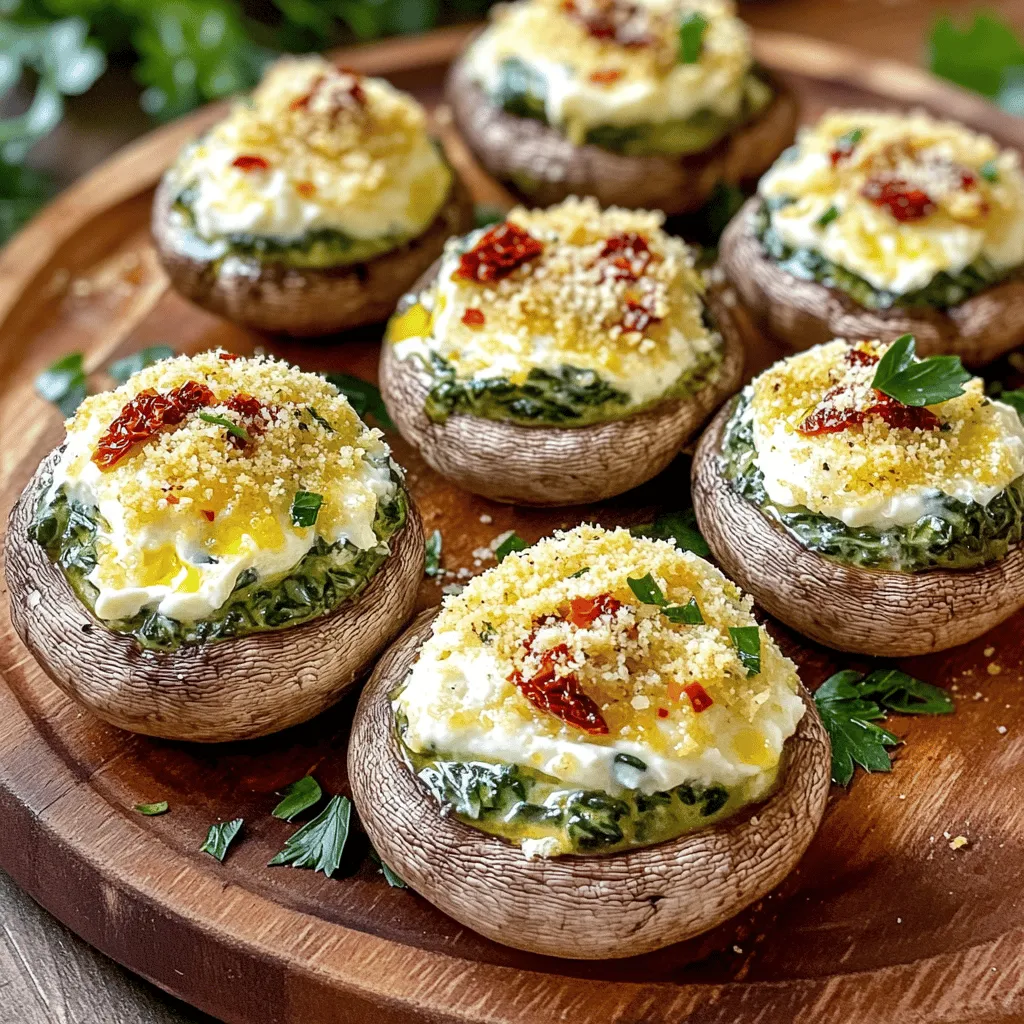 To make these tasty air fryer stuffed mushrooms, you need: - 12 large cremini or button mushrooms - 1 cup cream cheese, softened - 1/2 cup fresh spinach, chopped - 1/4 cup sun-dried tomatoes, finely chopped (not packed in oil) - 1/2 cup grated Parmesan cheese - 1 teaspoon garlic powder - 1/2 teaspoon onion powder - 1/4 teaspoon red pepper flakes (optional) - Salt and pepper to taste - 1 tablespoon olive oil - Fresh parsley for garnish You can swap some ingredients if needed. Try these options: - Use goat cheese instead of cream cheese for a tangy taste. - Kale can replace spinach for a different green. - Fresh tomatoes can work in place of sun-dried tomatoes. - Use nutritional yeast instead of Parmesan for a dairy-free option. - If you want less heat, skip the red pepper flakes. These stuffed mushrooms are not just tasty; they are also nutritious. Each serving has: - Calories: 220 - Protein: 7g - Fat: 18g - Carbohydrates: 8g - Fiber: 2g - Sugars: 2g This recipe is a great choice for a light meal or snack. The mix of cream cheese and vegetables gives lots of flavor without being heavy. You can enjoy these air fryer stuffed mushrooms guilt-free! For the full recipe, check out the section above. Start by washing the mushrooms. Use a damp cloth to clean them well. Next, twist off the stems gently. Set the caps aside. Finely chop the stems and put them in a bowl. This step helps bring out the mushroom flavor in the stuffing. In the bowl with chopped stems, add the softened cream cheese. Then, mix in the chopped spinach and sun-dried tomatoes. Add grated Parmesan cheese, garlic powder, onion powder, and red pepper flakes. Season with salt and pepper. Mix everything until smooth and creamy. This stuffing is rich and full of flavor. Preheat your air fryer to 375°F (190°C). Take your mushroom caps and fill them with the creamy stuffing. Press down gently to pack it in. Drizzle some olive oil on top for moisture. Place the stuffed mushrooms in the air fryer basket. Make sure they are in a single layer. Cook them for 10-12 minutes. They should be tender and golden on top. Once done, take them out and garnish with fresh parsley. Enjoy your tasty air fryer stuffed mushrooms! For the full recipe, check out the link. To make stuffed mushrooms that wow, start with fresh mushrooms. Look for large cremini or button mushrooms. They hold the stuffing well. Clean them gently with a damp cloth. Avoid soaking them in water. Next, remove the stems carefully but keep them. Chop the stems finely and mix them into the stuffing. This adds flavor and helps bind the filling. Pack the stuffing into the caps tightly. This ensures they hold together while cooking. A drizzle of olive oil helps them crisp up nicely in the air fryer. A few mistakes can ruin your stuffed mushrooms. First, don’t overcrowd the air fryer basket. If they are too close, they won’t cook evenly. Second, avoid using too much water in your stuffing. This makes it soggy. Also, don’t skip on seasoning. Salt and pepper enhance the flavors. Lastly, be careful not to overcook them. Mushrooms can become rubbery if left too long in the air fryer. Cooking times can vary based on your air fryer model. Generally, 10 to 12 minutes works well at 375°F. If your mushrooms are larger, you may need a few extra minutes. Check them after 10 minutes. Look for tender mushrooms and a golden top. If they need more time, add a minute or two. Always remember to check them often to avoid overcooking. {{image_2}} You can make these stuffed mushrooms vegetarian by using plant-based cream cheese. Replace the Parmesan cheese with nutritional yeast for a cheesy flavor. Add more veggies like bell peppers or zucchini for extra texture. You can even include beans for added protein. Want to spice things up? Try adding cooked sausage or bacon bits to the stuffing mix. You can also mix in herbs like thyme or basil for a fresh taste. A sprinkle of smoked paprika can give your mushrooms a nice smoky flavor. To make this recipe gluten-free, check your cream cheese and other ingredients for gluten. Use gluten-free breadcrumbs instead of regular ones if you want more crunch. You can also try almond flour for a low-carb option. This way, everyone can enjoy these tasty bites! To keep your stuffed mushrooms fresh, place them in an airtight container. Layer them gently to avoid squishing. Store them in the fridge for up to three days. If you want to keep them longer, consider freezing. When it's time to enjoy leftovers, reheat them in the air fryer. Set it to 350°F (175°C) and warm for about 5 minutes. This will keep the mushrooms crispy and delicious. You can also use a microwave, but they may lose some texture. You can freeze your stuffed mushrooms if you have extras. First, let them cool completely. Then, place them in a single layer on a baking sheet. Freeze until solid, then move them to a freezer bag. They can last up to three months. To cook from frozen, air fry at 375°F (190°C) for about 15 minutes. This method keeps the flavors intact. For the full recipe, check the earlier section. I recommend using large cremini or button mushrooms. They hold up well during cooking. Their shape makes them perfect for stuffing. You can also use portobello mushrooms for a heartier option. Choose mushrooms that are firm and free of blemishes. This ensures they will cook evenly and taste great. Yes, you can prepare the stuffed mushrooms ahead of time. Make the filling and stuff the mushrooms. Place them in the fridge until you are ready to cook. This saves time and makes serving easy. Just remember to let them sit at room temperature for about 15 minutes before air frying. You will know the mushrooms are done when they are tender. The tops should look golden and slightly crispy. A good cooking time is around 10 to 12 minutes at 375°F (190°C). If you want, you can check them halfway through. This helps to ensure they cook evenly. To make Air Fryer Stuffed Mushrooms, gather these ingredients: - 12 large cremini or button mushrooms - 1 cup cream cheese, softened - 1/2 cup fresh spinach, chopped - 1/4 cup sun-dried tomatoes, finely chopped (not packed in oil) - 1/2 cup grated Parmesan cheese - 1 teaspoon garlic powder - 1/2 teaspoon onion powder - 1/4 teaspoon red pepper flakes (optional) - Salt and pepper to taste - 1 tablespoon olive oil - Fresh parsley for garnish Steps: 1. Preheat your air fryer to 375°F (190°C). 2. Remove the stems from the mushrooms and set the caps aside. Finely chop the stems and put them in a bowl. 3. Add cream cheese, spinach, sun-dried tomatoes, Parmesan, garlic powder, onion powder, red pepper flakes, salt, and pepper to the bowl. Mix until creamy. 4. Fill each mushroom cap with the mixture. Pack it in firmly. 5. Drizzle the stuffed mushrooms with olive oil for flavor. 6. Place the mushrooms in the air fryer basket in a single layer. 7. Cook for 10-12 minutes. They are done when tender and golden. 8. Carefully take them out and put them on a plate. 9. Garnish with parsley before serving. These stuffed mushrooms make a tasty appetizer. Serve them warm or at room temperature. They shine at parties and gatherings. Pair them with a fresh salad for a light meal. You can also serve them with crusty bread to soak up the flavors. Enjoy your stuffed mushrooms with a glass of white wine. A crisp Sauvignon Blanc suits their rich flavors well. You might also like to pair them with a light pasta dish. A simple garlic and olive oil pasta complements the mushrooms perfectly. For a cozy night, serve them alongside a warm soup. We covered a lot about stuffed mushrooms. You learned the best ingredients and how to prep them. We talked about cooking methods, tips for success, and tasty variations. You now know how to store leftovers and reheat them well. Remember, stuffed mushrooms are fun and easy to make. With practice, you can make them your own. Enjoy creating delicious bites that everyone will love!