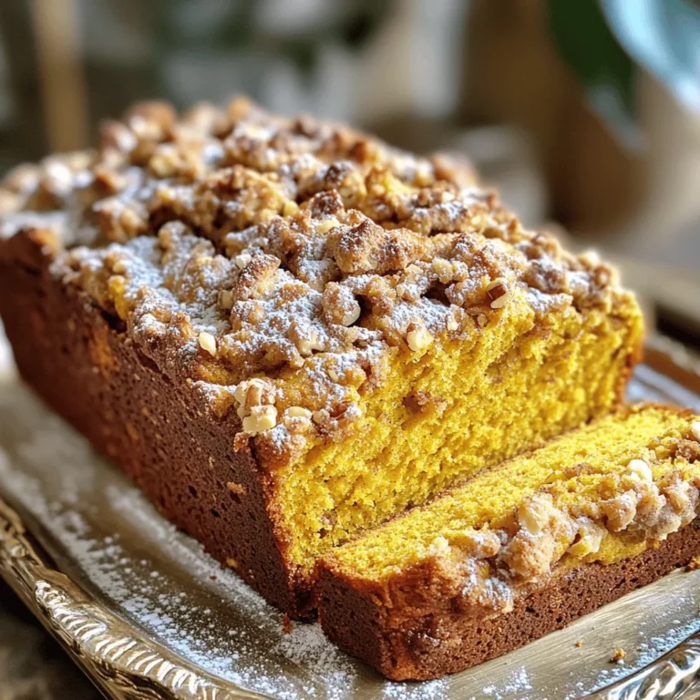 - 1 ½ cups all-purpose flour - 1 teaspoon baking soda - ½ teaspoon baking powder - ½ teaspoon salt - 1 teaspoon ground cinnamon - ½ teaspoon ground nutmeg - ½ teaspoon ground ginger - 1 cup pumpkin puree (canned or homemade) - ½ cup granulated sugar - ½ cup brown sugar, packed - 2 large eggs - ½ cup vegetable oil - 1 teaspoon vanilla extract - ½ cup chopped pecans or walnuts - Streusel Topping: - ½ cup all-purpose flour - ⅓ cup brown sugar, packed - ½ teaspoon ground cinnamon - ¼ cup unsalted butter, melted - ¼ cup chopped nuts When I make Pumpkin Streusel Bread Loaf, I always start with my ingredients. The dry ingredients form the base of the bread. All-purpose flour gives it structure. Baking soda and baking powder help it rise. Salt enhances flavor, while cinnamon, nutmeg, and ginger bring that warm fall vibe. Next, I gather my wet ingredients. Pumpkin puree adds moisture and flavor. It gives the loaf a rich orange hue. Granulated and brown sugars add sweetness. Eggs bind everything together, while vegetable oil keeps it tender. A splash of vanilla adds a nice touch. For extra crunch, I often add chopped nuts. Pecans or walnuts work great. The streusel topping is my favorite part. It adds a sweet, crumbly layer on top. The mix of flour, brown sugar, and cinnamon gives it a perfect flavor. The melted butter makes it rich and crumbly. You can find the full recipe above to make this delightful loaf. Each ingredient plays a role in making this bread a must-try. - Preheat the oven to 350°F (175°C). - Grease and flour a 9x5-inch loaf pan or line with parchment paper. - Whisk together dry ingredients in a medium bowl. - Combine wet ingredients in a large mixing bowl and mix until smooth. - Gradually add dry ingredients to wet ingredients and fold in optional nuts. - Pour batter into prepared loaf pan. - Mix streusel ingredients in a small bowl until crumbly. - Sprinkle topping over batter in the loaf pan. - Bake for 55-65 minutes or until a toothpick comes out clean. - Tent with foil if the top browns too quickly. - Let the loaf cool in the pan for 10 minutes. - Transfer to a wire rack to cool completely. This step-by-step process makes the recipe easy to follow. For the full recipe and more tips, check out the Full Recipe. - Use room temperature ingredients for better mixing. This makes your batter smooth and even. - Do not overmix the batter for a fluffy texture. Mix just until combined to keep it light. - If the loaf sinks in the center, check leavener freshness. Old baking soda or powder can impact rise. - Ensure an accurate oven temperature with an oven thermometer. This helps prevent under or overcooking. - Toast nuts before adding for a richer flavor. This brings out their natural oils and crunch. - Experiment with different spices like allspice or clove. These add warmth to your bread and deepen the flavor. For the full experience, try the Full Recipe to create this amazing Pumpkin Streusel Bread Loaf! {{image_2}} Dietary modifications let everyone enjoy this tasty pumpkin streusel bread loaf. For a gluten-free version, just swap out the all-purpose flour for a gluten-free blend. This keeps the bread soft and moist, just like the original. If you're looking for a vegan option, replace the eggs with either flaxseed meal or applesauce. Flaxseed meal works well; mix one tablespoon with three tablespoons of water, and let it sit for a few minutes. Applesauce adds sweetness and moisture, making it a great choice too. You can also explore flavor variations. Try adding chocolate chips or dried cranberries for a burst of sweetness. These add-ins bring a nice twist to the classic taste. Another fun option is to use butternut squash puree instead of pumpkin. This can give your loaf a different flavor profile while still being delicious. When it comes to serving suggestions, the options are endless. Cream cheese frosting on top adds a creamy touch that pairs perfectly with the bread's spices. A drizzle of caramel also enhances the sweet flavor. If you’re feeling indulgent, serve it with a scoop of ice cream or some whipped cream for dessert. Explore these variations to make the pumpkin streusel bread loaf your own! For the full recipe, check out the detailed instructions above. Store your Pumpkin Streusel Bread Loaf in an airtight container at room temperature. It stays fresh for up to 3 days. This way, you can enjoy its rich flavors without losing any moisture. For longer storage, refrigerate the bread for up to a week. You can also freeze it for up to 3 months. Just wrap the loaf tightly in plastic wrap before freezing. This keeps it safe from freezer burn and helps maintain its taste. When you want to enjoy a slice, microwave it for 10-15 seconds. This gives you a quick warm-up. If you prefer, you can reheat it in the oven at a low temperature. This will ensure it warms through evenly and keeps the crust nice. For the Full Recipe, check the earlier sections to make your own delicious loaf! Use a toothpick to check for doneness; it should come out clean. When you insert the toothpick, make sure it goes into the center. If it comes out with wet batter, bake a bit longer. This simple test ensures your loaf is perfectly baked. Yes, you can make it the day before serving; store properly. Allow it to cool completely before wrapping it in plastic wrap. This helps maintain moisture and flavor. You can also keep it in an airtight container. Use homemade puree or other squash varieties like butternut. If you want a different taste, roasted sweet potato works well too. Just remember to blend it until smooth for the best texture. Increase the butter or add oats to the streusel mixture. More butter creates a richer topping. If you want added texture, oats give a nice crunch and can enhance flavor. Yes, it freezes well; ensure you wrap it tightly before freezing. Use plastic wrap followed by aluminum foil for extra protection. This helps keep the loaf fresh for up to three months. This blog post guided you through making a delicious Pumpkin Streusel Bread Loaf. We covered the ingredients, step-by-step instructions, helpful tips, variations, and storage methods. With these easy steps, your loaf will turn out tasty and perfect every time. Enjoy experimenting with flavors and share your creations. Baking is fun and rewarding, so get started today!