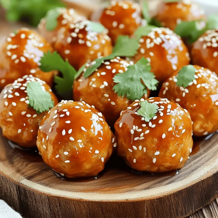 To make teriyaki chicken meatballs, gather these key ingredients: - 1 lb ground chicken - 1/4 cup breadcrumbs - 1/4 cup green onions, finely chopped - 1 clove garlic, minced - 1 tablespoon ginger, grated - 2 tablespoons soy sauce - 1 tablespoon sesame oil - 1 tablespoon honey - 1 egg, beaten - Salt and pepper, to taste These ingredients create a tasty and moist meatball. The ground chicken gives it a light texture. The breadcrumbs help bind the meatballs. Garlic and ginger add a lovely warmth, while soy sauce offers that classic umami flavor. For an extra flavor boost, consider these optional ingredients: - 1 tablespoon cornstarch (for crispiness) Adding cornstarch can help the meatballs turn out crispier. If you like a bit more heat, you can also mix in a dash of red pepper flakes. This will give your meatballs a little kick. Once your meatballs are ready, don’t forget these garnishes: - Sesame seeds - Fresh cilantro or additional green onions Garnishing with sesame seeds adds crunch and visual appeal. Fresh herbs like cilantro or extra green onions brighten the dish and add freshness. They make your meatballs not just tasty but also beautiful! For the full recipe, follow the instructions to create this delicious dish. To start, gather all your ingredients. You need ground chicken, breadcrumbs, and chopped green onions. Add minced garlic and grated ginger for a nice kick. Next, pour in soy sauce, sesame oil, and honey. Crack in a beaten egg and sprinkle salt and pepper. If you want extra crispiness, add cornstarch. Now, mix everything with your hands until it’s all combined. Preheat your oven to 400°F (200°C). Line a baking sheet with parchment paper. This makes cleanup easy! Now, take the meatball mixture and roll it into small balls. Aim for about 1 inch in size. Place the meatballs on the baking sheet, making sure they are spaced out. Bake them for 18-20 minutes. Turn them halfway through. You want them golden brown and cooked through. While the meatballs bake, let’s make the teriyaki sauce. Grab a small saucepan and mix more soy sauce, honey, and sesame oil. Heat it on medium until it starts to simmer. Let it cook for a few minutes until it thickens slightly. Once the meatballs are done, toss them gently in the warm sauce to coat. This dish is simple and fun to make. For the full recipe, check the recipe section above. Enjoy your tasty teriyaki chicken meatballs! To get the best results, make your meatballs the same size. I like to use a small ice cream scoop. This helps them cook evenly. Preheat your oven well. An oven at 400°F (200°C) works great. Halfway through cooking, turn the meatballs. This step makes sure every side gets nice and brown. If you have leftovers, cool the meatballs first. Place them in an airtight container. These will last in the fridge for up to four days. To freeze, put them in a freezer bag. They stay good for three months. When ready to eat, reheat in the oven or microwave. You can add a little teriyaki sauce for extra flavor. To change the flavor, try adding spices. A dash of chili powder gives heat. For a sweeter taste, add more honey. Want a crunchier texture? Mix in some cornstarch with the meat. You can also use panko breadcrumbs instead of regular ones for extra crispiness. Don’t forget to taste as you go! Adjust to your liking for the perfect meatball. You can find the Full Recipe in this article for more details! {{image_2}} You can easily make teriyaki chicken meatballs healthier. Instead of ground chicken, try using ground turkey or lean beef. These options can cut down on fat. For breadcrumbs, you can use whole wheat or almond flour. You can also replace honey with maple syrup or a sugar substitute. Using low-sodium soy sauce will help reduce the salt content too. You can serve teriyaki chicken meatballs in many fun ways. For a casual meal, place them in a bowl with rice. You can also make them into sliders by placing them in mini buns. Another option is to skewer the meatballs on sticks for a party. This makes them easy to grab and eat. You can top them with extra teriyaki sauce for added flavor. Teriyaki chicken meatballs pair well with several side dishes. Steamed broccoli or green beans are great options. You can also serve them with a fresh salad for a light meal. Fried rice or quinoa adds a nice touch too. For a special treat, try pairing them with crispy wontons or spring rolls. These sides will make your meal even more enjoyable. Each serving of Teriyaki Chicken Meatballs has about 250 calories. You get around 20 grams of protein, which is great for muscle health. The dish also has about 12 grams of fat, mainly from the sesame oil. It contains 18 grams of carbs, making it a balanced meal. Each serving gives you a good dose of vitamins and minerals, thanks to the green onions and garlic. - Ground Chicken: This lean meat is low in fat and high in protein. It helps keep you full and is easy to digest. - Green Onions: These add flavor and are rich in vitamins A and K. They also help boost your immune system. - Garlic: Garlic is known for its health benefits. It can help lower blood pressure and improve heart health. - Ginger: This spice aids digestion and can reduce nausea. It also has anti-inflammatory properties. - Soy Sauce: While it adds flavor, it also provides some essential amino acids. Just watch the sodium level if you’re watching your salt intake. When you enjoy these meatballs, keep in mind the serving size. If you eat more than one serving, the calories will add up. Pairing them with veggies or a salad can help balance your meal. You can also adjust the recipe to lower calories. Use less honey or choose a low-sodium soy sauce. For a lower-calorie option, serve the meatballs with cauliflower rice instead of regular rice. Yes, you can use ground turkey. It offers a lean option. The flavor may change slightly. Turkey is still juicy and tasty. I recommend using dark meat turkey for more flavor. To make this dish gluten-free, swap regular soy sauce for tamari. Tamari is a gluten-free soy sauce. Use gluten-free breadcrumbs as well. These changes keep the dish safe for gluten-free diets. The best way to reheat them is in the oven. Set your oven to 350°F (175°C). Place the meatballs on a baking sheet. Heat for about 10-15 minutes until warm. You can also microwave them, but they may lose some texture. Yes, you can freeze these meatballs. Let them cool completely first. Place them in an airtight container or freezer bag. They can last up to three months in the freezer. Thaw them in the fridge before reheating. These meatballs pair well with rice or noodles. You can also serve them with steamed veggies. A fresh salad is a great side too. They are versatile and fit many meals. Cooked meatballs can last up to four days in the fridge. Store them in an airtight container. Make sure they are cool before sealing. This keeps them fresh for your next meal. This blog post covered how to make Teriyaki chicken meatballs. You learned about key ingredients and optional flavor boosters. I shared step-by-step instructions for preparation and cooking. You now have tips for even cooking and storing leftovers. We also explored variations and discussed nutritional value. Keep these ideas in mind for tasty meals. Enjoy making these meatballs again and again!