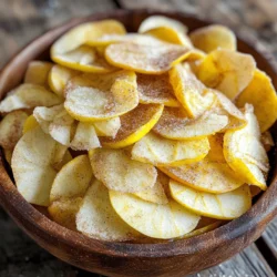 - 2 large apples (such as Granny Smith or Honeycrisp) - 2 tablespoons granulated sugar - 1 tablespoon ground cinnamon - 1 teaspoon lemon juice - A pinch of sea salt These ingredients are simple and easy to find. I love using Granny Smith apples because they are tart and crisp. Honeycrisp apples also work well, offering a sweet flavor. You need sugar and cinnamon for that classic taste. Lemon juice helps keep the apples fresh and bright. A pinch of sea salt enhances all the flavors. - Other spices (e.g., nutmeg, ginger) - Sweetener alternatives (e.g., honey, agave) - Toppings or dips (e.g., yogurt, caramel sauce) You can get creative with optional ingredients. Try adding nutmeg or ginger for a new twist. If you want a healthier option, use honey or agave instead of sugar. For a fun serving idea, pair your chips with yogurt or drizzle caramel sauce on top. These enhancements can take your apple chips to the next level! For the full recipe, check out the details above. Enjoy making these tasty snacks! - Preheat your oven to 225°F (107°C). - Wash and slice the apples into thin rounds. Start by getting your oven ready. This low heat helps dry the apples. Next, wash the apples well. I like to use a mandoline slicer for even rounds. Aim for slices about 1/8 inch thick. This thickness ensures they bake nicely and get crisp. Don’t forget to remove the seeds as you slice! - Combine sugar and cinnamon in a small bowl. - Drizzle apple slices with lemon juice and toss. In a small bowl, mix the sugar and ground cinnamon. This blend adds a sweet touch. Now take the apple slices and place them in a large bowl. Drizzle them with lemon juice. This helps the sugar stick and adds a nice flavor. Gently toss the apple slices to coat them evenly in the juice. - Arrange slices on prepared baking sheets. - Bake and monitor for crispness. Lay the apple slices in a single layer on baking sheets. Make sure they do not overlap. This allows the heat to reach all sides of the slices. Bake them for about 1-2 hours. Flip the slices halfway through for even crisping. Keep an eye on them as they bake. They should turn golden and crisp but not burn. Once they cool, they will be even crunchier. For the full recipe, check the earlier section. When making cinnamon sugar apple chips, uniform thickness is key. Even slices bake evenly, so you get the best crunch. Aim for slices about 1/8 inch thick. This size allows the apple to crisp up without burning. For tools, I suggest using a mandoline slicer. It gives you a consistent thickness quickly. If you don’t have one, a sharp knife works too. Just be careful while slicing to keep your fingers safe. Baking time can change based on the type of apple you use. Tart apples, like Granny Smith, can take longer to bake compared to sweeter apples. Watch closely as they bake. You want to flip them halfway through for even crispness. Monitor them for how chewy or crisp you want them. If you prefer chewiness, take them out a bit sooner. For extra crunch, leave them in longer. There are many fun ways to serve apple chips. You can stack them in a rustic bowl or lay them on a wooden platter. A light dusting of cinnamon sugar on top adds flair. Pair these chips with yogurt for a healthy snack or use them as a topping on desserts. They also go well with caramel sauce for a sweet treat. Enjoy these chips anytime you crave a snack! {{image_2}} You can change the flavor of your apple chips easily. Try adding spices like nutmeg or ginger for a warm twist. You can also mix in extracts like vanilla or almond for a unique taste. Another fun idea is to use citrus zest. Just grate some lemon or orange peel and sprinkle it on your apple slices. This adds a bright and fresh flavor that blends well with cinnamon. The type of apple you use matters. Sweet apples like Honeycrisp make tasty chips. Tart apples like Granny Smith add a nice bite. You can mix different kinds for a fun flavor profile. If you want to change the sugar, try using honey or agave instead. These substitutes can make the chips fit your dietary needs while still being delicious. You don’t have to stick to the oven for making apple chips. An air fryer works great for quicker results. It crisps them up in less time and uses less energy. Just set it to about 160°F (70°C) and keep an eye on them. If you want a different texture, consider using a dehydrator. This method takes longer but gives you a chewy and crunchy snack. For the full recipe, make sure to check the detailed section above. To keep your cinnamon sugar apple chips fresh, store them in an airtight container. This helps keep moisture out and crunch in. Choose a container that fits your chips snugly but not too tight. Make sure to seal it well after each use. For the best pantry conditions, keep the container in a cool, dry place. Avoid areas with heat or humidity, as these can make the chips soft. Homemade apple chips can last for about one to two weeks when stored properly. After that, they may start to lose their crispness. Signs that your apple chips are no longer good include a change in smell, color, or texture. If they feel soft or chewy, it's best to toss them. If your apple chips become soft, don’t worry! You can easily revive them. Place the chips on a baking sheet and pop them in a preheated oven at 200°F (93°C) for about 10-15 minutes. This will help them regain their crunch. To avoid moisture buildup, always ensure the chips are cool before sealing them in a container. Store them with a small packet of silica gel or uncooked rice to absorb excess moisture. You can make apple chips without sugar by simply slicing apples and baking them. Use a mandoline or a knife to cut thin rounds. After slicing, sprinkle some lemon juice on top to enhance the flavor. Bake them at 225°F (107°C) until they are crisp. This method keeps them healthy and still tasty. Apple chips offer many health benefits. They contain fiber, which aids digestion. Apples also have vitamins like C and A. Eating apple chips can satisfy your sweet cravings without added sugars. They are a low-calorie snack option, making them great for weight management. You can find pre-made cinnamon sugar apple chips at health food stores or online. Many grocery stores carry them in the snack aisle. Look for brands that use natural ingredients for a quality product. Local farmers' markets may also offer fresh options. Freezing cinnamon sugar apple chips is not the best option. They may lose their crispness after thawing. If you have leftovers, store them in an airtight container at room temperature. This keeps them crispy longer. Consider making smaller batches to avoid waste. The best apples for chips are Granny Smith and Honeycrisp. Granny Smith apples are tart, which balances the sweetness of sugar well. Honeycrisp apples have a nice crunch and natural sweetness. You can also try Fuji or Pink Lady for a different flavor twist. You now have all the steps to make delicious apple chips. Start with fresh apples and simple ingredients. The baking process brings out their natural sweetness. You can customize flavors and enhance your snacks with spices and toppings. Remember, uniform slices ensure even baking and great texture. Store your chips properly to keep them fresh. Enjoy your healthy snack and experiment with different tastes! This fun process teaches you about flavor and creativity in cooking. Happy baking!