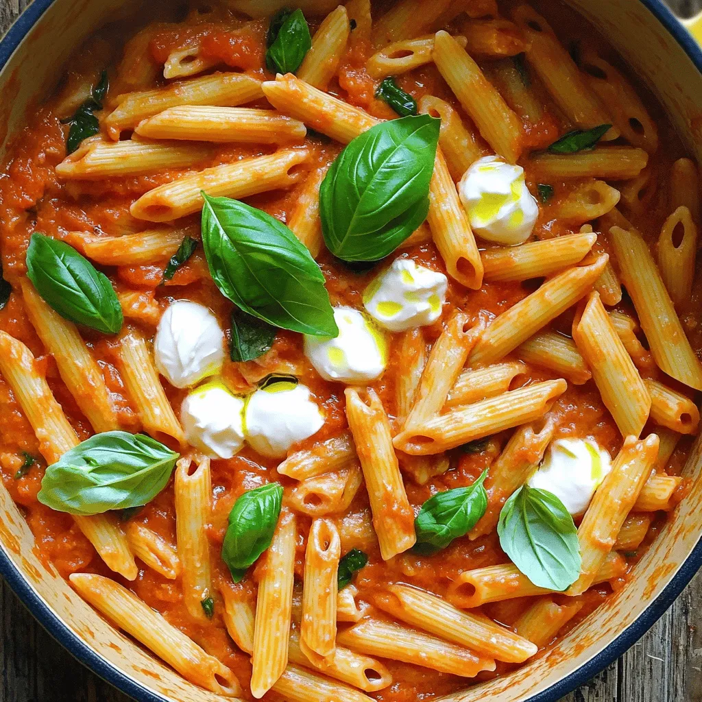 - 12 oz penne pasta - 1 tablespoon olive oil - 3 cloves garlic, minced - 1 can crushed tomatoes - 3 cups vegetable broth - 1 cup heavy cream - ½ cup grated Parmesan cheese - Fresh mozzarella balls - 1 cup fresh basil leaves, chopped - 1 teaspoon dried oregano - Salt and pepper to taste The main ingredients set the base for this creamy dish. Start with 12 oz of penne pasta. This pasta shape holds sauce well and cooks evenly. Add 1 tablespoon of olive oil. This oil helps sauté the garlic, adding a rich flavor. Use 3 cloves of minced garlic. Fresh garlic gives a wonderful aroma. You will also need 1 can of crushed tomatoes. This adds a sweet and tangy base. Finally, use 3 cups of vegetable broth. The broth gives depth and makes the dish hearty. For optional ingredients, consider 1 cup of heavy cream. This cream adds richness and makes the dish creamy. You can also add ½ cup of grated Parmesan cheese for extra flavor. Fresh mozzarella balls are fun to add on top. They melt beautifully and add a lovely texture. For seasoning and garnish, chop 1 cup of fresh basil leaves. Basil brings a fresh taste that pairs well with tomatoes. Use 1 teaspoon of dried oregano for a warm, herbal note. Finally, add salt and pepper to taste. These simple seasonings enhance all the other flavors. For the complete guide on making this dish, be sure to check the Full Recipe. - Heat 1 tablespoon of olive oil in a large pot over medium heat. - Add 3 cloves of minced garlic. Sauté for about 30 seconds until fragrant. Be careful not to let it brown. - Pour in 1 can of crushed tomatoes and 3 cups of vegetable broth. Stir gently to combine. - Add 12 oz of penne pasta to the pot. Bring the mixture to a boil. - Reduce the heat to medium. Cook for 10-12 minutes, stirring occasionally. The pasta should be al dente and most of the liquid absorbed. - Reduce the heat to low. Stir in 1 cup of heavy cream and the chopped basil. Add 1 teaspoon of dried oregano, salt, and pepper to taste. Mix well until creamy. - For extra creaminess, stir in ½ cup of grated Parmesan cheese if desired. - Serve hot, garnished with fresh mozzarella balls and more basil if you like. You can find the Full Recipe for this tasty dish to enjoy! - Avoid overcooking the pasta. Cook it just until it's al dente. This keeps it firm and tasty. - Stir frequently for even cooking. This helps every piece of pasta cook well and soak up flavor. - Use fresh basil instead of dried oregano. Fresh basil gives a bright taste that dried cannot match. - Add chili flakes for spice. A pinch can turn the dish into a delightful kick, making it exciting. - Garnish with fresh mozzarella balls and extra basil. This adds color and a fresh taste to your dish. - Serve with a side salad or crusty bread. Pairing with a light white wine also complements the meal perfectly. For a full guide on making this dish, refer to the Full Recipe. {{image_2}} You can add protein to make this dish heartier. Chicken is a popular option. Simply cook diced chicken in the pot before adding garlic. Cook until no longer pink, then add the next ingredients. For a seafood twist, shrimp works well too. Just toss them in during the last few minutes of cooking. If you prefer vegetarian or vegan options, try chickpeas or lentils. They boost protein and add texture without meat. While penne is great, feel free to explore other pasta shapes. Fusilli or rigatoni can change the dish's look and feel. They hold sauce well, making each bite flavorful. If you need gluten-free options, many brands make rice or corn-based pasta. These work just as well in this recipe. Cook them according to package instructions for best results. To switch up the flavor, consider adding sun-dried tomatoes. They add a rich, tangy taste that pairs beautifully with the creamy sauce. Another option is to experiment with herbs. Besides basil, thyme or parsley can introduce new flavors. Mixing fresh and dried herbs may also enhance the taste. Each variation gives this dish a unique twist and can keep it exciting. For the complete recipe, refer to the Full Recipe. Store your creamy tomato basil pasta in an airtight container. Let it cool to room temperature first. Keep it in the fridge for up to three days. When you reheat, use a microwave or a stovetop. Add a splash of water or broth to keep it creamy. Heat slowly to avoid burning. Yes, you can freeze this creamy pasta! Use a freezer-safe container and store it for up to three months. To thaw, move it to the fridge overnight. For reheating, use the stovetop. Add a bit of cream or broth to restore the texture. For the best taste, eat the pasta within three days if refrigerated. If frozen, enjoy it within three months for the best flavor. Watch for signs of spoilage, like an off smell or changes in color. If you see these, it's time to toss it. It takes about 10 minutes to prep the ingredients. Cooking the pasta takes around 10 to 12 minutes. In total, you will spend about 30 minutes from start to finish. This quick dish is perfect for busy days. Yes, you can make this dish ahead of time. Cook it, then cool it down before storing. Keep it in an airtight container in the fridge for up to three days. Reheat it on the stove, adding a splash of broth or cream as needed. If you want a lighter option, try using half-and-half or whole milk. For a dairy-free choice, use coconut cream or cashew cream. These options still give a rich and creamy taste without the heaviness. Yes, this dish is great for meal prep! Cook it, then portion it into containers. It stays tasty in the fridge for up to three days. You can also freeze it for longer storage. Just remember to reheat gently to keep it creamy. Check out the Full Recipe for more details. This blog post showed you how to make One Pot Creamy Tomato Basil Pasta. You learned the key ingredients, like penne pasta, garlic, and crushed tomatoes. We discussed how to cook the pasta perfectly and add optional flavors like heavy cream and Parmesan. I shared tips to enhance taste and present your dish nicely. You can also explore variations to suit your taste. Whether you plan to make it ahead or store leftovers, you have the tools to enjoy this dish. Now it’s time for you to try it and enjoy a delicious meal.