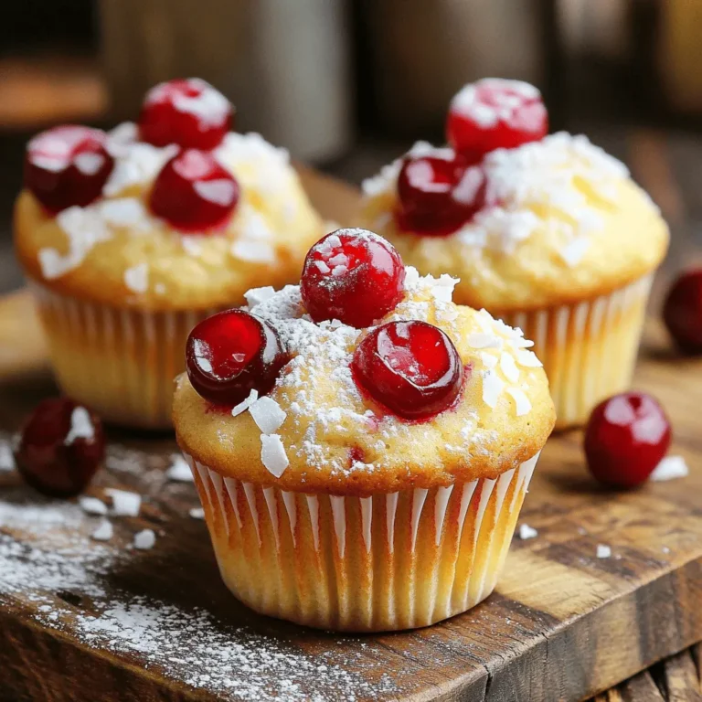 For the Cherry Coconut Muffins, you’ll need the following: - 1 cup all-purpose flour - 1 cup shredded coconut (sweetened or unsweetened) - 1/2 cup sugar - 2 teaspoons baking powder - 1/2 teaspoon baking soda - 1/4 teaspoon salt - 1/2 cup unsweetened coconut milk (or regular milk) - 1/4 cup vegetable oil (or melted coconut oil) - 1 large egg - 1 teaspoon vanilla extract - 1 cup fresh or frozen cherries, pitted and halved - Optional: Additional shredded coconut for topping These ingredients work together to create a tasty treat. The cherries add a bright burst of flavor, while coconut gives a lovely texture. You can easily swap some ingredients if needed. Here are my suggestions: - Flour: Use whole wheat flour for added nutrition. - Sugar: Try brown sugar for a richer flavor. - Milk: Almond or soy milk work well if you need a dairy-free option. - Oil: Use melted butter for a richer taste. - Cherries: Swap cherries with blueberries or raspberries for a different twist. These substitutions can change the flavor slightly but will still yield great muffins. When choosing cherries, look for these signs of freshness: - Color: Pick cherries that are deep red and shiny. - Firmness: They should feel firm, not soft or mushy. - Stem: A fresh stem indicates the cherry is still good. For coconut, choose either sweetened or unsweetened shredded coconut. Check the packaging for freshness dates. Fresh coconut adds great flavor and texture to your muffins. Make sure to check out the Full Recipe for detailed instructions and tips! Start by gathering your ingredients. You will need all-purpose flour, coconut, sugar, baking powder, baking soda, salt, coconut milk, vegetable oil, an egg, vanilla extract, and cherries. 1. Preheat your oven to 350°F (175°C). Line a muffin tin with paper liners or spray it with non-stick spray. 2. In a large bowl, whisk the flour, shredded coconut, sugar, baking powder, baking soda, and salt. Mix until everything is well combined. 3. In a separate bowl, mix the coconut milk, vegetable oil, egg, and vanilla extract. Stir this until it’s smooth. 4. Pour the wet mix into the dry mix. Stir gently until you see no dry flour. Don’t worry about lumps; they are okay! 5. Fold in the cherries carefully. Make sure they are evenly spread throughout the batter. 1. Use a spoon to fill each muffin cup about two-thirds full. This will help them rise nicely. 2. If you want, sprinkle some extra shredded coconut on top of each muffin for added flavor and crunch. 3. Place the muffin tin in the oven and bake for 18 to 22 minutes. Check if they are done by inserting a toothpick into the center. If it comes out clean, they are ready! 1. Let the muffins cool in the pan for about 5 minutes. This makes them easier to remove. 2. After that, transfer them to a wire rack to cool completely. This step helps keep them fluffy. 3. Serve your muffins warm. A light dusting of powdered sugar makes them look pretty! You can also enjoy them with whipped cream for a special treat. For the full recipe, check the section above. Enjoy your delicious Cherry Coconut Muffins! To get that perfect muffin texture, you need to mix gently. After you add the wet ingredients to the dry ones, stir just until combined. Over-mixing can make the muffins tough. A few small lumps in the batter are okay. The goal is a light and fluffy muffin, so handle the batter with care. If you have leftover muffins, let them cool completely. Then, place them in an airtight container. They stay fresh at room temperature for up to three days. For longer storage, you can freeze them. Wrap each muffin in plastic wrap and then in foil. They will last up to three months in the freezer. When you want to enjoy one, just thaw it at room temperature. One common mistake is using old baking powder. Always check the expiration date. If your muffins don’t rise, this could be the reason. Another mistake is not prepping your muffin tin. Grease it well or use liners. This helps the muffins come out easily. Lastly, don’t skip the cooling step. Letting them cool for a bit helps them firm up and taste even better. For the full recipe, check out the details above! {{image_2}} To make vegan cherry coconut muffins, swap the egg for a flax egg. Mix 1 tablespoon of ground flaxseed with 2.5 tablespoons of water. Let it sit for 5 minutes until it thickens. Use coconut milk, just like in the original recipe. Choose a vegan oil, like coconut oil or vegetable oil. Ensure your sugar is vegan-friendly. These changes keep your muffins tasty and plant-based. You can make these muffins gluten-free. Use a gluten-free flour blend instead of all-purpose flour. Look for blends that contain xanthan gum; this helps with texture. The rest of the recipe stays the same. You still get that delicious cherry and coconut flavor! Just make sure all your other ingredients are also gluten-free. Feel free to customize your muffins! You can add chocolate chips for a sweet twist. Fold in about half a cup of dark or white chocolate chips into the batter. You can also add nuts, like chopped walnuts or almonds. These add a nice crunch and flavor. Just use about half a cup of your favorite nuts. Mix them in with the cherries. Enjoy experimenting with flavors! For the full recipe, check [Full Recipe]. To keep your cherry coconut muffins fresh, store them in an airtight container. This prevents moisture loss and keeps them soft. Line the container with a paper towel to absorb excess moisture. Place the muffins in a single layer to avoid crushing them. If you stack them, add another paper towel between layers. Store them at room temperature for up to three days. Freezing muffins is a great way to enjoy them later. First, let the muffins cool completely. Then, wrap each muffin tightly in plastic wrap. After wrapping, place them in a freezer-safe bag or container. Label the bag with the date to track freshness. You can freeze them for up to three months. When you're ready to eat, just thaw them at room temperature. Reheating muffins properly is key to keeping them moist. To reheat, use the oven for the best results. Preheat your oven to 350°F (175°C). Place the muffins on a baking sheet. Heat them for about 10 minutes. You can also wrap muffins in a damp paper towel and microwave them for 15-20 seconds. This method helps retain moisture. Enjoy your muffins warm and fresh, just like when they came out of the oven! For the full recipe, check out Cherry Coconut Muffins. Yes, you can use frozen cherries. They work well in this recipe. Just make sure to thaw them first. Drain any excess liquid so your muffins do not get soggy. The cherry flavor stays bright and tasty, even with frozen fruit. You might notice a bit more juice in your muffins, but that adds to the flavor! To make egg-free muffins, use a simple substitute. You can replace one egg with 1/4 cup of unsweetened applesauce or a mashed banana. Both options keep the muffins moist and soft. You can also use flaxseed meal. Mix one tablespoon of flaxseed with three tablespoons of water. Let it sit for a few minutes to thicken before adding it to the batter. Cherry Coconut Muffins taste great on their own, but you can add extra treats. Serve them warm with a little butter or coconut cream. They pair nicely with a cup of coffee or tea. For a fun twist, top with whipped cream or yogurt for a light dessert. You can also enjoy them with fresh fruit or a sprinkle of powdered sugar for a sweet finish. In this post, we explored how to make delicious cherry coconut muffins. We covered ingredient selection, easy baking steps, and tips for the best results. Remember to use fresh cherries and enjoy experimenting with variations. Storing and reheating your muffins can help keep them tasty, too. Avoid common mistakes to ensure a great outcome every time. Baking is all about fun and trying new things, so don’t hesitate to explore! Enjoy your muffins, and share your creations with friends and family.