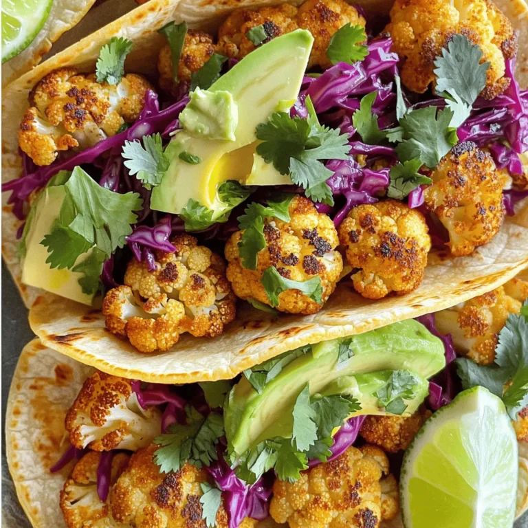 To make tasty roasted cauliflower tacos, gather these main ingredients: - 1 large head of cauliflower, cut into bite-sized florets - 2 tablespoons olive oil - 1 teaspoon smoked paprika - 1 teaspoon ground cumin - 1 teaspoon garlic powder - ½ teaspoon chili powder - Salt and pepper to taste - 8 small corn or flour tortillas These ingredients form the base of your dish. The cauliflower brings a nice texture, while the spices add rich flavor. Feel free to add these optional ingredients to make your tacos unique: - 1 avocado, sliced - ½ cup red cabbage, finely shredded - ¼ cup cilantro, chopped - 1 lime, cut into wedges - Hot sauce for serving These extras give your tacos color and freshness. You can mix and match based on your taste. Beyond the basic spices, you can try different seasonings for a twist: - Add chili flakes for heat. - Use taco seasoning for more flavor. - Experiment with lime zest for brightness. Changing up the seasonings can make each taco night fun and exciting. You might find a new favorite! For the full recipe, check out the details above. First, set your oven to 425°F (220°C). This high heat is key for crispy cauliflower. Next, cut a large head of cauliflower into bite-sized florets. Toss these florets in a large bowl with olive oil, smoked paprika, ground cumin, garlic powder, chili powder, salt, and pepper. Make sure every piece is well-coated for the best flavor. Spread the seasoned florets on a baking sheet. Lay them out in a single layer. This helps them roast evenly. Place the sheet in your hot oven. Roast the cauliflower for 25-30 minutes. Toss it halfway through to ensure even browning. You want them golden and crispy, not mushy. While the cauliflower roasts, it’s time to warm the tortillas. You can do this in a dry skillet over medium heat. Heat each tortilla for about 30 seconds on each side. If you prefer, wrap them in foil and place them in the oven for the last 5 minutes of roasting. This keeps them soft and ready for the tacos. With these steps, your roasted cauliflower tacos will be flavorful and easy to make. For the complete cooking process, check out the Full Recipe. To get crispy roasted cauliflower, start with dry florets. Moisture makes them steam, not roast. After cutting the cauliflower, pat it with a clean towel. This step is key. Use enough oil to coat the florets. I suggest two tablespoons of olive oil for one large head. The oil helps crisp the edges. Don't crowd the baking sheet. Give each piece space to roast evenly. Toss the florets halfway through cooking to ensure they brown nicely. When serving your roasted cauliflower tacos, think fresh! I like to add creamy avocado slices. They add a rich flavor and smooth texture. Shredded red cabbage brings a nice crunch. For a pop of green, sprinkle chopped cilantro on top. You can also squeeze fresh lime juice over the tacos. This adds brightness and balances the flavors. If you like heat, a drizzle of hot sauce is a great idea. These tacos pair well with a variety of sides. I recommend a light salad or some Spanish rice for balance. You can also serve them with a zesty salsa or a cool yogurt dip. Dips made from avocado or yogurt add creaminess and flavor. A side of black beans will add protein and fiber. They make the meal more filling. Enjoy your delicious roasted cauliflower tacos with these tasty sides! {{image_2}} If you want to keep your tacos vegan, skip the dairy. Use plant-based yogurt or cashew cream. These options add creaminess without any dairy. You can also add a sprinkle of nutritional yeast for a cheesy taste. It pairs well with the roasted cauliflower. To make these tacos gluten-free, choose corn tortillas. They are tasty and safe for those avoiding gluten. Check labels on store-bought tortillas to ensure they are gluten-free. You can also use lettuce leaves as a wrap for a fresh twist. Get creative with flavors! Try adding mango salsa for a sweet touch. Roasted peppers can add a smoky flavor. You can also mix in some black beans for protein and texture. Experiment with different toppings like pickled onions or jalapeños. Each bite can bring a new taste adventure. Check out the Full Recipe for ideas on how to combine flavors! To keep leftover roasted cauliflower fresh, let it cool first. Place it in an airtight container. Store it in the fridge for up to four days. If you want to freeze it, use a freezer-safe bag. It can last for about three months in the freezer. When storing in the fridge, keep the cauliflower separate from the tortillas. This prevents the tortillas from getting soggy. Make sure to label your containers with the date. This helps you know how long it has been stored. Reheat the cauliflower in the oven for best results. Set your oven to 350°F (175°C). Spread the cauliflower on a baking sheet and heat for about 10-15 minutes. You can also use a microwave. Heat it for 1-2 minutes, but the oven gives better texture and taste. Enjoy your roasted cauliflower tacos with fresh toppings from the Full Recipe! You can use several vegetables instead of cauliflower. Broccoli works well and has a similar texture. You can also try sweet potatoes or butternut squash. These veggies roast nicely and add great taste. If you want a different flavor, use mushrooms. They give a nice umami touch. Just remember to adjust cooking times based on the veggie you choose. Yes, you can prep these tacos ahead of time. Roast the cauliflower and store it in the fridge. It stays fresh for up to three days. When you’re ready to eat, just reheat it in the oven for a few minutes. You can also warm the tortillas again. Assemble the tacos right before serving for a great taste. To add heat, you have many options. First, increase the chili powder in the recipe. You can also add diced jalapeños when assembling the tacos. If you like sauces, drizzle on some hot sauce. Another idea is to mix in a bit of cayenne pepper with the seasoning. Experiment to find your perfect spice level! Roasted cauliflower tacos are tasty and easy to make. You learned the main ingredients and how to customize your tacos. We discussed roasting techniques and warming tortillas. The tips ensure your cauliflower has great texture. Don't forget about vegan and gluten-free options. Storing leftovers can keep your tacos fresh for later. Try these tips in your kitchen. Enjoy the flavors and fun of making your tacos!