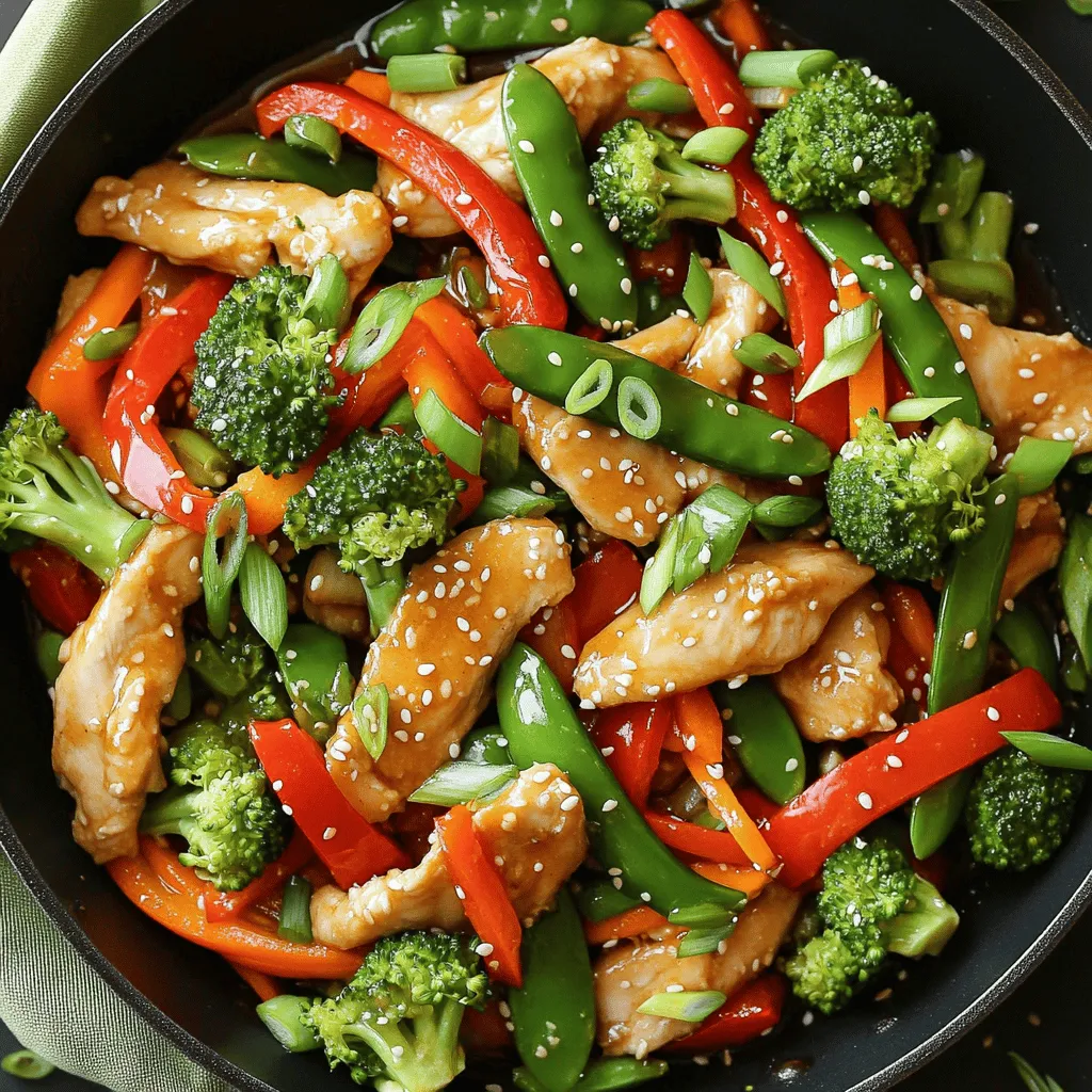 For a tasty Chicken and Veggie Stir Fry, gather these items: - 2 boneless, skinless chicken breasts, sliced thinly - 2 tablespoons soy sauce - 1 tablespoon honey - 1 tablespoon sesame oil - 1 red bell pepper, sliced - 1 cup broccoli florets - 1 cup snap peas - 1 carrot, julienned - 2 cloves garlic, minced - 1 teaspoon ginger, grated - 1 tablespoon corn starch mixed with 2 tablespoons water (for thickening) - 3 green onions, chopped (for garnish) - Sesame seeds (for garnish) Using fresh, high-quality ingredients makes a big difference. Look for bright, firm vegetables. Choose chicken that is pink and has no spots. Fresh garlic and ginger add great flavor. Always use low-sodium soy sauce if you want less salt. This helps keep your dish tasty without being too salty. If you have dietary needs, here are some easy swaps: - For gluten-free, use tamari instead of soy sauce. - For a vegan option, replace chicken with tofu or tempeh. - If you're allergic to sesame, use olive oil instead of sesame oil. - You can swap honey with maple syrup for a vegan sweetener. These changes keep the dish delicious while catering to your needs! For the complete process, check the Full Recipe. Start by marinating the chicken. In a bowl, combine sliced chicken with soy sauce, honey, and sesame oil. This mix adds great flavor. Let the chicken soak for about 15 minutes. The longer it waits, the more tasty it gets. Next, heat a large skillet or wok over medium-high heat. Add a dash of cooking oil if needed. Once hot, add the marinated chicken. Stir-fry it until it's golden brown. This takes about 5 to 6 minutes. Make sure it's cooked through. When done, take the chicken out and set it aside. This will keep it juicy. Now, let’s stir-fry the veggies. In the same skillet, add minced garlic and grated ginger. Stir them for about 30 seconds. This brings out their aroma. Then, toss in the sliced red bell pepper, broccoli, snap peas, and carrot. Stir-fry these for 3 to 4 minutes. You want them tender but still crisp. After the veggies are ready, return the chicken to the skillet. Then, stir in the corn starch mix. This will thicken the sauce. Cook everything together for an additional 2 minutes. Now, you have a delicious chicken and veggie stir fry! For the full recipe, check the details above. Pick fresh, colorful veggies for your stir fry. I love using bell peppers, broccoli, and snap peas. They add great texture and taste. You can also try carrots, zucchini, or baby corn. Just remember to cut them into similar sizes. This helps them cook evenly and stay crunchy. Soy sauce is a must for stir fry. It adds saltiness and depth. Honey brings sweetness to balance the flavors. You can also add garlic and ginger for a nice kick. If you want a spicy touch, try red pepper flakes or sriracha. These seasonings will make your dish sing! Heat is key for a great stir fry. Use a hot skillet or wok. This helps to sear the chicken and veggies quickly. Keep stirring to avoid burning. I usually cook the chicken first, then add garlic and ginger. Finally, toss in the veggies. Stir-fry them until they're bright and crisp. Follow the Full Recipe to see this in action! {{image_2}} You can swap chicken for many other proteins. Try shrimp for a seafood twist. Tofu works well for a vegetarian option. Thinly sliced beef adds a rich flavor. For a lighter choice, you can use turkey. Each protein brings its own taste and texture. Feel free to mix and match your veggies. Bell peppers, carrots, and broccoli are great, but you can add more! Try zucchini, mushrooms, or even spinach. You can use whatever is in your fridge. Just make sure they are fresh for the best taste. The sauce can change the whole dish. You can use teriyaki sauce for a sweet kick. Add chili sauce for some heat. A splash of lime juice gives a bright taste. If you want a creamy texture, mix in some peanut butter. Each sauce offers a new experience, so have fun with it! For the full recipe, check the link above. To keep your chicken and veggie stir fry fresh, use an airtight container. Let it cool before sealing. Store it in the fridge for up to three days. Label the container with the date for easy tracking. This way, you won’t forget about it! When you’re ready to eat the leftovers, reheat them gently. Use a skillet over medium heat for the best results. Add a splash of water or broth to help steam the dish. Stir it often until it is warm throughout. This keeps the veggies crunchy and the chicken juicy. You can freeze chicken and veggie stir fry too! Place it in a freezer-safe bag or container. Remove as much air as possible to prevent freezer burn. It will stay good for up to three months. When you’re ready to eat, thaw it overnight in the fridge. Then reheat it as mentioned above. Enjoy your tasty meal anytime! The best way to cut chicken for stir fry is to slice it thin. Use a sharp knife for clean cuts. Cut against the grain to make it tender. Thin pieces cook fast and stay juicy. If the chicken is slightly frozen, it’s easier to slice. Aim for uniform pieces to ensure even cooking. Yes, you can use frozen vegetables for this recipe. Frozen veggies save time and are often pre-washed. They can be just as nutritious as fresh ones. If using frozen, add them to the skillet after the chicken is cooked. Stir fry until heated through, but don’t overcook them. You can store chicken and veggie stir fry in the fridge for about three days. Make sure to put it in an airtight container. This keeps the dish fresh and tasty. When reheating, check the temperature. It should be heated to 165°F for safety. This Chicken and Veggie Stir Fry is low in carbs and high in protein. A serving provides about 250 calories. It has a good amount of vitamins from the veggies. You also get healthy fats from sesame oil. This dish is balanced and great for a healthy diet. For the full recipe, check the details above. This blog post covered how to make a tasty chicken and veggie stir fry. We looked at key ingredients, their quality, and substitutions for any diets. I shared important steps, tips for the best flavors, and unique variations to try. Proper storage and reheating methods ensure your meal stays fresh. By following these tips, you can create a quick and delicious dish every time. Enjoy mixing it up with new flavors and techniques!