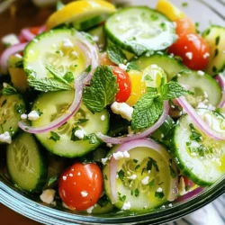 - Cucumbers - Red onion - Cherry tomatoes - Fresh parsley - Fresh mint leaves For this zesty lemon cucumber salad, fresh ingredients are key. You want to use crisp cucumbers as the base. They add a cool crunch. Slice them thin for the best texture. The red onion gives a mild bite. Cherry tomatoes add sweetness and color. Fresh parsley and mint bring bright flavors. They make the salad taste fresh and lively. - Lemon juice - Extra-virgin olive oil - Honey (optional) The dressing is simple but packed with flavor. You’ll need fresh lemon juice for a tangy kick. It balances the salad nicely. Extra-virgin olive oil adds richness. It brings all the ingredients together. If you like a hint of sweetness, add honey. This will round out the flavors and make each bite delightful. - Salt and pepper to taste Salt and pepper are essential for enhancing taste. They bring out the natural flavors in the cucumbers and tomatoes. Just sprinkle a bit on, then taste. You can always add more if needed. This simple step makes a big difference in overall flavor. For the full recipe, check out the instructions section. You’ll find everything you need to make this refreshing salad. First, wash your cucumbers under cold water. Make sure they are clean. Next, slice the cucumbers into thin rounds or half-moons. I prefer half-moons for a nice shape. Place them in a large mixing bowl. Now, take your red onion. Slice it thinly, just like the cucumbers. The thin slices will mix well. Then, halve the cherry tomatoes and add them to the bowl. The colors will look great together. Now it's time to combine everything. In your large bowl, mix the cucumbers, red onion, and cherry tomatoes. This will create a fresh base. Next, sprinkle in the chopped parsley and mint. These herbs add a burst of flavor. For the dressing, grab a small bowl. Whisk together the lemon juice, olive oil, and honey if you want a touch of sweetness. Season it with salt and pepper to taste. This dressing will tie everything together. Pour the dressing over the mixed vegetables. Gently toss everything until each piece is coated. This step is key for great flavor. Let the salad sit for about 10 minutes. This allows the flavors to meld. Just before serving, give the salad another stir. Taste it and adjust the seasoning if needed. Your Lemon Cucumber Salad is now ready to enjoy! For the full recipe, check the Full Recipe section. - Use the juice of 1 large lemon. This adds a bright, tangy taste. - Fresh herbs like parsley and mint boost the salad's flavor. They add a nice touch of freshness. - Serve the salad in a clear glass bowl. This shows off the colorful ingredients. - Garnish with extra mint leaves or a sprinkle of feta cheese. This makes your dish look appealing and fancy. - Prepare the salad ahead of time. This gives the flavors time to mix. - Adjust the ingredients to fit your taste. You can add more lemon or herbs if you like. For the complete recipe, check out the Full Recipe section. {{image_2}} You can easily change up the flavors in this salad. Adding feta cheese makes it creamier and adds a salty bite. Just crumble some feta over the top just before serving. It pairs well with the lemon and cucumber. Incorporating bell peppers adds crunch and color. Use red, yellow, or orange bell peppers for sweetness. Slice them thin and mix them into the salad. This twist makes the dish more colorful and exciting. While the lemon dressing is fresh, you can try other dressings for variety. A balsamic vinaigrette adds a sweet tang that blends well with the cucumber. Cream-based dressings, like ranch or yogurt-based dressings, also work. They add a rich creaminess that can be quite enjoyable. Feel free to experiment until you find your favorite! Using seasonal vegetables can make your salad even better. In summer, add fresh corn for sweetness. In fall, try diced apples for crunch and a slight sweetness. You can also modify this salad for holiday themes. For example, in winter, add pomegranate seeds for color and a festive touch. These small changes keep the salad fresh and fun! You can find the full recipe for this delicious salad in the earlier section. Store any leftover lemon cucumber salad in an airtight container. This keeps the flavors fresh and vibrant. I like to use glass containers, as they help me see what's inside. They also do not stain or retain odors. A good lid ensures no air gets in. This way, the salad stays crisp and tasty for longer. To keep your ingredients fresh, store cucumbers separately. They last longer when not mixed with the dressing. You can also wrap cucumbers in a damp paper towel. Place them in a plastic bag to keep them moist. For longer storage, consider freezing the herbs. Just chop them, mix with olive oil, and freeze in an ice cube tray. This way, you can have fresh herbs ready for your next meal. The salad will stay fresh in the fridge for about 2 to 3 days. After that, the cucumbers may get soggy. Look for signs of spoilage, like a mushy texture or off smell. If the salad starts to smell sour, it's best to toss it out. Enjoy your lemon cucumber salad while it's at its best! For salads, I recommend using English cucumbers or Persian cucumbers. They have fewer seeds and a thin skin, which makes them perfect for fresh dishes. English cucumbers are long and straight, while Persian cucumbers are smaller and crunchier. Both add a crisp texture and a refreshing taste to your salad. Yes, you can make this salad ahead of time. However, it’s best to keep the dressing separate if you plan to store it. Mix the salad ingredients and store them in the fridge. Just add the dressing right before serving. This keeps the vegetables crunchy and fresh. You can store lemon cucumber salad in the fridge for up to two days. After that, the cucumbers may become soggy. Always check for signs of spoilage, like a bad smell or a slimy texture. For the best taste, enjoy it fresh! This blog post shared a fresh and vibrant cucumber salad recipe. We discussed the key ingredients, preparation steps, and tips to enhance flavor. You learned how to mix and present your salad beautifully. Remember, you can adjust ingredients to match your taste or season. Embrace variations to keep it exciting, and follow our storage tips for lasting freshness. Making this salad is easy, enjoyable, and perfect for any meal. Try it, and you'll savor the freshness every time!