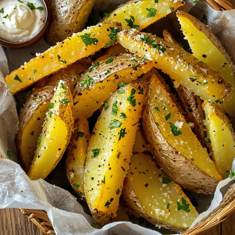 To make crispy garlic herb potato wedges, gather these simple ingredients: - 4 large russet potatoes, washed and cut into wedges - 3 tablespoons olive oil - 4 cloves garlic, minced - 1 teaspoon dried oregano - 1 teaspoon dried thyme - 1 teaspoon paprika - ½ teaspoon salt - ½ teaspoon black pepper - Fresh parsley, chopped (for garnish) - Grated Parmesan cheese (optional) If you want to switch things up, here are some tasty swaps: - Use sweet potatoes for a sweeter flavor. - Swap olive oil for avocado oil for a different taste. - Try fresh herbs instead of dried for a bolder flavor. - Use garlic powder if you’re short on fresh garlic. - Replace Parmesan with nutritional yeast for a vegan option. The right potato makes all the difference. Here are my tips: - Go for russet potatoes. They are starchy and crisp up well. - Look for firm potatoes. Avoid any with soft spots or blemishes. - Choose medium to large sizes. They are easier to cut into wedges. - Check the skin. It should be smooth and free of wrinkles. - Buy organic if possible. This helps avoid pesticides and enhances flavor. These small details help create the best crispy garlic herb potato wedges. For the full recipe, refer to the earlier section. Enjoy your cooking! First, wash your russet potatoes well. Use a brush to remove dirt. Cut them into wedges. Aim for even sizes so they cook well. In a large bowl, mix olive oil, minced garlic, oregano, thyme, paprika, salt, and black pepper. This mix gives the wedges their tasty flavor. Add the potato wedges to the bowl. Toss them well to coat each wedge. This step ensures every bite is full of flavor. Preheat your oven to 425°F (220°C). This step is key for getting crispy edges. Line a baking sheet with parchment paper. This helps with easy clean-up and prevents sticking. Spread the coated potato wedges in a single layer on the sheet. Avoid overcrowding; it helps them crisp up. Bake the wedges for 25-30 minutes. Flip them halfway through cooking. This ensures even browning and crispiness. When they turn golden brown, they are ready. To make your potato wedges crispy, choose the right potatoes. Russet potatoes work best because they have a high starch content. Soaking the wedges in water for 30 minutes before cooking can help too. This draws out excess starch. Make sure to dry them completely before adding oil. Also, avoid touching the wedges too much while baking. Let them cook uninterrupted for a better crunch. Optionally, sprinkle grated Parmesan cheese on top while they are still hot. This adds flavor and a nice crisp layer. For a beautiful finish, garnish with chopped parsley before serving. For the full recipe, check out the details above. To make your potato wedges tasty, use a mix of herbs and spices. I love using olive oil, garlic, and herbs like oregano and thyme. Start with three tablespoons of olive oil. Then add four minced garlic cloves. This combo gives the wedges a great flavor. Don’t forget to use salt and pepper. A teaspoon of paprika adds a nice touch. Mix these ingredients in a bowl before adding the potato wedges. This helps every wedge get coated well. Cutting potatoes evenly makes sure they cook the same way. Start with washed russet potatoes. Cut each potato in half lengthwise. Then, cut each half into wedges. Aim for wedges about one inch thick. This size helps them crisp up nicely. If you want, use a sharp knife for clean cuts. A ruler can help if you want to be precise. Uniform wedges will bake better and look great. Using the right tools makes cooking easy. A large mixing bowl is great for tossing your wedges with seasonings. Use a baking sheet lined with parchment paper. This makes clean-up a breeze. An oven thermometer can help check that your oven is at the right temperature. For the best results, use a spatula to flip the wedges halfway through cooking. This ensures they get golden brown on all sides. You can find the full recipe [here](#). {{image_2}} You can mix and match flavors for your potato wedges. If you want a spicy kick, add some cayenne pepper. You can also use fresh herbs like rosemary or basil for a new taste. Try some cheese powder for a cheesy flavor. You can even add a squeeze of lemon juice for brightness. These tweaks keep the dish exciting and fun. If you want to try different cooking methods, the air fryer is a great option. It can make the wedges crispy with less oil. Cook them at 400°F for about 20 minutes. Shake the basket halfway through for even cooking. For a deep-fried version, heat oil to 350°F. Fry the wedges until golden brown, about 5-7 minutes. Both methods give you delicious results. To make your crispy garlic herb potato wedges stand out, serve them with dips. Garlic aioli or spicy ketchup adds extra flavor. You can also add a sprinkle of crumbled feta or a drizzle of balsamic glaze for a gourmet touch. For a complete meal, pair them with grilled chicken or a fresh salad. These ideas will take your side dish to the next level. For the full recipe, check out the original instructions. To keep your leftover potato wedges fresh, let them cool first. Place them in an airtight container. You can also wrap them tightly in plastic wrap. Store them in the fridge. They will stay good for 3 to 5 days. If you want to enjoy them later, freezing is a great option. For the best taste, reheat your potato wedges in the oven. Preheat your oven to 400°F (200°C). Spread the wedges on a baking sheet. Heat them for about 10-15 minutes. This keeps them crispy. You can also use an air fryer. Just heat them for about 5-7 minutes. They will taste almost as good as fresh! If you want to freeze your wedges, first let them cool. Place them in a single layer on a baking sheet. Freeze them until solid, then transfer to a freezer bag. Make sure to remove as much air as possible. They will last up to 3 months in the freezer. To thaw, take them out and leave them in the fridge overnight. Reheat them as mentioned before for the best results. If you don't have parsley, try using chives or cilantro. Chives add a mild onion taste. Cilantro brings a fresh, bright flavor. Both options look great on the dish. You can even use arugula for a peppery kick. Just chop them finely before using. To make your potato wedges crispier, soak them in cold water for 30 minutes. This helps remove excess starch, which can make them soggy. After soaking, dry the wedges well with a towel. Toss them with oil and seasonings before baking. Using a hot oven also helps achieve that golden crunch. Yes, you can prepare the potato wedges ahead of time. Cut and season them, then place them in an airtight container. Store them in the fridge for up to 24 hours. When ready to bake, just pop them in the oven. They will still taste fresh and delicious. For the full recipe, check the earlier section. In this blog post, we explored making crispy garlic herb potato wedges. We covered ingredients, from the best potatoes to tasty substitutes. I gave you step-by-step baking instructions and tips for optimal crispiness. We discussed seasoning, cutting techniques, and cooking methods. You can elevate your dish with flavor variations and smart serving ideas. Lastly, I shared how to store and reheat leftovers. Remember, these wedges are easy to make and packed with flavor. Enjoy your cooking journey and the delightful snacks ahead!