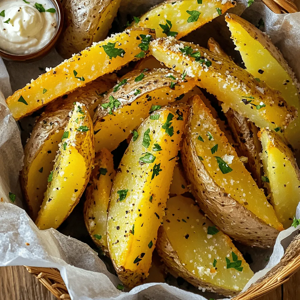 To make crispy garlic herb potato wedges, gather these simple ingredients: - 4 large russet potatoes, washed and cut into wedges - 3 tablespoons olive oil - 4 cloves garlic, minced - 1 teaspoon dried oregano - 1 teaspoon dried thyme - 1 teaspoon paprika - ½ teaspoon salt - ½ teaspoon black pepper - Fresh parsley, chopped (for garnish) - Grated Parmesan cheese (optional) If you want to switch things up, here are some tasty swaps: - Use sweet potatoes for a sweeter flavor. - Swap olive oil for avocado oil for a different taste. - Try fresh herbs instead of dried for a bolder flavor. - Use garlic powder if you’re short on fresh garlic. - Replace Parmesan with nutritional yeast for a vegan option. The right potato makes all the difference. Here are my tips: - Go for russet potatoes. They are starchy and crisp up well. - Look for firm potatoes. Avoid any with soft spots or blemishes. - Choose medium to large sizes. They are easier to cut into wedges. - Check the skin. It should be smooth and free of wrinkles. - Buy organic if possible. This helps avoid pesticides and enhances flavor. These small details help create the best crispy garlic herb potato wedges. For the full recipe, refer to the earlier section. Enjoy your cooking! First, wash your russet potatoes well. Use a brush to remove dirt. Cut them into wedges. Aim for even sizes so they cook well. In a large bowl, mix olive oil, minced garlic, oregano, thyme, paprika, salt, and black pepper. This mix gives the wedges their tasty flavor. Add the potato wedges to the bowl. Toss them well to coat each wedge. This step ensures every bite is full of flavor. Preheat your oven to 425°F (220°C). This step is key for getting crispy edges. Line a baking sheet with parchment paper. This helps with easy clean-up and prevents sticking. Spread the coated potato wedges in a single layer on the sheet. Avoid overcrowding; it helps them crisp up. Bake the wedges for 25-30 minutes. Flip them halfway through cooking. This ensures even browning and crispiness. When they turn golden brown, they are ready. To make your potato wedges crispy, choose the right potatoes. Russet potatoes work best because they have a high starch content. Soaking the wedges in water for 30 minutes before cooking can help too. This draws out excess starch. Make sure to dry them completely before adding oil. Also, avoid touching the wedges too much while baking. Let them cook uninterrupted for a better crunch. Optionally, sprinkle grated Parmesan cheese on top while they are still hot. This adds flavor and a nice crisp layer. For a beautiful finish, garnish with chopped parsley before serving. For the full recipe, check out the details above. To make your potato wedges tasty, use a mix of herbs and spices. I love using olive oil, garlic, and herbs like oregano and thyme. Start with three tablespoons of olive oil. Then add four minced garlic cloves. This combo gives the wedges a great flavor. Don’t forget to use salt and pepper. A teaspoon of paprika adds a nice touch. Mix these ingredients in a bowl before adding the potato wedges. This helps every wedge get coated well. Cutting potatoes evenly makes sure they cook the same way. Start with washed russet potatoes. Cut each potato in half lengthwise. Then, cut each half into wedges. Aim for wedges about one inch thick. This size helps them crisp up nicely. If you want, use a sharp knife for clean cuts. A ruler can help if you want to be precise. Uniform wedges will bake better and look great. Using the right tools makes cooking easy. A large mixing bowl is great for tossing your wedges with seasonings. Use a baking sheet lined with parchment paper. This makes clean-up a breeze. An oven thermometer can help check that your oven is at the right temperature. For the best results, use a spatula to flip the wedges halfway through cooking. This ensures they get golden brown on all sides. You can find the full recipe [here](#). {{image_2}} You can mix and match flavors for your potato wedges. If you want a spicy kick, add some cayenne pepper. You can also use fresh herbs like rosemary or basil for a new taste. Try some cheese powder for a cheesy flavor. You can even add a squeeze of lemon juice for brightness. These tweaks keep the dish exciting and fun. If you want to try different cooking methods, the air fryer is a great option. It can make the wedges crispy with less oil. Cook them at 400°F for about 20 minutes. Shake the basket halfway through for even cooking. For a deep-fried version, heat oil to 350°F. Fry the wedges until golden brown, about 5-7 minutes. Both methods give you delicious results. To make your crispy garlic herb potato wedges stand out, serve them with dips. Garlic aioli or spicy ketchup adds extra flavor. You can also add a sprinkle of crumbled feta or a drizzle of balsamic glaze for a gourmet touch. For a complete meal, pair them with grilled chicken or a fresh salad. These ideas will take your side dish to the next level. For the full recipe, check out the original instructions. To keep your leftover potato wedges fresh, let them cool first. Place them in an airtight container. You can also wrap them tightly in plastic wrap. Store them in the fridge. They will stay good for 3 to 5 days. If you want to enjoy them later, freezing is a great option. For the best taste, reheat your potato wedges in the oven. Preheat your oven to 400°F (200°C). Spread the wedges on a baking sheet. Heat them for about 10-15 minutes. This keeps them crispy. You can also use an air fryer. Just heat them for about 5-7 minutes. They will taste almost as good as fresh! If you want to freeze your wedges, first let them cool. Place them in a single layer on a baking sheet. Freeze them until solid, then transfer to a freezer bag. Make sure to remove as much air as possible. They will last up to 3 months in the freezer. To thaw, take them out and leave them in the fridge overnight. Reheat them as mentioned before for the best results. If you don't have parsley, try using chives or cilantro. Chives add a mild onion taste. Cilantro brings a fresh, bright flavor. Both options look great on the dish. You can even use arugula for a peppery kick. Just chop them finely before using. To make your potato wedges crispier, soak them in cold water for 30 minutes. This helps remove excess starch, which can make them soggy. After soaking, dry the wedges well with a towel. Toss them with oil and seasonings before baking. Using a hot oven also helps achieve that golden crunch. Yes, you can prepare the potato wedges ahead of time. Cut and season them, then place them in an airtight container. Store them in the fridge for up to 24 hours. When ready to bake, just pop them in the oven. They will still taste fresh and delicious. For the full recipe, check the earlier section. In this blog post, we explored making crispy garlic herb potato wedges. We covered ingredients, from the best potatoes to tasty substitutes. I gave you step-by-step baking instructions and tips for optimal crispiness. We discussed seasoning, cutting techniques, and cooking methods. You can elevate your dish with flavor variations and smart serving ideas. Lastly, I shared how to store and reheat leftovers. Remember, these wedges are easy to make and packed with flavor. Enjoy your cooking journey and the delightful snacks ahead!