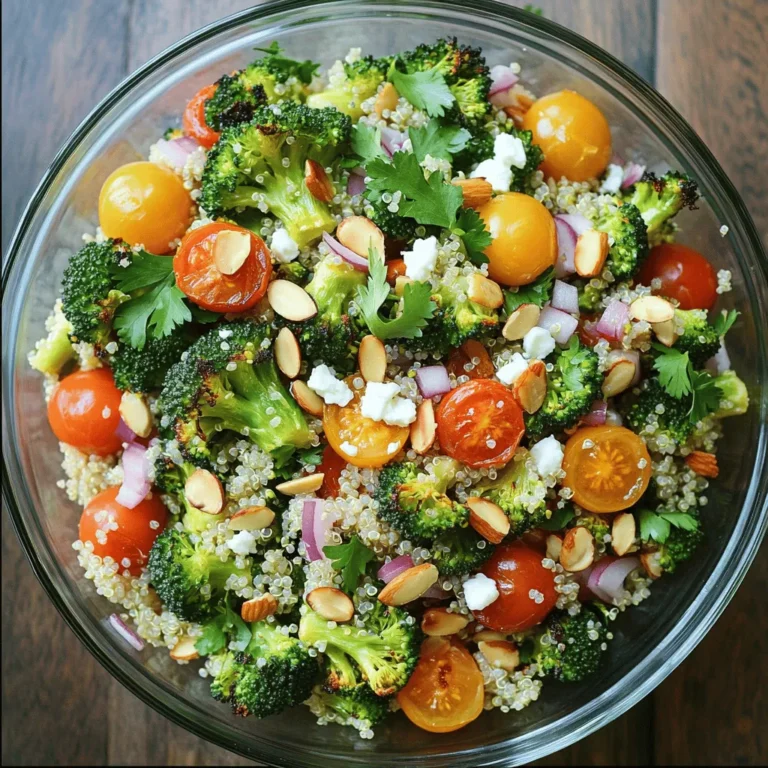 This salad is simple yet packed with flavor. Here’s what you need: - 1 cup quinoa, rinsed - 2 cups water or vegetable broth - 1 large head of broccoli, cut into florets - 3 tablespoons olive oil - 1 teaspoon garlic powder - 1/2 teaspoon salt - 1/4 teaspoon black pepper - 1/2 cup cherry tomatoes, halved - 1/4 cup red onion, diced - 1/4 cup feta cheese, crumbled (optional) - 1/4 cup almonds, roughly chopped - 2 tablespoons lemon juice - Fresh parsley for garnish Want to boost the taste? Here are some great add-ins: - Avocado slices for creaminess - Chickpeas for added protein - Sun-dried tomatoes for a tangy kick - Fresh herbs like basil or cilantro for brightness - Spinach or arugula for extra greens Each key ingredient offers unique benefits: - Quinoa is high in protein and fiber. It helps keep you full. - Broccoli is rich in vitamins C and K. It’s great for your immune system. - Cherry tomatoes add antioxidants. They help fight inflammation. - Olive oil contains healthy fats. It supports heart health. - Feta cheese provides calcium. It can enhance bone strength. - Almonds offer healthy fats and protein. They boost energy levels. By mixing these ingredients, you create a colorful, healthy dish that’s fun to eat. For the full recipe, you can check the details to get started. Start by rinsing 1 cup of quinoa under cold water. This step removes bitterness and helps the quinoa taste great. Next, add the rinsed quinoa to a medium saucepan. Pour in 2 cups of water or vegetable broth for extra flavor. Bring the mixture to a boil over high heat. Once boiling, lower the heat and cover the pot. Let it simmer for about 15 minutes. The quinoa will become fluffy and absorb all the liquid. After 15 minutes, remove it from heat. Let it sit for 5 minutes, covered. Finally, fluff the quinoa with a fork to separate the grains. While the quinoa cooks, prepare the broccoli. Cut 1 large head of broccoli into bite-sized florets. Spread the florets out on a baking sheet. Drizzle with 2 tablespoons of olive oil. Then, sprinkle 1 teaspoon of garlic powder, 1/2 teaspoon salt, and 1/4 teaspoon black pepper over the broccoli. Toss the florets to coat them evenly with the oil and seasonings. Preheat your oven to 425°F (220°C) and roast the broccoli for 15-20 minutes. It should be tender and slightly charred. Remember to stir halfway through for even roasting. In a large mixing bowl, combine the cooked quinoa and roasted broccoli. Add 1/2 cup of halved cherry tomatoes, 1/4 cup of diced red onion, and 1/4 cup of crumbled feta cheese if you like. Then, toss in 1/4 cup of roughly chopped almonds for a crunchy texture. Drizzle the remaining tablespoon of olive oil and 2 tablespoons of lemon juice over the salad. Gently toss everything together to mix well. Taste the salad and adjust any seasonings to your liking. Serve the salad warm or at room temperature, garnished with fresh parsley for a bright finish. For the full recipe, check out the detailed instructions. To make your roasted broccoli quinoa salad pop, think layers of flavor. Start with quality olive oil. A good oil adds depth to any dish. Use fresh lemon juice for brightness. It lifts the flavors. Add fresh herbs like parsley or basil for a fresh taste. You can also try a splash of balsamic vinegar. It gives a nice tang that pairs well with the broccoli. If you love heat, add a pinch of red pepper flakes. Just a little can spice things up. This salad is great for meal prep. Cook the quinoa a day ahead. Let it cool, then store it in the fridge. Roast the broccoli when you have time. It keeps well and tastes even better the next day. Combine everything right before you eat. This keeps the salad fresh and vibrant. You can also pack it for lunch. Just keep the dressing separate until you are ready to eat. Cooking quinoa is simple. Rinse it well under cold water first. This removes the bitter coating. Use a 2:1 ratio of water or broth to quinoa. Bring it to a boil, then reduce to a simmer. Cover and let it cook for about 15 minutes. Fluff it with a fork afterward. For the broccoli, preheat your oven to 425°F (220°C). Roast until it’s tender and slightly charred. This caramelizes the natural sugars. It adds a sweet, nutty flavor that enhances the salad. Don't forget to check on it while roasting to ensure even cooking. For the best taste, use fresh ingredients. Fresh veggies and herbs make a big difference. For the full recipe, you can find all the details above. {{image_2}} You can add protein to your roasted broccoli quinoa salad in many ways. Grilled chicken or shrimp works well. Tofu is a great choice for a plant-based option. Chickpeas or black beans also add protein and fiber. Simply toss your choice into the salad for a heartier meal. If you have dietary needs, you can easily swap ingredients. For gluten-free diets, use quinoa as your main grain. Leave out cheese to make it dairy-free. You can also replace almonds with sunflower seeds if you have nut allergies. The salad still tastes great with these changes. Seasonal ingredients can keep your salad fresh and exciting. In summer, add fresh corn or bell peppers for a sweet crunch. In fall, try roasted sweet potatoes or butternut squash for warmth. Use whatever is fresh and in season to make your dish vibrant and full of flavor. For a complete guide, check out the Full Recipe. To keep your roasted broccoli quinoa salad fresh, let it cool first. Place the salad in an airtight container. Make sure to seal it tightly. This keeps moisture out and locks in flavor. You can store it in the fridge for up to four days. Use glass or plastic containers with tight lids. Glass containers are great since they do not stain or hold odors. Plastic containers are lightweight and easy to store. Either option works well as long as they are airtight. You can enjoy the salad cold or warm. If you want to reheat it, do so gently. Heat a small portion in the microwave for 30 seconds. Stir and check if it’s warm enough. You can also add a splash of olive oil or lemon juice for extra flavor. For the best taste, I recommend enjoying it cold after it has chilled in the fridge. Check out the full recipe for more details on how to prepare this dish. To make this salad vegan, skip the feta cheese. You can also add more nuts or seeds for extra flavor. Nutritional yeast is a great cheese substitute. It gives a cheesy taste without dairy. Yes, you can use other grains like farro or barley. Each grain brings its own flavor and texture. Just make sure to cook them according to their package instructions. Quinoa cooks fast, so adjust your timing as needed. This salad pairs well with grilled chicken or fish. You can also serve it with hummus or a veggie wrap for a light meal. Consider adding a side of fresh fruit for a balanced plate. You can store the salad in the fridge for about 3 to 5 days. Make sure you keep it in an airtight container. The flavors will meld over time, making it even tastier. Just give it a good stir before serving. For the full recipe, check out the details above. Roasted broccoli quinoa salad combines key ingredients for taste and health. You learned how to cook quinoa and roast broccoli perfectly. We discussed tips to enhance flavor and make the dish convenient. Variations let you personalize it for any diet and season. Don’t forget about storage to keep leftovers fresh. This salad is tasty, healthy, and easy to make. Enjoy the flavors and benefits it brings!