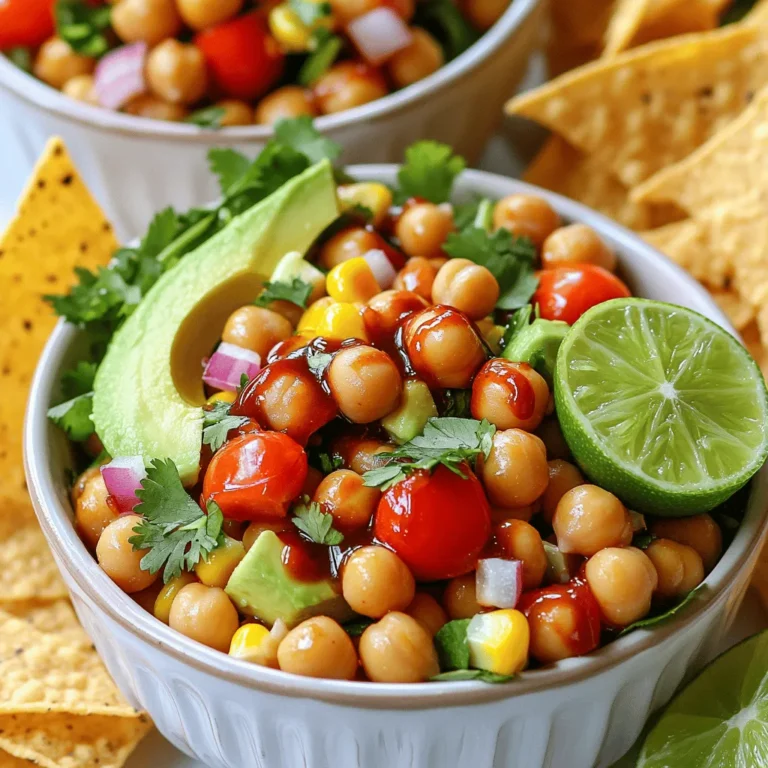 To make delicious BBQ chickpea salad bowls, you need these key ingredients: - 1 can (15 oz) chickpeas, drained and rinsed - 1 cup corn kernels (fresh or frozen) - 1 red bell pepper, diced - 1 cup cherry tomatoes, halved - 1 avocado, diced - 1/4 cup red onion, finely chopped - 1/4 cup fresh cilantro, chopped - 1/4 cup BBQ sauce (your favorite brand) - 2 tablespoons olive oil - 1 tablespoon lime juice - Salt and pepper to taste These ingredients come together to create a bright and tasty salad full of flavor. The chickpeas provide protein, while the veggies add color and crunch. You can customize your BBQ chickpea salad bowls with these optional ingredients: - Tortilla chips for serving - Jalapeños for heat - Cucumber for extra crunch - Feta cheese for creaminess - Quinoa for added protein Feel free to mix and match these options. Each addition can change the flavor and texture of the salad. Choosing the right BBQ sauce can elevate your salad. Here are some brands I recommend: - Sweet Baby Ray’s for a classic taste - Stubb’s for a smoky flavor - Annie’s Organic for a healthier option - Trader Joe’s BBQ Sauce for a unique twist These brands offer great flavor and quality. Pick one that fits your taste, and enjoy the rich flavor it adds to your salad. For the full recipe, check the instructions above. First, grab a medium bowl. Open a can of chickpeas and drain them well. Rinse the chickpeas under cold water. This step helps remove extra salt and makes them nice and clean. Now, add your favorite BBQ sauce to the bowl. Mix well so each chickpea gets coated in sauce. Let the mix sit for about 10 minutes. This waiting time lets the flavors blend. If you use fresh corn, take a skillet and add a splash of olive oil. Heat the oil over medium heat. Add the corn kernels to the skillet. Cook them for about 5 minutes until they are tender. If you use frozen corn, just thaw it first. No need to cook it, simply drain and set it aside. Now, take a large bowl and combine all the ingredients. Add the chickpeas, cooked corn, diced red bell pepper, halved cherry tomatoes, diced avocado, chopped red onion, and cilantro. In a small bowl, mix olive oil and lime juice. Drizzle it over the salad. Toss everything gently to combine. Finally, season your salad with salt and pepper to taste. Spoon the BBQ chickpea salad into bowls. For a crunchy twist, serve with tortilla chips on the side. Enjoy this fresh and flavorful delight! You can find the full recipe [here](#). To make the chickpeas pop with flavor, let them soak in BBQ sauce. I recommend letting them marinate for at least ten minutes. The longer they sit, the more they soak up the sauce. You can also add a pinch of smoked paprika for an extra kick. If you want some heat, try a dash of cayenne pepper. This will give your salad a bold twist. When slicing your veggies, keep them uniform. This helps them mix well in the salad. Use a sharp knife for clean cuts. For bell peppers, remove the seeds before dicing. For cherry tomatoes, cut them in half to release their juices. This adds more flavor. Remember to chop the red onion finely. It balances the sweetness of the other veggies. To keep your BBQ chickpea salad fresh, store it in an airtight container. Place it in the fridge for up to three days. If you add avocado, sprinkle lime juice on it to prevent browning. You can also keep the dressing separate until serving. This way, the salad stays crisp and vibrant. For a fun crunch, add tortilla chips right before eating. Enjoy the fresh and flavorful delight of this salad! {{image_2}} You can make BBQ chickpea salad bowls vegan and gluten-free. Chickpeas are naturally vegan and gluten-free. Use gluten-free BBQ sauce to stay on track. Fresh veggies add great texture and taste. You can also swap the olive oil for a vegan dressing. This way, everyone can enjoy this dish. If you want more protein, try adding diced tofu or tempeh. Both options pair well with the BBQ sauce. Grilled chicken or shrimp can also work if you eat meat. Adding these proteins makes the salad more filling. You can enjoy it as a main dish or a side. You can change up the dressing for different flavors. A simple lemon vinaigrette adds a bright taste. Try a creamy avocado dressing for a rich twist. A spicy chipotle dressing gives the salad a kick. Mix and match to find your favorite flavor. The right dressing can transform the whole dish. For the full recipe, check out the details provided earlier. To keep your BBQ chickpea salad fresh, store it in an airtight container. Place it in the fridge. This helps maintain its taste and texture. Do not add the tortilla chips until you serve. They can get soggy if mixed in. If you have leftover chickpeas, you can freeze them. Rinse and drain them first. Spread the chickpeas on a baking sheet. Freeze them for about two hours. Once frozen, move them to a freezer bag. This keeps them from clumping together. You can use these frozen chickpeas in future salads or dishes. When stored correctly, the salad lasts for about three days in the fridge. After that, it may lose its crunch and flavor. Always check for any signs of spoilage before eating. If you notice any off-smell or texture, it’s best to toss it. Enjoy the BBQ chickpea salad fresh for the best taste! For the full recipe, check the section above. You can use black beans, kidney beans, or lentils. All these options work well. They add protein and flavor. For a nutty twist, try edamame. Each option gives a different taste and texture. Yes, you can! This salad tastes even better after sitting for a bit. Just prepare the salad without adding avocado. Store it in the fridge for up to two days. When ready to eat, add the avocado for freshness. Absolutely! This salad is packed with nutrients. Chickpeas provide protein and fiber. Fresh veggies give vitamins and minerals. Using olive oil offers healthy fats. It's a great choice for a balanced meal. You can enjoy this dish guilt-free! For the full recipe, check out the section above. BBQ chickpea salad bowls offer tasty flavors and easy prep. We covered key ingredients and how to customize your salad. The step-by-step guide makes cooking simple. Remember the tips to boost flavor and keep veggies fresh. Don’t forget the variations for different diets. In closing, this recipe is versatile and fun. You can change it up with your favorite items. Enjoy creating a salad that fits your needs and tastes! It’s a great choice for lunch or dinner.
