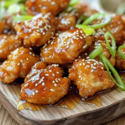 - 1 lb chicken breast, cut into bite-sized pieces - 1/4 cup honey - 1/4 cup soy sauce (low sodium preferred) - 4 cloves garlic, minced - 1 tablespoon fresh ginger, grated - 1 tablespoon cornstarch - 2 tablespoons vegetable oil - Salt and pepper to taste The main star of this dish is chicken breast. It cooks fast and stays juicy. Honey adds a sweet touch, while soy sauce brings depth. Garlic and ginger add a punch of flavor. Together, these ingredients create a tasty bite. - Sesame seeds - Sliced green onions - Extra honey for drizzling Garnishes make your dish pop. Sesame seeds add crunch. Sliced green onions bring fresh flavor. A drizzle of extra honey gives a sweet finish. These tiny touches make a big difference in presentation and flavor. For the full recipe, check out the Honey Garlic Chicken Bites . Start by grabbing a mixing bowl. Add 1/4 cup of honey, 1/4 cup of soy sauce, 4 minced garlic cloves, and 1 tablespoon of grated ginger. Whisk these ingredients together until they blend well. This will create a sweet and savory marinade. It's important to reserve 2 tablespoons of this marinade for later use. This reserved portion will add extra flavor at the end. Next, take your chicken breast, cut into bite-sized pieces. In another bowl, toss the chicken with 1 tablespoon of cornstarch, salt, and pepper. This step is key for a crispy texture. Make sure each piece is evenly coated. An even coating helps the chicken cook properly and keeps it juicy inside. Now, heat 2 tablespoons of vegetable oil in a large skillet over medium-high heat. Once the oil is hot, add the chicken bites in a single layer. If your skillet is small, you may need to cook in batches. Cook the chicken for about 5 to 6 minutes. Turn the pieces occasionally until they are golden brown and cooked through. This browning adds flavor and a nice crunch. After the chicken is cooked, reduce the heat to medium. Pour the remaining marinade over the chicken. Stir well to coat each piece. Cook for an additional 2 to 3 minutes until the sauce thickens slightly. This will create a sticky glaze on the chicken. Remove from heat and drizzle the reserved marinade over the bites for added flavor. Finally, garnish with sesame seeds and sliced green onions before serving. For the full recipe, check out the previous section. Enjoy your cooking! To get the best flavor and texture, start with dry chicken. Pat the chicken pieces with paper towels. This step helps the coating stick well. If the chicken is wet, it will not brown nicely. Another mistake is overcrowding the pan. If you add too many pieces at once, they will steam instead of fry. Cook in batches for crispy chicken bites. To boost the taste, consider adding spices like paprika or chili powder. These spices can give a nice kick. You can also experiment with herbs, like basil or thyme, for a fresh twist. If you want more sweetness, add a little more honey. For saltiness, add a splash more soy sauce. Always taste as you go to find your perfect balance. Honey garlic chicken bites pair well with rice or noodles. You can serve them with a side salad for freshness. For a fun touch, use toothpicks for easy snacking. To make your dish look great, drizzle some extra honey on top. A sprinkle of sesame seeds and sliced green onions adds color and crunch. Enjoy these bites as a tasty snack or a meal! {{image_2}} You can switch chicken for shrimp or tofu. Shrimp cooks quickly and gets a nice texture. Tofu soaks up flavors well and is great for a plant-based option. For shrimp, use about 1 pound of large shrimp. Peel and devein them first. For tofu, choose firm tofu and cut it into bite-sized pieces. Both options still work great with the honey garlic sauce. Try different sauces for new tastes. Teriyaki sauce gives a sweet and savory kick. If you like heat, add some chili sauce. You can also mix in vegetables for more flavor and nutrition. Bell peppers, broccoli, or snap peas add color and crunch. Just toss them in with the chicken for a tasty twist. You can bake the chicken for a healthier option. Preheat your oven to 400°F. Place the coated chicken bites on a lined baking sheet. Bake for about 20 minutes, flipping halfway through. They’ll be crispy and delicious! Alternatively, use a slow cooker for ease. Just mix the chicken and sauce in the cooker. Set it on low for 4 hours or high for 2 hours. This method keeps the chicken juicy and full of flavor. For the full recipe, check back to ensure you have all the steps. To keep your honey garlic chicken bites fresh, store them in an airtight container. This method locks in flavors and moisture. Place the container in the fridge right after the meal. They will stay good for about 3 to 4 days. If you want to enjoy them later, make sure they cool down before sealing. You can freeze these chicken bites for longer storage. First, let them cool completely. Then, place them in a freezer-safe bag. Squeeze out as much air as you can before sealing. They can last up to 3 months in the freezer. When you're ready to eat, thaw them in the fridge overnight. To reheat, use the oven for the best results. Preheat your oven to 350°F (175°C). Spread the chicken bites on a baking sheet and cover with foil. Heat for about 15-20 minutes, or until hot throughout. You can also use a microwave, but they might lose some crispness. Enjoy your meal! For the full recipe, check out Honey Garlic Chicken Bites. You can serve honey garlic chicken bites with many tasty sides. Here are some great ideas: - Steamed rice or fried rice - Crispy vegetables like carrots or broccoli - Fresh salad with a light dressing - Dipping sauces such as sweet chili or ranch - Corn on the cob for a fun touch These sides will balance the sweet and savory flavors of the chicken. Yes, you can prepare this recipe ahead of time! Here are some tips: - Marinate the chicken bites in the sauce the night before. This makes them extra flavorful. - Cook the chicken and store it in the fridge for up to three days. - Reheat the chicken bites in a pan over low heat or in the microwave. This makes dinner easy on busy nights. To add heat to the sauce, try these options: - Add red pepper flakes for a little kick. - Mix in sriracha or chili sauce for a spicy twist. - Use fresh chopped jalapeños for a fresh heat. These simple changes will make your honey garlic chicken bites more exciting! For the full recipe, check out the section above. In this blog post, we explored how to make delicious honey garlic chicken bites. We discussed key ingredients like chicken, honey, soy sauce, garlic, and ginger. You learned the step-by-step process for marinating, cooking, and enhancing flavors. We also provided tips for avoiding common mistakes and suggested variations for protein and cooking methods. Remember, experimenting is key to making this dish your own. Enjoy your cooking adventure!