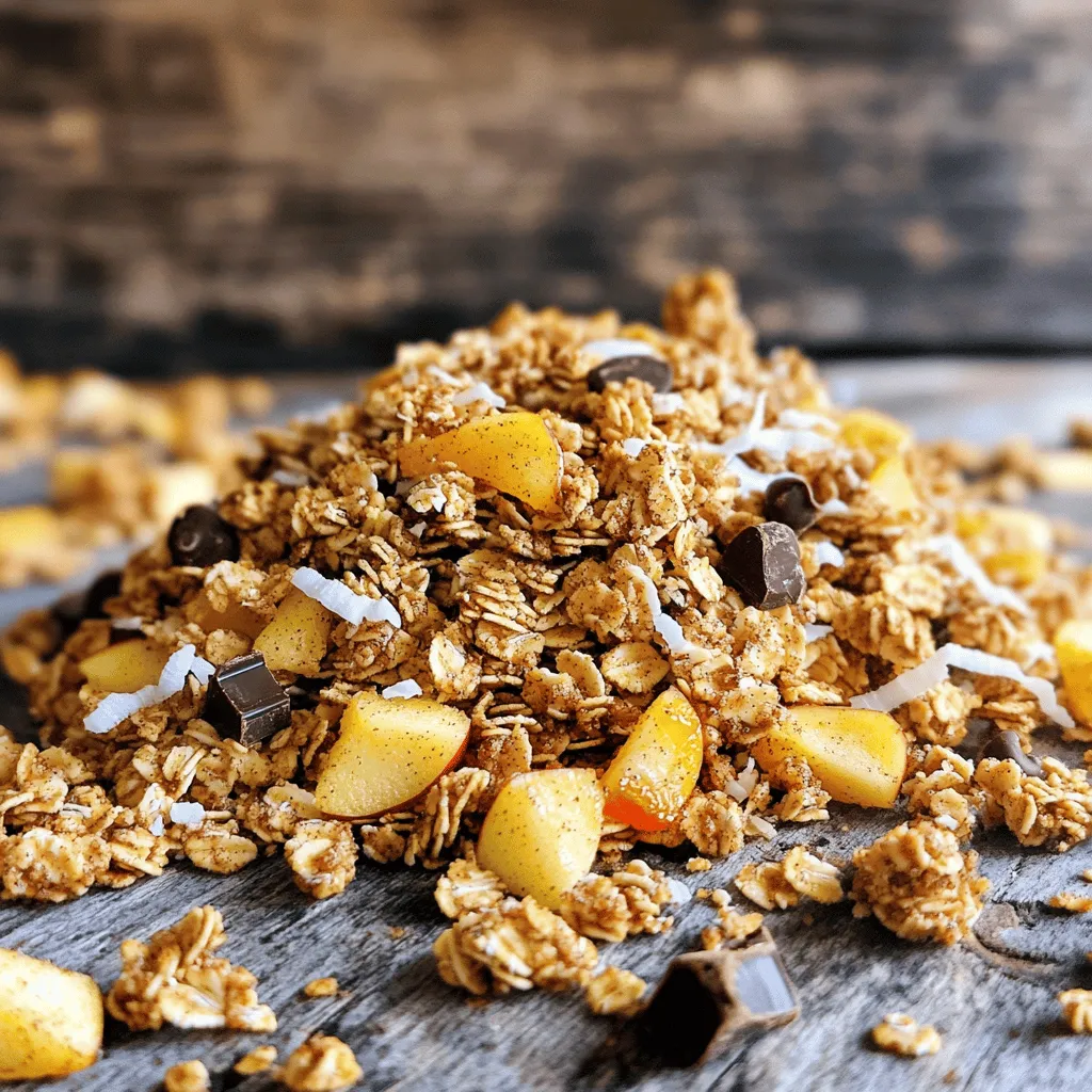 To make Maple Cinnamon Apple Granola, you need the following items: - 2 cups rolled oats - 1 cup chopped nuts (walnuts and almonds work well) - 1 cup unsweetened shredded coconut - 1/2 cup maple syrup - 1/4 cup coconut oil, melted - 1 teaspoon vanilla extract - 1 teaspoon ground cinnamon - 1/2 teaspoon salt - 1 cup diced dried apples - 1/2 cup chocolate chips (optional) Each ingredient plays a key role in the granola. The rolled oats form the base. They provide fiber and a chewy texture. Chopped nuts add crunch and healthy fats. Walnuts and almonds bring great taste and nutrition. The shredded coconut gives a tropical twist and a bit of sweetness. Maple syrup acts as a natural sweetener and binds the mixture. The coconut oil helps the granola crisp up while adding a hint of flavor. Vanilla extract enhances the taste, and ground cinnamon adds warmth and spice. Finally, the diced dried apples give a fruity touch, while chocolate chips can sweeten the deal if you want a treat. You can swap some ingredients if needed. For a nut-free version, use seeds like pumpkin or sunflower. Honey or agave syrup can replace maple syrup if you don’t have it. If you don’t like coconut oil, use olive oil or any other neutral oil. For a gluten-free option, make sure your oats are certified gluten-free. You can also use fresh apples instead of dried ones; just chop them small and add them right before baking. To make Maple Cinnamon Apple Granola, start by gathering your ingredients. You need rolled oats, chopped nuts, shredded coconut, maple syrup, coconut oil, vanilla extract, ground cinnamon, salt, diced dried apples, and optional chocolate chips. The prep time is quick, taking just about 10 minutes. First, preheat your oven to 350°F (175°C) and line a baking sheet with parchment paper. This step keeps the granola from sticking. In a large mixing bowl, combine the rolled oats, nuts, and shredded coconut. These ingredients add texture and flavor. In another bowl, whisk together melted coconut oil, maple syrup, vanilla extract, cinnamon, and salt. This mixture binds the dry ingredients and adds sweetness. Pour the wet mixture over the dry ingredients and stir well. Make sure everything gets coated. Spread the granola mixture evenly on your baking sheet. Bake for 25-30 minutes, stirring halfway through to ensure even browning. Look for a golden color to know it’s ready. Once the granola is baked, remove it from the oven and let it cool completely on the baking sheet. This step is key for achieving that crunchy texture. After cooling, fold in the diced dried apples and chocolate chips if you choose to use them. Store your granola in an airtight container at room temperature. It will stay fresh for up to two weeks. For the full recipe, check out the details above. To get that perfect crunch in your granola, use rolled oats. They toast well and create a great texture. Ensure you mix the oats with chopped nuts and shredded coconut. This mix adds flavor and crunch. When you bake, spread the granola in a thin layer on the sheet. Stir it halfway through baking to prevent burning and ensure even cooking. One common mistake is not stirring the granola while baking. This can lead to uneven browning. Another issue is using too much liquid. Stick to the amounts in the Full Recipe to avoid soggy granola. Lastly, don't rush the cooling process. Let it cool completely on the baking sheet. This step helps it firm up and become crunchy. You can change the flavor of your granola easily. Try adding spices like nutmeg or ginger for warmth. You can also mix in dried fruits, like cranberries or apricots, for extra sweetness. If you love chocolate, toss in dark chocolate chips or cacao nibs. These variations keep your granola fresh and exciting. {{image_2}} You can make this granola nut-free. Simply replace the nuts with seeds. Pumpkin seeds or sunflower seeds add crunch and nutrition. You’ll still get great flavor without the nuts. This option works well for those with nut allergies. Kids love the taste too! If you want to change the sweetener, you have options. Honey or agave syrup can replace maple syrup. They add sweetness and flavor. You could also try coconut sugar or brown sugar for a different taste. Just remember, each sweetener may change the texture a bit. Feel free to add seasonal fruits or spices. In fall, mix in some pumpkin spice. In spring, consider adding dried cranberries or blueberries. You can even toss in fresh apple slices when serving. These additions make the granola fun and fresh. Explore different flavors based on the season! To keep your Maple Cinnamon Apple Granola fresh, store it in an airtight container. Glass jars or plastic containers work well. Keep it away from heat and moisture. A cool, dry pantry is perfect. I recommend not storing it in the fridge, as this can make it soggy. When stored properly, your granola lasts up to two weeks. After that, it may lose its crunch and flavor. If it smells off or looks strange, toss it out. Always check for freshness before eating. If your granola becomes stale, don’t worry! You can revive it easily. Spread the granola on a baking sheet. Bake it at 300°F (150°C) for about 10 minutes. This will help restore its crispiness. Let it cool before you enjoy it again. For more details on making this yummy snack, check the Full Recipe. Yes, you can easily make this granola vegan. Just swap the honey for maple syrup. Use plant-based oil instead of coconut oil if you prefer. The oats, nuts, and dried apples are already vegan-friendly. You can enjoy this tasty snack without any animal products. To change the serving size, adjust the ingredient amounts. If you want to make more, double the recipe. For fewer servings, cut the ingredients in half. Keep the same cooking time, but check for doneness. Granola is done when it turns golden brown. You can find pre-made Maple Cinnamon Apple Granola at most grocery stores. Look in the cereal aisle or the health food section. Many brands offer this flavor. You can also check online at popular grocery websites or specialty food stores. For a homemade option, refer to the Full Recipe above. In this post, we explored the key ingredients that make Maple Cinnamon Apple Granola special. Each ingredient plays a vital role in taste and texture. We also shared step-by-step instructions for perfect results, plus tips and tricks for the best crunch. Variations allow you to customize the recipe to fit your needs. Lastly, we covered practical storage tips to keep your granola fresh. I hope you feel ready to make your own delicious granola at home! Enjoy the process and get creative with flavors!