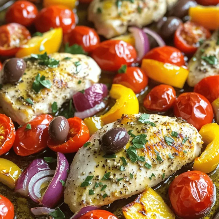 For this Greek Chicken Sheet Pan Dinner, you will need these main ingredients: - 4 boneless, skinless chicken breasts - 1 cup cherry tomatoes, halved - 1 red bell pepper, sliced - 1 yellow bell pepper, sliced - 1 medium red onion, cut into wedges - 1 zucchini, sliced - 1 cup kalamata olives, pitted - 3 cloves garlic, minced - 2 tablespoons olive oil - 2 teaspoons dried oregano - 1 teaspoon paprika - Juice of 1 lemon - Salt and pepper, to taste - Fresh parsley, chopped (for garnish) These fresh ingredients bring wonderful flavors and colors to the dish. The chicken is lean, while the veggies add crunch and sweetness. The olives give a salty bite, making this dish truly special. You can add extra flavor with these optional ingredients: - Additional herbs like thyme or rosemary - Substitute vegetables such as asparagus or carrots - Alternate proteins like shrimp or tofu Feel free to mix and match to suit your taste. Adding different herbs can change the flavor profile completely. Using other veggies keeps it fun and fresh. For a protein swap, shrimp cooks quickly and adds a different twist. You can find the full details in the [Full Recipe]. Preheating the oven and preparing the baking sheet Start by preheating your oven to 400°F (200°C). This step ensures even cooking. While the oven heats, take a large rimmed baking sheet and line it with parchment paper. This makes cleanup a breeze. Marinating the chicken In a large bowl, mix olive oil, minced garlic, dried oregano, paprika, lemon juice, salt, and pepper. This mix creates a flavorful marinade. Add the chicken breasts and toss them well. Make sure every piece gets coated. Let them marinate for about 20 minutes while you prepare the veggies. Arranging the chicken and vegetables After marinating, place the chicken breasts in the center of the baking sheet. Surround them with cherry tomatoes, sliced bell peppers, onion, zucchini, and kalamata olives. Drizzle any leftover marinade over the veggies to enhance their taste. Add a pinch of salt and pepper if you want. Roasting times and tips for optimal results Roast the pan in your preheated oven for 25 to 30 minutes. Check if the chicken is cooked through and the veggies are tender and a bit charred. If you have a meat thermometer, the chicken should reach 165°F (74°C). Once cooked, let it rest for 5 minutes. This helps keep the chicken juicy. Before serving, sprinkle fresh parsley on top for color and flavor. For the full recipe, check the section above. For the best flavor, marinate your chicken well. I suggest using a mix of olive oil, garlic, oregano, paprika, lemon juice, salt, and pepper. Let the chicken sit in the marinade for about 20 minutes. This short wait lets the flavors seep in without making it mushy. To check for doneness, cut a piece of chicken in the thickest part. It should be white and juicy inside, with no pink. You can also use a meat thermometer. The safe temperature for chicken is 165°F (75°C). Trust me, this simple check helps ensure a tasty meal. Getting the right texture for your veggies is key. Cut them into even pieces to ensure they cook at the same rate. I love using cherry tomatoes, bell peppers, onions, zucchini, and olives for this dish. They add color and taste. Combine flavors by placing vegetables around the chicken on the sheet pan. Drizzle the remaining marinade on top of them. This way, all the veggies soak up those great flavors. Cook until they are tender and slightly charred. This brings out their natural sweetness and adds a nice crunch. For the full recipe, check the details above. {{image_2}} You can change the flavor of your Greek chicken sheet pan dinner easily. Herbs and spices can make a big difference. For example, instead of oregano, try thyme or rosemary. These herbs add a unique twist. You can also add a touch of cumin for warmth or chili flakes for heat. If you want to change the marinade, you have options too. Swap lemon juice for red wine vinegar for a tangy taste. You can also use yogurt to marinate the chicken. This will make it tender and add a creamy texture. Experiment with these changes to find a flavor profile you love! Using different proteins can create a fun new dish. Shrimp can be a great swap for chicken. Just reduce the cooking time to about 10-15 minutes. Tofu is another great option for a plant-based meal. Press it to remove water, and then marinate it just like the chicken. You can also explore other vegetable combinations. Try adding asparagus or broccoli for a crunchy texture. Sweet potatoes can add a sweet flavor, too. Mix and match to find what works best for you. These swaps will keep your meals exciting and fresh. Check out the Full Recipe to see all the options! To keep your Greek Chicken Sheet Pan Dinner fresh, store leftovers right away. Place the chicken and veggies in an airtight container. Make sure to cool them to room temperature first. This way, you avoid extra moisture that can make food soggy. Refrigerate the leftovers for up to three days. If you want to keep them longer, consider freezing. For freezing, pack the meal in freezer-safe bags. Be sure to remove as much air as possible. Label each bag with the date. You can freeze the dish for up to three months. This method helps keep the flavors intact. When it’s time to enjoy your leftovers, reheating is key. The best way to do this is in the oven. Preheat your oven to 350°F (175°C). Place the chicken and veggies on a baking sheet. Cover with aluminum foil to keep them moist. Heat for about 15-20 minutes. If you prefer the microwave, use a microwave-safe plate. Heat in short bursts of one minute, stirring in between. This ensures even heating. To revive the flavors, drizzle a little olive oil and a squeeze of lemon juice on top before serving. This simple step brings back that fresh taste! How long to marinate chicken? You should marinate the chicken for about 20 minutes. This gives the flavors time to soak in. If you have more time, you can marinate it for up to 2 hours. Just remember to keep it in the fridge. Can I make this recipe ahead of time? Yes, you can prepare the chicken and vegetables in advance. Simply marinate the chicken and chop the veggies a few hours before cooking. Store them in the fridge until you're ready to bake. This saves time and makes dinner easy. What sides pair well with Greek Chicken Sheet Pan Dinner? This dish goes well with several sides. Here are some ideas: - Rice or quinoa - Greek salad - Pita bread - Tzatziki sauce These sides add flavor and balance the meal. Can I serve this dish cold? You can serve Greek Chicken Sheet Pan Dinner cold. It tastes great as a salad topping or in a wrap. Just make sure to store leftovers in the fridge after cooking. Enjoy it in a new way for lunch! This blog post covered all you need to know for a tasty Greek chicken sheet pan dinner. We explored the main and optional ingredients, step-by-step prep and cooking directions, and essential tips for the best results. I shared ideas for variations and how to store and reheat leftovers, ensuring you enjoy every bite. Now, you can create meals with flavor and ease, impressing everyone at your table. Enjoy your cooking journey!