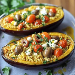 For this dish, I love using fresh ingredients. They add vibrant flavors and colors. Here’s what you need: - 2 medium eggplants - 1 cup couscous - 1 small red onion, finely chopped - 2 cloves garlic, minced - 1 cup cherry tomatoes, halved - 1/2 cup Kalamata olives, pitted and chopped - 1/2 cup feta cheese, crumbled - Fresh parsley, chopped (for garnish) You also need some pantry staples. These items make the dish tasty and easy to prepare. Grab these: - 1 1/4 cups vegetable broth - 1 teaspoon dried oregano - 1 teaspoon smoked paprika - 2 tablespoons olive oil - Salt and pepper to taste Choosing the right eggplant is key. Look for eggplants that are firm and shiny. They should feel heavy for their size. Avoid any with soft spots or wrinkles. The skin should be smooth and bright. Fresh eggplants have a mild smell, which is a good sign. With these tips, you will select the best eggplants for your Mediterranean Couscous Stuffed Eggplant. Check out the Full Recipe for more details! Start by preheating your oven to 400°F (200°C). Take your two medium eggplants and cut them in half lengthwise. Use a spoon to scoop out the flesh, but leave a half-inch border. This will hold your filling later. Set the scooped-out flesh aside for the filling. Drizzle one tablespoon of olive oil on the eggplant halves. Sprinkle some salt and pepper over them. Place them cut-side down on a baking sheet. Roast them for about 20 minutes until they become soft. In a medium saucepan, heat one tablespoon of olive oil on medium heat. Add the finely chopped red onion and minced garlic. Sauté them until the onion turns clear, which takes about 3 to 4 minutes. Then, add the reserved eggplant flesh and cook for another 5 minutes, stirring now and then. Next, stir in the couscous, vegetable broth, halved cherry tomatoes, chopped Kalamata olives, dried oregano, and smoked paprika. Bring this mixture to a boil. Once it boils, cover the pan and take it off the heat. Let it sit for about 5 minutes. This allows the couscous to soak up the liquid. After that, fluff the couscous with a fork and gently mix in the crumbled feta cheese. Taste it and add salt and pepper if needed. After roasting the eggplant halves, carefully flip them over. Now, fill each half with the couscous mixture. Pack it gently but firmly. Place the stuffed eggplants back in the oven and bake them for another 10 to 15 minutes. This will make the tops golden. Once done, remove them from the oven and let them cool for a few minutes. Before serving, sprinkle fresh parsley on top. You can find the full recipe in the previous section for all the details. Enjoy your Mediterranean Couscous Stuffed Eggplant! To get the best roasted eggplants, choose firm ones. They should feel heavy and have smooth skin. Cut them in half lengthwise and scoop out the insides. Leave about half an inch of flesh. This helps them hold their shape. Drizzle with olive oil and sprinkle with salt and pepper. Roast them cut-side down at 400°F for 20 minutes. This method makes them tender and full of flavor. For a tasty couscous mix, use vegetable broth instead of water. This adds depth to the dish. Sauté onions and garlic in olive oil first. This step wakes up their flavors. Add diced cherry tomatoes for sweetness. Mix in olives for a salty kick and feta for creaminess. Don’t forget spices! Dried oregano and smoked paprika give it that Mediterranean touch. Let the couscous sit after boiling. This allows the flavors to blend well. When serving, place the stuffed eggplants on a nice platter. Garnish with chopped fresh parsley for color and flavor. You can also drizzle a bit of olive oil on top. For a crunchy texture, add some toasted pine nuts. Pair these with a fresh salad or crusty bread. These sides balance the meal and add freshness. This Mediterranean Couscous Stuffed Eggplant is sure to impress! For the full recipe, check out the details above. {{image_2}} If you want a vegetarian option, skip the feta cheese. Use a mix of your favorite veggies instead. Try adding spinach, zucchini, or bell peppers. If you are vegan, use plant-based cheese or nutritional yeast for a cheesy flavor. You can also add beans for protein. This keeps the dish filling and tasty. Couscous is a great base, but you can switch it up. Use quinoa or farro for a nutty flavor. For a gluten-free option, try rice or millet. If you want more protein, add chickpeas or lentils. These swaps keep the dish healthy and satisfying. Herbs and spices make all the difference. Instead of oregano, use basil or thyme for a fresh taste. You can add a pinch of cumin or coriander for warmth. A dash of lemon juice brightens the dish. Experiment with your favorites to create a unique flavor. For the full recipe, check out the Mediterranean Couscous Stuffed Eggplant. To keep your stuffed eggplants fresh, let them cool. Place them in an airtight container. Store them in the fridge. They will last for 3 to 5 days. This keeps them tasty and safe to eat. When you’re ready to enjoy your leftovers, preheat your oven to 350°F (175°C). Place the stuffed eggplants on a baking tray. Cover them with foil to keep moisture in. Heat them for 15 to 20 minutes. This helps keep the filling warm and the eggplants soft. You can freeze stuffed eggplants for later. First, let them cool completely. Wrap each stuffed half in plastic wrap. Then, place them in a freezer bag. They can stay fresh for up to 3 months. When you want to eat them, thaw them in the fridge overnight. Reheat in the oven as mentioned earlier. This way, you can enjoy this dish anytime! Yes, you can use other grains. Quinoa, rice, or bulgur work well. Each grain adds a unique taste and texture. Quinoa is a great choice for added protein. Rice offers a mild flavor that complements the dish. Just adjust cooking times based on the grain you choose. Eggplants are fully cooked when they are soft and tender. You can check by gently pressing them with a fork. If they yield easily, they are done. They should also have a slightly golden color on the outside. This ensures they will hold the filling well. Serve a simple salad for freshness. A side of grilled veggies also pairs nicely. You can try tzatziki for a cool, creamy dip. Pita bread is a great choice, too, for a complete meal. These sides enhance the Mediterranean flavors and make the meal more filling. Yes, this dish is quite healthy! It has lots of veggies, whole grains, and healthy fats. Eggplants are low in calories and high in fiber. Couscous provides carbs for energy. The olives and feta add flavor and healthy fats. This recipe is balanced and nutritious. For the full recipe, check out the details above. In this blog post, we explored how to make delicious Mediterranean Couscous Stuffed Eggplants. We discussed fresh ingredients, pantry staples, and tips for choosing the best eggplants. The step-by-step instructions guide you from prepping the eggplants to serving them hot and tasty. We shared tips for roasting, enhancing flavor, and offered variations to suit your taste. Proper storage and reheating methods help to keep your dish fresh. Remember, with some creativity, this dish can adapt to your needs and preferences. Enjoy cooking and savor every bite!