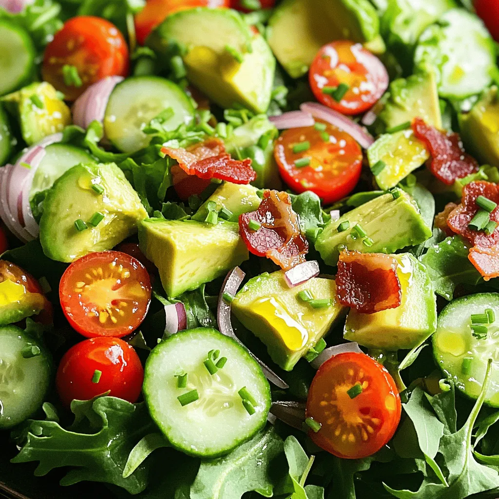The Avocado BLT Salad bursts with color and flavor. To make this salad, gather these simple ingredients: - 4 cups mixed salad greens (e.g., arugula, spinach, romaine) - 1 ripe avocado, diced - 6 slices of cooked turkey bacon, chopped - 1 cup cherry tomatoes, halved - ½ cup cucumber, diced - ¼ cup red onion, thinly sliced - 3 tablespoons olive oil - 2 tablespoons apple cider vinegar - 1 teaspoon Dijon mustard - Salt and pepper to taste - Fresh chives or parsley for garnish This mix creates a delightful, crunchy texture and a burst of flavors. The creamy avocado pairs well with the crispy turkey bacon. Each bite offers a sweet note from the cherry tomatoes and a refreshing crunch from the cucumber. The red onion adds a sharp kick, making it even tastier. When you gather these ingredients, look for ripe avocados. They should yield slightly when you squeeze them gently. Fresh greens are key, too. Choose vibrant, crisp leaves for the best taste. You can find the full recipe online to guide you through the cooking process, making it easy to whip up this fresh salad. Enjoy the mix of flavors and textures that this Avocado BLT Salad offers! Start by washing and drying the mixed salad greens. Use your favorite greens, like arugula, spinach, or romaine. Next, take one ripe avocado and cut it into small cubes. This adds creaminess to the salad. Then, chop six slices of cooked turkey bacon into bite-sized pieces. This gives a nice, smoky flavor. Halve one cup of cherry tomatoes for a burst of sweetness. Dice half a cup of cucumber for crunch. Finally, thinly slice a quarter cup of red onion to add a sharp taste. In a small bowl, combine three tablespoons of olive oil. Add two tablespoons of apple cider vinegar for tang. Mix in one teaspoon of Dijon mustard to enhance flavor. Season with salt and pepper to taste. Whisk these ingredients together until smooth. This dressing will bring all the salad components together. In a large bowl, combine the prepared salad ingredients. Pour the dressing over the top. Gently toss everything until it’s well coated. Taste the salad and add more salt or pepper if needed. Let it sit for five minutes. This helps the flavors blend. Before serving, sprinkle fresh chives or parsley on top for a pop of color. You can find the full recipe for this delicious salad [Full Recipe]. Enjoy your fresh and flavor-packed Avocado BLT Salad! When selecting an avocado, look for one that feels slightly soft. You want a ripe avocado, but not too mushy. The skin should be dark green to black, depending on the type. Gently press the avocado; it should yield to light pressure. If it's too firm, it needs more time to ripen. You can speed this up by placing it in a paper bag. For the bacon in your Avocado BLT Salad, I recommend using turkey bacon. It has less fat than pork bacon but still packs a savory punch. Cook it until crisp for the best texture. You can also try plant-based bacon if you want a vegetarian option. It gives a unique flavor while keeping the dish light. Adding fresh herbs can really boost your salad's taste. Chives and parsley are great choices. They add brightness and freshness. Just chop them finely and sprinkle them on top before serving. You can also try adding basil or cilantro for a twist. Experiment with flavors to find your favorite mix. For the full recipe, check out the provided link. {{image_2}} You can add proteins to the Avocado BLT Salad for extra flavor. Grilled chicken works well. Just slice it up and mix it in. Cooked shrimp is another tasty choice. It adds a nice touch. You can also use tofu for a meat-free option. Protein boosts keep you full longer. If you want a vegan salad, swap turkey bacon for crispy chickpeas. They add crunch and protein. Replace the dressing with a vegan option made from tahini and lemon juice. This keeps the salad fresh and tasty. For a vegetarian twist, try using regular bacon or tempeh bacon. Both add great flavor and texture. You can easily swap ingredients to fit your diet. For gluten-free needs, ensure your dressing is gluten-free. You can use quinoa or lentils instead of bacon. They add protein and fiber. If you're low on carbs, skip the bacon altogether. Use more veggies or some nuts. Almonds or walnuts add a nice crunch without carbs. For the full recipe, check the [Full Recipe]. If you have leftover salad, store it in an airtight container. Keep it in the fridge for up to two days. The longer it sits, the soggier it gets. So, try to eat it soon for the best taste. To keep your salad fresh, store the dressing separately. When ready to eat, pour it on the salad. This helps keep the greens crisp. You can also wrap the avocado with lemon juice. This slows down browning. If you want warm turkey bacon, reheat it in the microwave. Use a plate and cover it with a paper towel. Heat for 20 to 30 seconds. You can also re-crisp it in a skillet for extra crunch. Enjoy your salad while everything is fresh! For the full recipe, check out the details above. Yes, you can make the Avocado BLT Salad in advance. However, I suggest you keep the avocado and dressing separate. This keeps everything fresh. You can mix the salad just before serving. It will taste better this way. You can use regular bacon if you prefer. Another option is plant-based bacon for a vegan spin. Crispy pancetta also works well. Each option gives a different taste, so choose what you like best. To keep avocado from browning, use lemon juice or lime juice. Just squeeze a little over the diced avocado. This helps slow down the browning process. You can also mix the avocado in right before serving. That way, it stays fresh and green. This blog post showed you how to make a tasty Avocado BLT Salad. We covered the needed ingredients, step-by-step instructions, and tips for the best flavors. You learned how to customize the recipe for your diet and store any leftovers. Cooking can be fun and easy. With this salad, you have a fresh meal packed with good stuff. Enjoy making it your own!