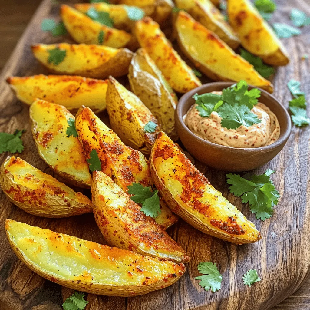 - 4 medium-sized russet potatoes, washed and cut into wedges - 3 tablespoons olive oil - 2 tablespoons smoked paprika - 1 teaspoon cayenne pepper (adjust to taste) - 1 teaspoon garlic powder - 1 teaspoon onion powder - 1 teaspoon dried oregano - Salt and pepper to taste - Fresh cilantro or parsley for garnish - Baking sheet - Parchment paper - Mixing bowl - Knife and cutting board When making spicy roasted potato wedges, gathering your ingredients is key. I love using russet potatoes because they get crispy and fluffy. You will need a large mixing bowl to hold the wedges and the spice mix. Using olive oil helps the spices stick and adds great flavor. Smoked paprika gives a warm, smoky taste. Adjust the cayenne pepper based on how much heat you want. The garlic and onion powder add depth to the flavor. Dried oregano brings a nice herbal note. Don't forget the salt and pepper to enhance everything. Fresh cilantro or parsley adds a pop of color and freshness. For tools, a baking sheet lined with parchment paper makes cleanup easy. A sharp knife and cutting board help you cut the potatoes quickly. You can find the full recipe at the beginning of the article. - Preheat your oven to 425°F (220°C). - Prepare the baking sheet with parchment paper. - In a large bowl, combine: - 3 tablespoons olive oil - 2 tablespoons smoked paprika - 1 teaspoon cayenne pepper (adjust to taste) - 1 teaspoon garlic powder - 1 teaspoon onion powder - 1 teaspoon dried oregano - Salt and pepper to taste Mix well to create a spicy oil mixture. The smoky, spicy flavors will make your potato wedges pop. - Add 4 medium-sized russet potatoes, washed and cut into wedges, to the spicy oil mixture. - Toss until the wedges are evenly coated. Make sure every wedge gets the spicy love. - Place the coated potato wedges on the baking sheet in a single layer. - Roast them in the oven for 30-35 minutes. - Flip halfway through for even cooking. This step ensures they turn golden and crispy. Check them at the end of cooking. They should be crisp on the outside and tender inside. Enjoy your spicy roasted potato wedges! For the full recipe, refer to the earlier sections. To get the best crispiness, space the wedges well on the baking sheet. Leave space between each wedge. This allows hot air to flow around them. If you want a quicker method, try air frying. The air fryer gives a nice crunch and cooks faster. If you like it spicy, add more cayenne pepper. For less heat, reduce the amount. You can also use other spices. Try chili powder for heat or smoked paprika for flavor. Fresh herbs like thyme or rosemary can also add a nice touch. Garnish your potato wedges for extra flavor. Fresh cilantro or parsley works great. You can also add a drizzle of lime juice for a fresh kick. Try serving them with sauces like chipotle mayo or zesty ranch. This adds both flavor and makes them fun to eat! {{image_2}} You can change the taste of your spicy roasted potato wedges in fun ways. Adding cheese makes them even more delicious. I suggest using shredded cheddar or mozzarella. Just sprinkle it on top during the last few minutes of baking. The cheese will melt and create a tasty crust. You can also play with herbs and spices. Try adding chili powder for a smoky kick or cumin for a warm flavor. Mixing in a bit of rosemary or thyme can add freshness to your dish. Experiment with what you love. Each combination gives a new twist. Want to make these wedges even faster? Use an air fryer. Set it to 400°F (200°C) and cook for about 20 minutes. Shake the basket halfway through for even crispiness. They will come out crunchy on the outside and tender inside. If you're enjoying the summer sun, grilling is a great option. Toss the potato wedges in the spicy oil mixture as usual. Then, place them on the grill over medium heat. Cook for about 15-20 minutes, turning occasionally. This method gives a nice char and smoky flavor. These spicy roasted potato wedges are not just a snack; they are great as a side dish too. Serve them alongside burgers or grilled chicken for a complete meal. They also pair well with fresh salads, adding a nice crunch. For dipping, you can’t go wrong with classic options. Try chipotle mayo for a spicy kick or zesty ranch for cooling balance. You can also mix up a simple garlic aioli for a creamy dip. These tasty additions make the dish even more enjoyable. For the full recipe, check out the details above! To keep your spicy roasted potato wedges fresh, cool them first. After they cool, place them in an airtight container. This helps keep them crispy for longer. Store the container in the fridge. They should last about 3 to 5 days. To enjoy your leftovers, reheating them is key. The oven works best for keeping their crunch. Preheat it to 400°F (200°C). Spread the wedges out on a baking sheet. Heat for about 10 to 15 minutes. Flip them halfway for even warmth. If you use a microwave, they may get soft. For a quick fix, heat them in 30-second bursts. Yes, you can freeze cooked potato wedges! To do this, let them cool completely. Arrange them in a single layer on a baking sheet and freeze for 1 to 2 hours. Once firm, transfer them to a freezer bag. They can last up to 3 months. When ready to eat, bake them straight from the freezer. Adjust the baking time as needed for perfect warmth. For the full recipe, check out the Spicy Roasted Potato Wedges section. Yes, you can use different potatoes! While russet potatoes work well, other types can add unique flavors. Here are some good options: - Yukon Gold: Creamy texture and buttery flavor. - Red Potatoes: Slightly sweet and hold their shape well. - Sweet Potatoes: Adds a sweet twist and vibrant color. Keep in mind that cooking times may vary. Thin potatoes may cook faster, while thicker ones need more time. Adjust your cooking time based on the type you use. These spicy roasted potato wedges pair great with many dishes. Consider serving them with: - Grilled chicken or steak for a hearty meal. - Tacos or burritos for a fun twist. - Fresh salads, like a Caesar or garden salad, to balance the spice. For a tasty side, try dipping sauces like chipotle mayo or ranch dressing. They add a creamy touch and enhance the flavor. You can keep leftover wedges for about 3 to 5 days in the fridge. Store them in an airtight container. To keep them crisp, avoid stacking them too closely. If you want to save them for longer, you can freeze the wedges. They can last up to 3 months in the freezer. Just make sure to cool them completely before packing them away. This blog post covers how to make spicy roasted potato wedges. We discussed the ingredients needed, from russet potatoes to spices. You learned step-by-step instructions for preparation and tips for perfect crispiness. We explored variations, storage tips, and answers to common questions. Try these easy wedges for your next meal. They make a great side dish and adapt well to your taste. Enjoy experimenting with different flavors and spices to find your perfect combination.