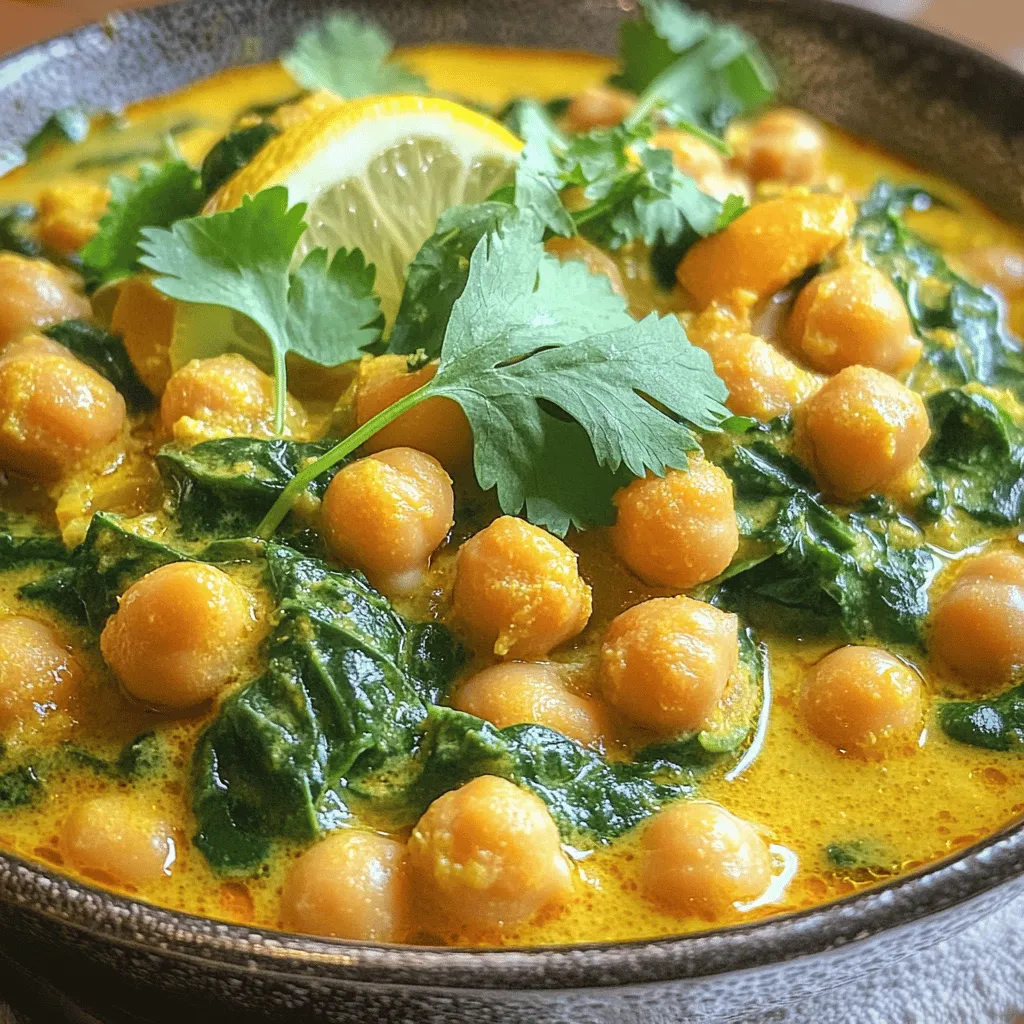 - 2 cans (15 oz each) chickpeas, drained and rinsed - 1 tablespoon coconut oil - 1 medium onion, chopped - 3 cloves garlic, minced - 1 tablespoon fresh ginger, grated - 1 can (14 oz) coconut milk - 1 can (14 oz) diced tomatoes - 2 tablespoons curry powder - 1 teaspoon ground cumin - 1 teaspoon turmeric - 1 teaspoon garam masala - Salt and pepper to taste - 2 cups spinach, fresh - 1 tablespoon lemon juice - Cooked basmati rice or quinoa for serving This dish packs a punch of flavor and health! The chickpeas give protein, while the spices add warmth. Coconut milk makes it creamy without dairy. You can find the full recipe for this easy chickpea curry at the end of this section. Feel free to tweak the spices! Want it spicier? Add more curry powder or some chili flakes. You can also add more veggies like bell peppers or kale. This recipe is all about making it your own! I love using fresh ingredients. They make a big difference in taste. The spinach adds color and nutrients. Don't skip the lemon juice! It brightens the dish and balances the flavors. For a nice touch, consider adding some optional garnishes. Fresh coriander leaves and lemon wedges elevate the dish. They make it look and taste even better! Enjoy this easy, tasty, and healthy meal. 1. Start by heating the coconut oil in a large saucepan over medium heat. This will help give your curry a rich, smooth base. 2. Next, add the chopped onion. Sauté it for about 5 minutes. You want it to become soft and translucent. 3. Then, stir in the minced garlic and grated ginger. Cook for another minute. This will make your kitchen smell amazing! 4. Now, it’s time to toast the spices. Add the curry powder, ground cumin, turmeric, and garam masala to the onion mixture. Stir well and cook for 2 minutes. This step brings out all the flavors of your spices. 5. Pour in the canned diced tomatoes and coconut milk. Stir it all together until well combined. The mixture should look vibrant and inviting. 6. Add the drained chickpeas to the saucepan. Mix everything well. Bring the mixture to a gentle simmer. This allows all the flavors to meld together. 7. Cover the pot and let it simmer for about 15 to 20 minutes. Stir occasionally. You want the curry to thicken slightly. 8. After that, stir in the fresh spinach. Cook for an additional 5 minutes until it wilts. This adds great color and nutrients to your dish. 9. Finally, season your curry with salt, pepper, and a squeeze of lemon juice to taste. This brightens the flavors wonderfully. You can find the full recipe in the article above. Enjoy your easy chickpea curry! To make the best easy chickpea curry, you can adjust the spice levels. If you like heat, add more curry powder or a pinch of cayenne. For a milder dish, use less spice. This way, you can make it perfect for your taste buds. If you want a creamier curry, add more coconut milk. This makes the dish rich and smooth. You can also mix in a bit of plain yogurt for extra creaminess. Both methods work well to enhance the texture. Pair your chickpea curry with rice or quinoa. Both options soak up the sauce and add great flavor. Cooked basmati rice is a classic choice. Quinoa adds a nice protein boost. For a beautiful dish, serve the curry in a deep bowl. Garnish with fresh coriander leaves. Add a wedge of lemon on the side for extra flavor. These small touches make your meal look and taste amazing. Check the Full Recipe for more details! {{image_2}} You can make this easy chickpea curry your own. Change up the veggies for a new twist. Add bell peppers for sweetness or kale for a nutrient boost. You can also try carrots or zucchini for extra crunch. If you want a different protein, swap chickpeas for lentils or tofu. Lentils cook fast and give a hearty texture. Tofu absorbs flavors well and adds protein. This recipe is great for many diets. It is vegan, so it has no animal products. It is also gluten-free, making it safe for those with gluten allergies. If you need to watch your salt, use low-sodium canned tomatoes and coconut milk. This keeps the dish healthy without losing flavor. Enjoy your tasty chickpea curry while meeting your dietary needs! To keep your Easy Chickpea Curry fresh, store it in an airtight container. Here are some best practices: - Refrigeration: Place the curry in the fridge within two hours of cooking. It stays good for about 3 to 4 days. Always let it cool before sealing it up. - Freezing: For longer storage, freeze the curry. Use a freezer-safe container and leave some space at the top for expansion. It can last up to 3 months. When you're ready to eat, just thaw it overnight in the fridge. Reheating your curry properly helps keep its flavor and texture. Here’s how: - Stovetop method: Place the curry in a saucepan over low heat. Stir often to prevent sticking. Add a splash of water or coconut milk if it looks too thick. - Microwave method: Use a microwave-safe bowl. Heat in short bursts of 1 minute, stirring in between. This ensures even heating. With these tips, your chickpea curry will taste just as good as the first day! Enjoy your delicious meal again and again. For the full recipe, check out the details above. How long does easy chickpea curry last in the fridge? Easy chickpea curry can last about 4 to 5 days in the fridge. Store it in an airtight container. Make sure it cools down before sealing. Can I make this curry in advance? Yes, you can make this curry in advance. It actually tastes better the next day. Let it cool, then store it in the fridge. What can I add to enhance the flavor? You can add a few things to boost the flavor. Try adding: - Extra spices like cayenne or paprika - Fresh herbs like cilantro or parsley - A splash of soy sauce for umami Is it possible to make a spicier version? Yes, you can make it spicier. Add fresh chilies while cooking or sprinkle red pepper flakes. Adjust the spice to your taste. Estimated calories per serving Each serving of easy chickpea curry has about 350 calories. This can vary based on added ingredients and serving size. Nutritional benefits of chickpeas Chickpeas are full of protein and fiber. They help with digestion and keep you full. They also provide iron, folate, and other vitamins, making them a healthy choice. This blog post guides you to make an easy chickpea curry. You learned about the simple ingredients, like chickpeas, coconut milk, and spices. I shared step-by-step instructions to help you cook and perfect this dish. Plus, I gave tips on storing leftovers and making it your own. Remember, you can adjust spices and try different veggies. Enjoy a healthy meal that's easy to prepare! Making this curry can bring joy to your kitchen. Dive in and let your taste buds explore!