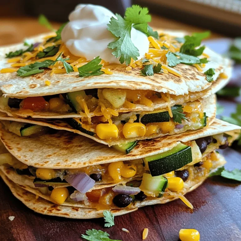To make Veggie Quesadilla Stacks, you need fresh and tasty ingredients. Here's what you'll need: - 4 large whole wheat tortillas - 1 cup shredded cheese (cheddar or Mexican blend) - 1 small zucchini, diced - 1 bell pepper (any color), diced - 1 small red onion, thinly sliced - 1 cup corn kernels (fresh or frozen) - 1 cup black beans, rinsed and drained - 1 teaspoon chili powder - 1 teaspoon cumin - Salt and pepper to taste - 2 tablespoons olive oil - Fresh cilantro, chopped (for garnish) - Sour cream or Greek yogurt (for serving) These ingredients blend well to create a rich flavor. The tortillas hold everything together and give a nice crunch. The cheese melts beautifully, making each bite creamy. Zucchini and bell pepper add a fresh taste and a pop of color. Corn and black beans bring in some sweetness and protein. Spices like chili powder and cumin enhance the taste, while salt and pepper balance it. Olive oil helps cook the veggies just right. Finally, cilantro adds a fresh touch, and sour cream or yogurt gives a creamy finish. For the full recipe, check out the detailed instructions. Start by heating the olive oil in a large skillet over medium heat. Once the oil is warm, add the diced zucchini, bell pepper, and red onion. Sauté these vegetables for 5 to 7 minutes. You want them to become tender but not mushy. Next, stir in the corn and black beans. Add the chili powder, cumin, salt, and pepper. Cook everything together for another 3 to 4 minutes. This step brings all the flavors together. Remove the skillet from heat. Now it's time to build your quesadilla stacks. On a clean surface, lay one tortilla flat. Spread a generous portion of the vegetable mixture on top. Sprinkle some shredded cheese over the veggies. Place another tortilla on top and press down gently. Repeat this process for the remaining tortillas and filling. You should have a nice stack of tortillas filled with flavorful veggies and cheese. Wipe the skillet clean and return it to medium heat. Carefully transfer your stacked quesadillas to the skillet. Cook them for about 3 to 4 minutes on each side. You want the tortillas to turn golden brown and crispy. Make sure the cheese melts inside. If your stack is too tall, slice it in half to fit better in the skillet. Once they are cooked, remove the quesadilla stacks from the skillet. Let them cool slightly, then cut them into wedges. Serve hot, garnished with fresh cilantro and a dollop of sour cream or Greek yogurt. For the full recipe, check out the details above. Enjoy this tasty and simple meal! Choosing the right tortilla matters. I recommend using whole wheat tortillas. They add a nice nutty flavor. You can also try corn tortillas for a gluten-free option. Make sure they are large enough to hold the filling. Thin tortillas work best for crispiness. If you're feeling adventurous, you can find flavored tortillas, like spinach or tomato. For the best melt, use shredded cheese. Shredded cheese mixes better than blocks. Cheddar and Mexican blends are my favorites. Make sure your pan is hot enough. This helps the cheese melt evenly. If the cheese is not melting, cover the quesadilla briefly. This traps heat and helps it melt faster. Sautéing vegetables is key to great flavor. Heat olive oil in the pan first. Add vegetables like zucchini, bell pepper, and onion. Cook them until they are soft but not mushy. This takes about 5-7 minutes. Stir them often to avoid burning. Season with salt and pepper for extra taste. Remember, the goal is to keep their colors vibrant and flavors fresh. {{image_2}} You can easily make this dish vegan. Use a plant-based cheese instead of dairy cheese. There are many tasty options available. You can also swap sour cream for a dairy-free yogurt. This keeps the dish creamy and flavorful. Want to mix it up? You can add more veggies! Try using spinach, mushrooms, or diced tomatoes. Broccoli or kale can also work well. Just chop them into small pieces to fit in the stacks. The more colors, the more fun your quesadilla stacks will be! If you enjoy heat, add some spice! You can mix in jalapeños or a dash of hot sauce. For a milder taste, reduce the chili powder. Each person can adjust it to their liking. Cooking should be about your taste! After enjoying your Veggie Quesadilla Stacks, you may want to save some for later. Allow the stacks to cool completely before storing. Place them in an airtight container. They can stay fresh in the fridge for up to three days. If you have extra filling, store it separately. This keeps everything fresh and tasty. When you're ready to enjoy your leftovers, you can reheat them easily. The best way is to use a skillet. Heat the skillet over medium heat. Cook the quesadilla stacks for about 3-4 minutes on each side. This makes them crispy again. You can also use a microwave, but it may make them a bit soggy. If you use the microwave, heat them in short bursts of 30 seconds. If you want to store them for a longer time, freezing is a great option. Wrap each quesadilla stack tightly in plastic wrap. Then, place them in a freezer bag. Make sure to remove as much air as possible. You can freeze them for up to two months. When ready to eat, thaw them in the fridge overnight. Then, reheat as described above. Enjoy a quick meal any time! You can serve veggie quesadilla stacks with many tasty sides. A simple green salad pairs well. You might also enjoy a side of guacamole or fresh salsa. If you love dips, try serving sour cream or Greek yogurt on the side. These add creaminess and flavor. You can also serve it with rice or quinoa for a fuller meal. Yes, you can use different beans in your quesadilla stacks. Pinto beans, kidney beans, or even chickpeas work well. Just make sure to rinse and drain them before adding. Each type of bean gives a unique flavor and texture. Feel free to experiment with what you have on hand. This makes your meal even more fun and personalized. To make veggie quesadilla stacks gluten-free, simply swap the whole wheat tortillas for gluten-free ones. Many brands offer tasty options made from corn or brown rice. Always check labels to ensure they are certified gluten-free. These small changes keep your meal safe and delicious. Enjoy gourmet flavors without worry. For the full recipe, check back to the main section. This blog post shared a great recipe for veggie quesadilla stacks. We covered tasty ingredients like whole wheat tortillas, veggies, and spices. You learned step-by-step instructions on preparing, layering, and cooking the stacks. We also shared tips on the best tortillas and cheese melting. For variations, you can explore vegan options and spice adjustments. We discussed how to store leftovers and answered common questions. These stacks are a fun and healthy meal for all. Enjoy creating your own version!