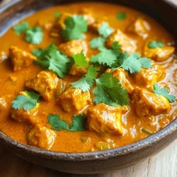 - 500g boneless chicken thighs, cut into cubes - 1 cup plain yogurt - 1 tablespoon ginger-garlic paste - 1 large onion, finely chopped - 2 tomatoes, pureed - 1/2 cup coconut milk Chicken is the star of this dish. I prefer thighs for their juiciness. You can use chicken breasts if you want, but they may dry out. The yogurt tenderizes the chicken and adds a creamy texture. Ginger-garlic paste gives a punch of flavor. Onions and tomatoes form the base of the sauce. Onions add sweetness and depth. Pureed tomatoes contribute a rich, tangy taste and vivid color. Coconut milk adds creaminess without being heavy. It balances the spices well. - 2 tablespoons tikka masala spice blend - 1 teaspoon garam masala - Salt to taste The tikka masala spice blend is key. It usually has spices like cumin, coriander, and paprika. These spices create warmth and depth. Garam masala adds a final layer of flavor. It’s a mix of spices that enhances the dish. Don’t forget salt; it brings all the flavors together. - Fresh cilantro leaves for garnish - Additional spices Fresh cilantro adds a burst of color and freshness. It brightens the dish. You can also sprinkle more garam masala or chili powder for extra flavor. These garnishes make your plate look beautiful and inviting. For the full recipe, check out Easy Chicken Tikka Masala . To start, I mix yogurt, tikka masala spice blend, ginger-garlic paste, and salt in a bowl. I add the chicken cubes, making sure each piece is coated well. This step is key for deep flavor. After coating, I cover the bowl and let it sit. Allowing the chicken to marinate for at least 30 minutes helps the spices soak in. For even better taste, marinate overnight in the fridge. Marination time matters a lot. The longer you let the chicken sit, the more flavor it absorbs. This makes each bite juicy and packed with taste. If you’re in a hurry, even 30 minutes can help. But if you have time, overnight is best. This step is simple yet vital for great chicken tikka masala. Next, I heat vegetable oil in a large skillet over medium heat. I add finely chopped onions and sauté them until they turn golden brown. This usually takes about 5 to 7 minutes. The onions add sweetness and depth to the dish. After the onions are ready, I stir in pureed tomatoes. I cook this mix for about 5 minutes until it thickens. Then, I add the marinated chicken along with all the marinade. I let it cook for about 10 to 12 minutes. I stir occasionally to ensure even cooking. The chicken should be no longer pink when done. Once the chicken is cooked through, I stir in coconut milk and garam masala. This adds a rich creaminess to the dish. I let it simmer for another 5 minutes. This helps all the flavors blend together. When ready to serve, I like to garnish with fresh cilantro leaves. It adds a nice color and bright flavor. Pair this dish with rice or naan for a complete meal. For the full recipe, check out Easy Chicken Tikka Masala . Enjoy your cooking! Timing Tips for Best Flavor Marination is key for tasty chicken tikka masala. For the best flavor, marinate the chicken for at least 30 minutes. If you have more time, marinate it overnight. Longer marination lets the spices absorb better. Alternative Marinades If you're out of yogurt, don’t worry! You can use buttermilk or coconut yogurt instead. Both options keep the chicken tender and juicy. Each alternative adds its own twist to the dish. Recommended Cookware I recommend using a large skillet or a Dutch oven. These pans heat evenly and help the chicken cook perfectly. A non-stick surface helps prevent sticking and makes cleanup easy. Ensuring Chicken is Cooked Thoroughly Always check that chicken is fully cooked. The meat should be white, not pink, and juices should run clear. Using a meat thermometer is smart; the chicken should reach 165°F (74°C) for safety. Additional Spices to Try For an extra kick, consider adding a pinch of cayenne pepper or smoked paprika. These spices can elevate the dish and give it a unique flavor. Experimenting with cumin or coriander can also add depth. Adjusting Heat Levels To control spiciness, adjust the amount of tikka masala you use. Start small, then add more if you like it hotter. If it gets too spicy, add a bit more coconut milk to balance the heat. {{image_2}} You can make easy chicken tikka masala with tofu or paneer for a tasty vegetarian dish. Tofu absorbs flavors well and adds protein. Use firm tofu and press it to remove excess water. Cut it into cubes and marinate just like chicken. Paneer, a fresh cheese, is another great option. It holds its shape and adds a creamy texture. For yogurt, you can use plant-based options. Almond or coconut yogurt works well. They add a nice flavor without dairy. You can also try cashew cream for a richer texture. You can switch chicken for fish or lamb. Fish like salmon cooks fast and adds a nice taste. Just be careful not to overcook it. Lamb has a distinct flavor that pairs well with spices. Adjust the cooking time. Lamb needs about 15 to 20 minutes, while fish cooks in about 8 to 10 minutes. Adding vegetables can boost the nutrition of your meal. Try spinach, bell peppers, or peas. You can toss them in during the last few minutes of cooking. This keeps them vibrant and crisp. Infused broths can add depth to your dish. Use vegetable or chicken broth instead of water. This adds layers of flavor. You can also try adding a splash of coconut milk for a creamier texture. For more ideas, check the Full Recipe for easy chicken tikka masala. To keep your Chicken Tikka Masala fresh, use a tight container. Glass or plastic containers work well. Make sure the lid seals properly. This keeps out air and moisture. The shelf life of your dish is about 3 to 4 days in the fridge. Always check for any strange smells or colors before eating. If it looks or smells off, toss it out. If you want to save your Chicken Tikka Masala for later, freezing works great. First, let it cool to room temperature. Next, use airtight freezer bags or containers. Remove as much air as you can to prevent freezer burn. You can freeze it for up to 3 months. When you're ready to eat it, move it to the fridge for a night to thaw. This helps keep the texture nice. To keep the flavor, reheating is key. You can use the stovetop or microwave. The stovetop is often better for taste. Just heat it slowly over low heat. Stir often to avoid burning. If you use the microwave, cover your dish. Heat in short bursts, stirring in between. This way, it warms evenly. Enjoy your tasty meal! For the full recipe, check out the Easy Chicken Tikka Masala Full Recipe. You can use several substitutes for yogurt. - Dairy-Free Options: Try coconut yogurt or cashew cream. These options keep the dish creamy without dairy. - Alternative Ingredients: You can also use sour cream or buttermilk. These add a similar tangy flavor to the dish. Yes, you can make Chicken Tikka Masala in a slow cooker! - Slow Cooker Instructions: First, marinate the chicken as usual. Then, add all the ingredients to the slow cooker. Cook on low for 6-8 hours or high for 3-4 hours. - Cooking Time Adjustments: Ensure the chicken reaches an internal temperature of 165°F. Cooking times may vary based on your slow cooker model. You can easily adjust the spice level to your taste. - Tips for Reducing Spiciness: Use less tikka masala spice blend. You can also add more coconut milk to tone down heat. - Enhancing Flavor without Heat: Add fresh herbs like cilantro or a pinch of sugar. These can brighten the dish without adding spice. For the complete recipe, check out the Easy Chicken Tikka Masala Full Recipe. In this blog, we explored Chicken Tikka Masala ingredients, cooking steps, and variations. You learned about the key ingredients, like chicken, spices, and creamy dairy. I shared tips for marination and cooking techniques that enhance flavor. We also covered storage options and answered common questions. Cooking this dish can delight your taste buds. Experiment with ingredients to make it uniquely yours. Enjoy the warmth and comfort that this dish brings to your table!