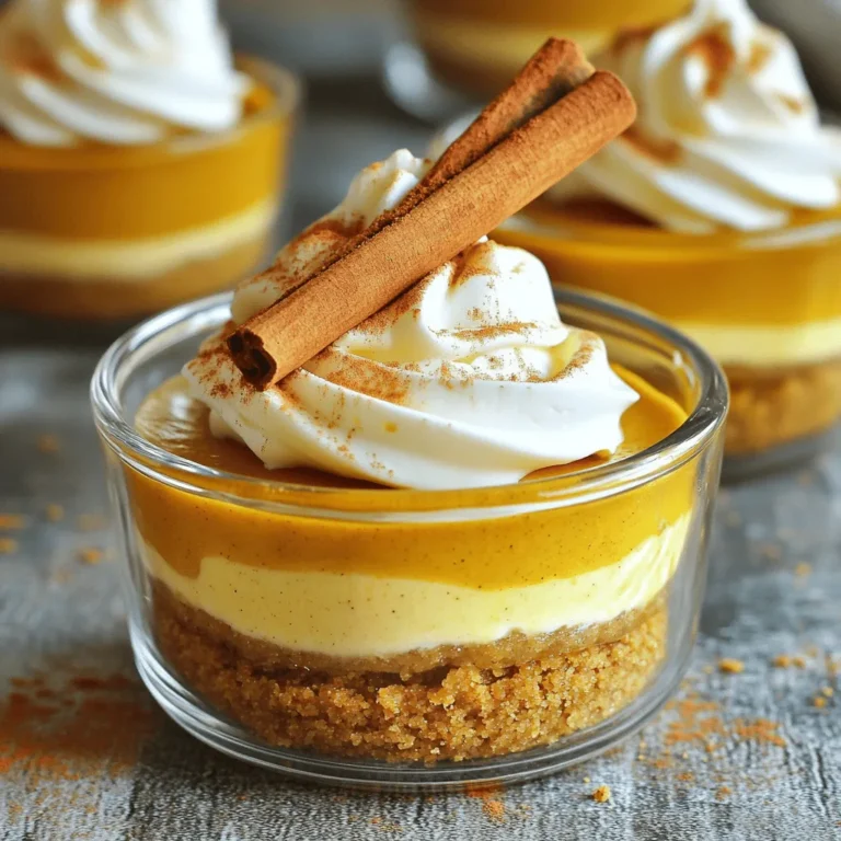 To make the no bake pumpkin cheesecake cups, gather these ingredients: - 1 cup graham cracker crumbs - 1/4 cup melted unsalted butter - 2 tablespoons sugar - 1 (8 oz) package cream cheese, softened - 1 cup pumpkin puree - 1/2 cup powdered sugar - 1 teaspoon vanilla extract - 1 teaspoon pumpkin pie spice - 1 cup heavy whipping cream - Whipped cream for topping - Cinnamon stick for garnish (optional) Choosing quality ingredients makes a big difference. For the cream cheese, pick a brand that is full-fat for the best taste. Use fresh pumpkin puree for a richer flavor. If you can, select organic graham crackers. They often taste better and add more to your dessert. If you want a different crust, try using crushed cookies or nuts instead of graham crackers. Chocolate sandwich cookies also make a great base. For those who need dairy-free options, use vegan cream cheese. You can whip coconut cream instead of heavy cream. This gives a nice texture while keeping it dairy-free. To start, we need to prep the crust and base mixture. In a medium bowl, combine these ingredients: - 1 cup graham cracker crumbs - 1/4 cup melted unsalted butter - 2 tablespoons sugar Mix until the crumbs look like wet sand. This is your crust. Next, we make the cheesecake filling. In another bowl, beat one package of softened cream cheese until smooth. Then, add: - 1 cup pumpkin puree - 1/2 cup powdered sugar - 1 teaspoon vanilla extract - 1 teaspoon pumpkin pie spice Beat this mixture until it’s fully combined and smooth. Now, we need to fold in some whipped cream. In a separate bowl, whip 1 cup of heavy cream until stiff peaks form. Gently add it to the pumpkin mixture. Be careful not to deflate the whipped cream! Now we assemble our cups. Spoon about 2 tablespoons of the crust mixture into the bottom of each serving cup. Press it down gently to form a nice layer. Next, take the creamy pumpkin mixture and spoon it on top of the crust, filling each cup until it's about 3/4 full. For smooth layering, make sure to spread the filling evenly. You can use the back of a spoon or a small spatula to help. Refrigerate the cups for at least 4 hours. If you can, leave them overnight. This lets the flavors blend and the cheesecake set nicely. For best practices, cover the cups with plastic wrap or a lid while they chill. This keeps them fresh and prevents any unwanted odors from your fridge. Enjoy the tasty treat once they are set! To avoid lumps in your cream cheese mixture, make sure to soften the cream cheese well. I suggest letting it sit at room temperature for about 30 minutes. This helps it blend smoothly. If you forget, you can microwave it for 10 seconds. Just be careful not to melt it. The best temperature for all ingredients is room temperature. Both the cream cheese and pumpkin puree should be warm. This helps them mix together better, creating a creamy texture. If the heavy cream is cold, whip it until stiff peaks form. Cold cream whips up light and fluffy, adding volume to your cheesecake cups. You can get creative with how you present these dessert cups. Use clear glass jars or pretty ramekins to show off the layers. Top each cup with a generous dollop of whipped cream. A sprinkle of cinnamon adds a nice touch. You can also add a cinnamon stick for a lovely garnish. These no-bake pumpkin cheesecake cups are great for many occasions. They shine at fall parties, Thanksgiving, or even cozy family dinners. Kids love them too! You can make them ahead of time, which saves you stress on special days. One common mistake is over-mixing the cream cheese and pumpkin mixture. This can make it too runny. Mix just until smooth; don’t go beyond that. Another error is not letting the cups chill long enough. They need at least four hours to set properly. When adjusting sweetness, taste your mixture first. If it’s too sweet, add a pinch of salt. This can balance the flavors well. If you want more spice, add a bit more pumpkin pie spice. Just remember, a little goes a long way! To find the full recipe, check the section on ingredients and instructions. {{image_2}} You can easily change the flavor of these no-bake pumpkin cheesecake cups. One fun option is to add chocolate or caramel. Just swirl in some chocolate sauce or drizzle caramel on top. This twist adds a rich flavor and makes the cups even more special. If you're not a fan of pumpkin, there are other choices. You can use sweet potato puree or butternut squash puree. Both will give you a similar texture and flavor. You can also try mixing in spices like ginger or nutmeg for a new taste. If you need gluten-free options, it’s simple to adapt the crust. Use gluten-free graham crackers or ground nuts instead. Both work well and keep the crust tasty. For vegan adaptations, swap the cream cheese with a dairy-free version made from nuts or tofu. Use coconut cream instead of heavy cream for the filling. This way, everyone can enjoy the dessert, no matter their diet. You can find the full recipe online to get started on these delicious variations! To keep your no-bake pumpkin cheesecake cups fresh, store them in the fridge. Use an airtight container to prevent them from drying out. If you plan to eat them later, cover each cup with plastic wrap or a lid. These cups will stay fresh for up to 3 days in the fridge. After that, the texture may change, and they may lose some flavor. Yes, you can freeze the cheesecake cups! This is a great way to save some for later. To freeze, simply cover each cup tightly with plastic wrap, then aluminum foil. They will keep for about 2 months in the freezer. When you’re ready to enjoy them, take them out and let them thaw in the fridge overnight. This helps the texture stay smooth when you serve them. Enjoy these delightful treats anytime! For the full recipe, check the link above. No-bake pumpkin cheesecake cups last about 4 to 5 days in the fridge. Store them in an airtight container to keep them fresh. The flavors get better over time, but they are best enjoyed within that time frame. Yes, you can make these cups up to two days in advance. This makes them great for parties or busy days. Just store them in the fridge until you're ready to serve. If you add any toppings, do that right before serving for the best look. If you don’t have pumpkin pie spice, mix these spices instead: - 1 teaspoon cinnamon - 1/4 teaspoon nutmeg - 1/4 teaspoon ginger - 1/4 teaspoon allspice This mix gives a warm flavor similar to pumpkin pie spice. Sure! Here are some fun ideas: - Add a dollop of whipped cream on top. - Sprinkle with cinnamon or nutmeg. - Add a small cookie or chocolate on the side. - Use a cinnamon stick as a garnish. These little touches make the cups look special. Yes, you can use low-fat cream cheese. This option will still work well in the recipe. The cups may be a bit lighter but will still taste great. Just make sure it is softened for easy mixing. In this blog post, we explored the basics of making no-bake pumpkin cheesecake cups. We broke down the ingredients and provided tips for selecting the best ones. You learned about substitutes and alternatives that fit different diets. The step-by-step instructions guide you through preparation, assembly, and storage. Remember, practice makes perfect. Don't be afraid to try variations to match your taste. With these simple tips, you’ll create a delicious dessert that impresses everyone. Enjoy your cheesecake cups, and share your success!