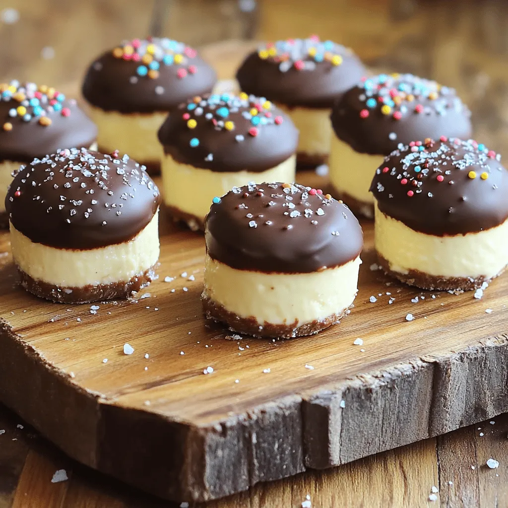 - 8 oz cream cheese - ½ cup powdered sugar - 1 tsp vanilla extract - 1 cup graham cracker crumbs - 1 cup semi-sweet chocolate chips - 2 tbsp coconut oil To start, you need cream cheese. It gives these bites their rich, buttery taste. Next, powdered sugar adds sweetness. Vanilla extract brings warmth and flavor depth. Graham cracker crumbs provide a nice crunch. For the chocolate coating, use semi-sweet chocolate chips. Lastly, coconut oil helps the chocolate melt smoothly and gives a nice shine. - Sea salt - Colorful sprinkles - Crushed nuts While the bites are tasty on their own, toppings can add a fun twist. A sprinkle of sea salt enhances the chocolate flavor. Colorful sprinkles make them festive. Crushed nuts add crunch and a different taste. You can mix and match these toppings to suit your style. Try the full recipe for the best results! Start by mixing the cream cheese, powdered sugar, and vanilla extract. Use an electric mixer for a smooth blend. You want the mix to be creamy and well combined. Next, fold in the graham cracker crumbs. This step adds texture and makes the filling hold together. The mixture should be thick enough to form into balls. Now, it's time to shape the mixture. Use a small cookie scoop or your hands to form bite-sized balls. Aim for about one inch in diameter. Place each ball on a baking sheet lined with parchment paper. Once you shape all the bites, freeze them for about 30 minutes. This helps them firm up, making the next steps easier. While the bites freeze, let's melt the chocolate. Combine the semi-sweet chocolate chips and coconut oil in a microwave-safe bowl. Microwave in 30-second intervals, stirring in between. Continue until the chocolate is fully melted and smooth. Remove the cheesecake bites from the freezer. Dip each bite into the melted chocolate using a fork. Make sure each bite is fully coated. Allow any extra chocolate to drip off before placing them back on the baking sheet. While the chocolate is still wet, feel free to sprinkle sea salt or add colorful sprinkles. Finally, refrigerate the bites for another 20-30 minutes to let the chocolate set. For the full recipe, check out the complete instructions to make these delicious treats. To get the right creaminess, use room-temperature cream cheese. Cold cream cheese makes it hard to mix. Blend the cream cheese, powdered sugar, and vanilla until smooth. For the best texture, chill the bites after shaping. This helps them hold their shape during dipping. Dipping can be messy, so I have some tips. First, use a fork to dip each bite. This lets excess chocolate drip off easily. You can also use a toothpick to help lift them. This keeps your hands clean. You might want to dip them twice for a thicker coat. For a fun presentation, place the bites on a colorful plate. You can also arrange them in a small tower. Pair these bites with coffee or milk for a tasty treat. If you want something extra, serve them with fresh fruit. They look great and taste amazing! {{image_2}} You can make your cheesecake bites even more fun. Try adding flavor extracts like: - Almond extract - Mint extract These flavors can change the taste of your bites. You can also use different types of chocolate. Dark chocolate gives a rich taste, while white chocolate adds sweetness. Each chocolate option offers a unique twist. If you need gluten-free options, use gluten-free graham crackers. They work just as well. You can also make vegan cheesecake bites. Replace cream cheese with a dairy-free option. Use coconut cream or cashew cream for a creamy texture. This way, everyone can enjoy these treats. You can make your cheesecake bites festive for any holiday. For Halloween, use orange sprinkles. For Christmas, add red and green toppings. You can also enhance the flavors with seasonal ingredients. Pumpkin spice can add a fall twist, while peppermint can give a winter vibe. These little changes can make your bites perfect for any occasion. For the full recipe, check out Decadent Chocolate Dipped Cheesecake Bites. To keep your chocolate dipped cheesecake bites fresh, store them in an airtight container in the fridge. This will help keep them from drying out. If you want to freeze them, place the bites in a single layer on a baking sheet. Once frozen, transfer them to a freezer-safe bag or container. This method prevents them from sticking together. These bites last about 3-5 days in the fridge. If you freeze them, they can last up to 2 months. Always check for signs of spoilage. If you see any discoloration or an off smell, it's best to toss them. For thawing, move the bites from the freezer to the fridge. Let them thaw overnight for the best results. Avoid using a microwave, as it can change the texture. Enjoy them chilled for a perfect treat! You can make these bites a day before your event. Store them in an airtight container in the fridge. To keep them extra fresh, place parchment paper between layers. If you want to freeze them, do so after coating in chocolate. They can last up to three months in the freezer. Just remember to let them sit at room temperature for a few minutes before serving. This helps regain their creamy texture. Yes, you can use white chocolate! It gives a sweeter taste. If you love vanilla flavors, white chocolate works well. However, it lacks the rich depth of semi-sweet chocolate. For a fun twist, mix in some crushed cookies or nuts with the white chocolate. Look for these bites at local bakeries, especially those that focus on desserts. Many bakeries offer them as seasonal items or special treats. If you prefer online, check popular dessert delivery services. They often have options for same-day delivery in your area. No-bake cheesecake is light and creamy. It relies on whipped cream and gelatin to set. Regular cheesecake, on the other hand, is baked. It has a denser texture, thanks to eggs and cream cheese. Both styles are delicious, but they offer different mouthfeels. In this post, we explored how to make delicious chocolate-dipped cheesecake bites. You learned about essential ingredients, like cream cheese and chocolate. We covered step-by-step instructions to create and freeze your treat. I shared tips for perfecting the texture and showing off your bites. In the end, you can customize your cheesecake with flavors and toppings. Whether for a party or a simple snack, these bites are sure to impress. Enjoy making and sharing this tasty treat with friends and family!