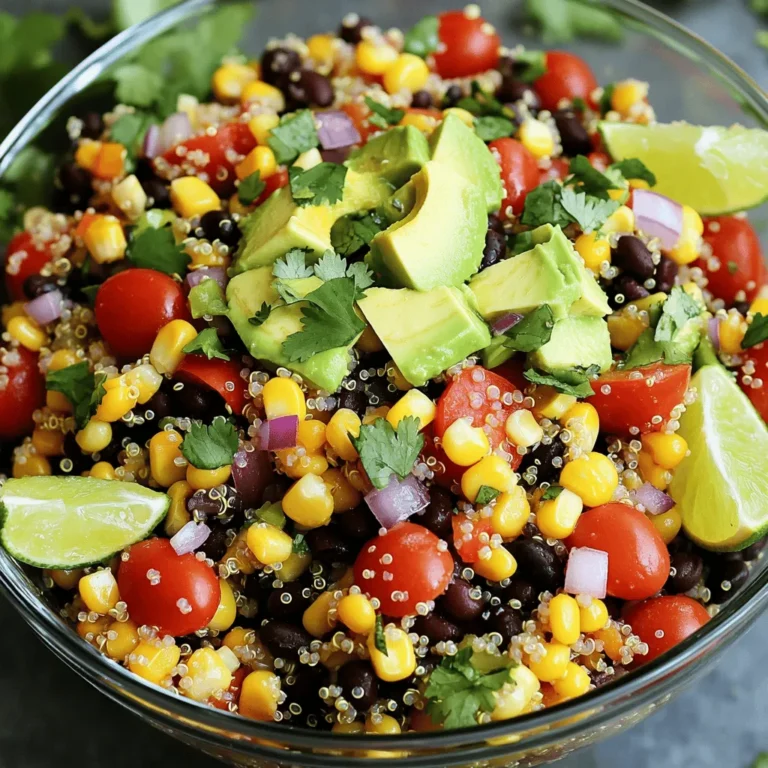 - 1 cup quinoa, rinsed - 2 cups vegetable broth - 1 can (15 oz) black beans, rinsed and drained - 1 cup corn (fresh, frozen, or canned) - 1 red bell pepper, diced - 1 small red onion, finely chopped - 1 jalapeño, seeded and minced - 1 cup cherry tomatoes, halved - 1 avocado, diced - 1/4 cup fresh cilantro, chopped - 3 tablespoons lime juice - 2 tablespoons olive oil - 1 teaspoon cumin - 1 teaspoon smoked paprika - Salt and pepper to taste For the Spicy Southwest Quinoa Salad, I focus on fresh and vibrant ingredients. Quinoa serves as a nutritious base. The vegetable broth adds depth of flavor. Black beans offer protein and fiber, while corn brings sweetness. Diced red bell pepper adds crunch and color. Next, I incorporate more texture. The small red onion gives a mild bite. A minced jalapeño enhances the heat for a spicy kick. Halved cherry tomatoes pop with juiciness, and diced avocado lends creaminess. Finally, fresh cilantro ties it all together with an herbal note. The dressing is simple yet zesty. Lime juice brightens the salad. Olive oil adds richness, and cumin with smoked paprika brings warmth. A sprinkle of salt and pepper rounds out the flavors. Check out the Full Recipe for detailed steps on mixing these ingredients into a delicious meal. - Combine rinsed quinoa and vegetable broth in a medium saucepan. - Bring to a boil, then simmer, cover, and cook for 15 minutes. Let the quinoa absorb the broth until fluffy. This step is key for great flavor. - In a large bowl, combine black beans, corn, red bell pepper, onion, jalapeño, tomatoes, and avocado. - Stir in the cooled quinoa. This mix creates a colorful and tasty base. - Whisk together lime juice, olive oil, cumin, smoked paprika, salt, and pepper. - Pour the dressing over the salad and toss. This dressing adds a zesty kick. - Gently fold in chopped cilantro. - Allow the salad to rest for at least 15 minutes. Resting helps flavors blend well. For the full recipe, check the earlier section! Enjoy your fresh and spicy salad! - Use fresh ingredients for the best taste. - Allow the salad to rest to let flavors meld. Using fresh ingredients makes a big difference. Fresh veggies pop with flavor and texture. Ripe tomatoes, crunchy peppers, and zesty cilantro bring life to the dish. A few minutes of rest after mixing lets the flavors blend. This step makes each bite even tastier. - Select ripe avocados for creaminess. - Optionally, add nuts or seeds for crunch. Ripe avocados add a smooth creaminess that complements the salad's other textures. Choose ones that yield slightly when pressed. For a fun twist, consider adding nuts or seeds. Toasted pumpkin seeds or chopped walnuts add a great crunch. - Serve chilled or at room temperature. - Garnish with cilantro and lime wedges. This salad is versatile. Serve it chilled for a refreshing meal or at room temp for a casual vibe. Garnishing with fresh cilantro and lime wedges adds a bright finish. It not only looks good but also enhances the flavor. For the full recipe, check out the instructions above. {{image_2}} You can keep the salad vegan by using the original ingredients. This salad is already packed with flavor and nutrients. If you want more protein, consider adding tofu. Tofu absorbs flavors well, making it a great choice. If you eat meat, try adding grilled chicken or shrimp. These options will enhance the protein content. Black olives are another tasty addition for flavor. They add a salty kick that pairs well with the other ingredients. Want to switch things up? Substitute lime juice with lemon juice for a fresh twist. This change brightens the salad in a new way. You can also add spices like chili powder for extra heat. Adjust the spice level to fit your taste. To keep your Spicy Southwest Quinoa Salad fresh, store it in an airtight container. This helps keep out air and moisture. The salad tastes best when eaten within three days. After that, the flavors may fade, and the veggies may get soggy. If you need to save it for later, you can freeze the salad. However, freezing can change the texture of some ingredients. To thaw, place it in the fridge overnight. Before serving, stir it well to mix the flavors. Meal prepping is a smart way to save time. Make a double batch of the salad for easy lunches or dinners. Store the dressing in a separate container to keep the salad crisp. Combine everything right before you eat to enjoy the best taste. For the full recipe, refer to the complete guide above. The total time to make this salad is 30 minutes. You’ll spend about 15 minutes prepping the ingredients. This recipe serves 4 to 6 people, so it’s perfect for sharing. Yes, you can make this salad ahead of time. Just store it in the fridge. The flavors will blend well if you let it sit for a few hours or even overnight. If you don’t have quinoa, try brown rice or farro. Both options have a nice texture and flavor. They work well with the other ingredients in the salad. Yes, this salad is gluten-free. All the ingredients used are naturally gluten-free. This makes it a great choice for anyone with gluten sensitivities. You can boost the protein by adding canned chickpeas or grilled chicken. Feta cheese also adds a nice touch. Each option complements the salad's flavors well. For the full recipe, check out the detailed instructions and ingredients list. This blog post covered everything you need to know about Spicy Southwest Quinoa Salad. You learned about its key ingredients, step-by-step instructions for making it, and tips for enhancing flavor and texture. Remember, you can tweak this recipe to fit your taste, whether it's adding protein or trying new spices. Simple storage tips help you enjoy leftovers easily. This salad is fresh, tasty, and perfect for any meal. Try it out and enjoy a healthy, flavorful dish!