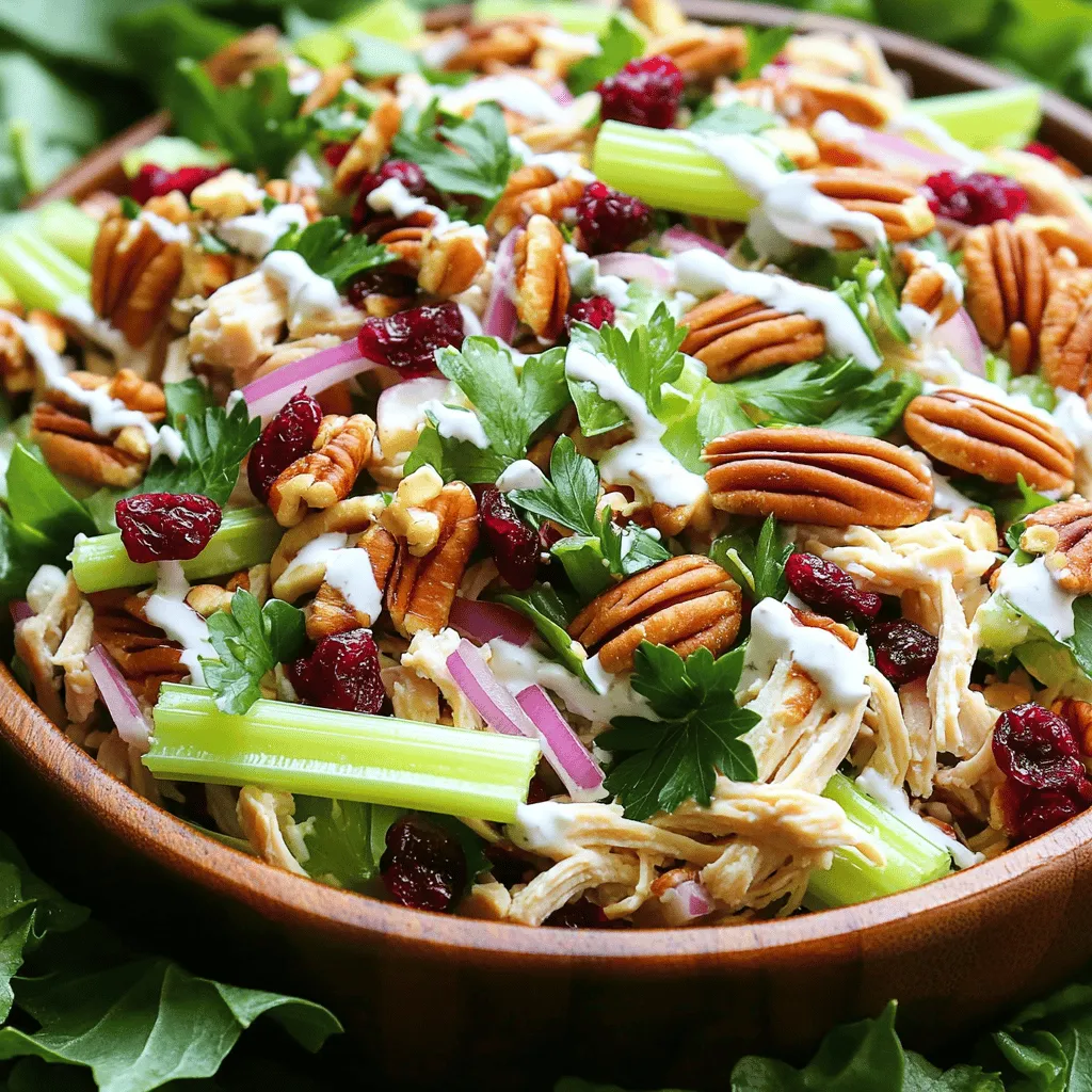 To make the perfect Cranberry Pecan Chicken Salad, gather these simple items: - 2 cups cooked chicken breast, shredded - 1 cup celery, finely chopped - 1/2 cup red onion, finely diced - 1/2 cup dried cranberries - 1/2 cup pecans, chopped - 1/2 cup Greek yogurt - 1 tablespoon honey - 1 tablespoon Dijon mustard - Salt and pepper to taste - 2 tablespoons fresh parsley, chopped (for garnish) You can adjust the amounts to fit your taste. If you want less chicken, use 1 cup. For more crunch, add an extra 1/4 cup of pecans. If you like it sweeter, add more honey. You can swap Greek yogurt for mayonnaise if you prefer. That will change the flavor but still taste good. Using fresh ingredients makes a big difference. Fresh celery adds a nice crunch, while fresh parsley gives a bright taste. Dried cranberries bring sweetness and chewiness. If you can, choose fresh chicken, but rotisserie chicken works well too. It saves time and still tastes great. Just make sure to shred it before mixing. This blend of fresh and dried makes the salad fresh and flavorful. To make the cranberry pecan chicken salad, you need to gather all your ingredients. This recipe takes about 15 minutes to prep and 30 minutes to chill. You will enjoy a fresh and flavorful dish that serves four people. Use cooked chicken breast, as it saves time and adds great taste. Start by shredding 2 cups of cooked chicken breast. Place it in a large mixing bowl. Next, finely chop 1 cup of celery and add it to the bowl. Then, finely dice 1/2 cup of red onion. This onion brings a nice crunch and sharp taste. Now, add 1/2 cup of dried cranberries and 1/2 cup of chopped pecans. The cranberries add sweetness, while the pecans bring a rich flavor. Mix all these ingredients well. In a small bowl, whisk together 1/2 cup of Greek yogurt, 1 tablespoon of honey, and 1 tablespoon of Dijon mustard. This dressing is creamy and tangy, perfect for our salad. Make sure to blend it until smooth. Once the dressing is ready, pour it over the chicken mixture. Gently fold the dressing into the salad until every piece is coated. Season with salt and pepper to taste. Cover the bowl and refrigerate for at least 30 minutes. This step helps the flavors meld beautifully. When you're ready to serve, stir the salad gently and garnish with 2 tablespoons of fresh parsley. Enjoy your cranberry pecan chicken salad on leafy greens, in a sandwich, or with whole-grain crackers. For the full recipe, check out the details above! To make your cranberry pecan chicken salad burst with flavor, use fresh ingredients. Fresh chicken gives a better taste than frozen. Add crispy celery for crunch. Use sweet, plump dried cranberries. Toast your pecans lightly for a deeper flavor. When mixing, fold gently to keep the chicken tender. This salad improves after chilling. Let it sit for at least 30 minutes. This time allows the flavors to blend well. Meal prep helps save time and makes cooking easier. Cook and shred chicken ahead of time. Store it in the fridge for up to three days. Chop celery and onion in advance to speed up your process. I suggest making a big batch of the salad. Store it in an airtight container. This keeps it fresh for lunch or dinner. If you plan to serve it later, wait to add the dressing. This way, the salad stays crisp. This salad is very versatile. You can serve it on a bed of leafy greens. It also works well in a sandwich or wrap. Try it with whole-grain crackers for a crunchy snack. For a festive touch, sprinkle with extra parsley. To add a twist, serve it with a side of fruit. A fresh fruit salad pairs nicely with this dish. You can find the full recipe in the article. {{image_2}} You can switch up the protein in this salad for variety. If you want a different taste, use turkey instead of chicken. You can also try shredded rotisserie chicken. It adds great flavor and saves time. For a twist, use canned tuna or salmon. Both options work well and add a nice touch to the dish. Adding extra ingredients can take your salad to the next level. Consider adding diced apples or grapes for a sweet crunch. You can also toss in some shredded carrots for color and texture. Want some spice? Try adding chopped jalapeños or a dash of cayenne pepper. These small changes can make a big flavor difference. If you want a vegan version, replace chicken with chickpeas or tofu. Mash the chickpeas slightly for better texture. You can also use vegan yogurt in place of Greek yogurt. This keeps the dish creamy and delicious. For a vegetarian twist, add roasted vegetables. Think zucchini or bell peppers for added flavor and nutrients. Feel free to mix and match these ideas to make your perfect Cranberry Pecan Chicken Salad. For the complete recipe, refer to the Full Recipe section above. To keep your cranberry pecan chicken salad fresh, store it in an airtight container. This helps prevent moisture loss and stops other smells from getting in. Place it in the fridge right after making it. It tastes best after it sits for at least 30 minutes. This allows the flavors to mix well. You can freeze the chicken salad, but it may change texture. If you plan to freeze it, leave out the pecans and Greek yogurt before freezing. Use a freezer-safe container and label it with the date. This way, you can enjoy it later. When ready to eat, thaw it overnight in the fridge. Add the yogurt and pecans just before serving. The chicken salad stays good in the fridge for about 3 to 4 days. After that, it may not taste as good. If you notice any off smells or colors, it's best to throw it away. Individually, the ingredients have different shelf lives: - Cooked chicken: 3 to 4 days - Celery: 1 to 2 weeks - Red onion: 1 to 2 months - Dried cranberries: up to 1 year - Pecans: 6 months to 1 year if stored properly Always check the dates on your ingredients. This helps ensure your cranberry pecan chicken salad remains safe and tasty. For the full recipe, check the earlier section. You can make this salad ahead of time. Just follow these steps: - Prepare the salad as directed. - Mix all the ingredients well. - Store it in an airtight container. - Place it in the fridge for up to two days. The flavors deepen as it sits. This makes it even tastier! When serving, stir it gently. You can also add fresh parsley for a bright touch. Yes, you can use store-bought rotisserie chicken. It saves time and adds great flavor. Just shred the chicken into bite-sized pieces. Rotisserie chicken is often juicy and well-seasoned. This can enhance your salad. Remember to remove the skin if you prefer less fat. Using rotisserie chicken makes this dish quick and easy. Many side dishes go well with cranberry pecan chicken salad. Here are a few ideas: - Leafy green salad - Fresh fruit platter - Whole-grain crackers - Vegetable sticks with hummus - Quinoa salad These sides add texture and balance to your meal. You can mix and match them based on what you have. For a full meal, try serving the salad in a sandwich. Enjoy the flavors together! You can find the full recipe for cranberry pecan chicken salad above. This blog post covered how to make a delicious chicken salad. We explored the best ingredients, measures, and substitutions. I shared step-by-step instructions to mix your salad and create a tasty yogurt dressing. You learned tips for flavor, meal prep, and serving ideas. We also discussed variations with different proteins and adaptations for dietary needs. Finally, I provided storage tips and answered common questions. Use these insights to make your meal prep easy and fun! Enjoy your chicken salad journey!