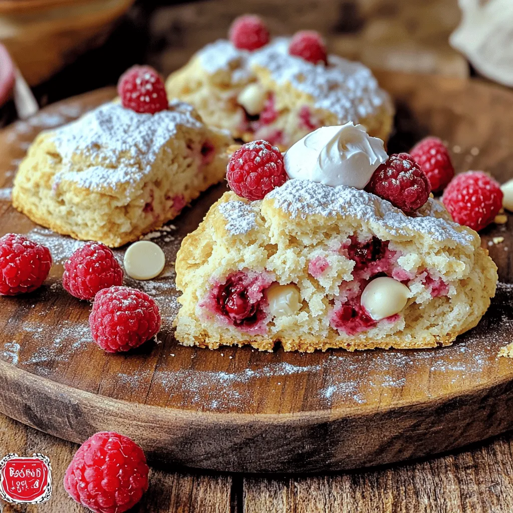 To make these tasty Raspberry White Chocolate Scones, you need the following ingredients: - 2 cups all-purpose flour - 1/4 cup granulated sugar - 1 tablespoon baking powder - 1/2 teaspoon salt - 6 tablespoons cold unsalted butter, cubed - 1/2 cup white chocolate chips - 1 cup fresh raspberries - 3/4 cup heavy cream - 1 teaspoon vanilla extract - 1 egg, beaten (for egg wash) These ingredients work together to create a soft and flavorful scone. The sweet white chocolate pairs perfectly with the tart raspberries. You can easily switch some ingredients if you need to. Here are a few ideas: - Replace all-purpose flour with gluten-free flour for a gluten-free option. - Use brown sugar instead of granulated sugar for a deeper flavor. - Substitute almond milk or oat milk for heavy cream. - If you can’t find white chocolate, use dark chocolate or semi-sweet chocolate. - For a dairy-free version, use coconut oil instead of butter. These swaps can change the flavor and texture a bit, but they still taste great! I recommend using fresh raspberries for the best flavor and texture. Fresh berries are juicy and sweet. They also hold their shape better while baking. However, frozen raspberries can work too. Just make sure to thaw them and drain excess liquid before adding them to the dough. This helps prevent the dough from getting too wet. Both options bring a delicious touch to these scones! To make these scones, start by gathering your ingredients. You need: - 2 cups all-purpose flour - 1/4 cup granulated sugar - 1 tablespoon baking powder - 1/2 teaspoon salt - 6 tablespoons cold unsalted butter, cubed - 1/2 cup white chocolate chips - 1 cup fresh raspberries - 3/4 cup heavy cream - 1 teaspoon vanilla extract - 1 egg, beaten (for egg wash) First, preheat your oven to 400°F (200°C). Line a baking sheet with parchment paper to prevent sticking. In a large mixing bowl, sift together your flour, sugar, baking powder, and salt. This mixes the dry ingredients well. Next, add the cold butter to the flour mix. Use a pastry cutter or your fingers to mix until it looks like coarse crumbs. Now, gently fold in the white chocolate chips and fresh raspberries. Be careful not to mash the berries as you mix. In another bowl, whisk together the heavy cream and vanilla extract. Slowly pour this into the dry mixture. Stir until just combined; don’t overwork the dough. Turn the dough out onto a light floured surface. Shape it into a circle about 1 inch thick. Cut this circle into 8 wedges, like slicing a pizza. Place your scones on the prepared baking sheet. Brush the tops with the beaten egg for a shiny finish. Now, bake them in the preheated oven for 18-20 minutes. They should turn golden brown. Once baked, let them cool on the sheet for a few minutes. After that, move them to a wire rack to cool completely. To check if your scones are done, look for a golden color on top. You can also gently tap the bottom; it should feel firm and sound hollow. If you’re unsure, you can bake them for a few extra minutes. Enjoy these Raspberry White Chocolate Scones warm, dusted with powdered sugar. You can even serve them with clotted cream or yogurt for a special treat! For the complete recipe, refer to the Full Recipe section. To make great scones, focus on the dough. You want it to be soft but not sticky. Use cold butter. It helps keep the dough light. Mix the ingredients gently. Overworking the dough makes scones tough. Stop mixing as soon as the dough comes together. Then, fold in the raspberries carefully to keep them whole. Baking temperature is key. Preheat your oven to 400°F (200°C). This heat gives the scones a nice rise. Use a baking sheet lined with parchment paper. It prevents sticking and helps with even baking. Keep an eye on the time. Bake for 18-20 minutes until they turn golden brown. Let them cool for a few minutes before moving them. Want to boost the taste? Add a pinch of lemon zest to the dough. It brightens the flavor of the raspberries. For extra sweetness, sprinkle some sugar on top before baking. You can also try different fillings. Swap raspberries for blueberries or add nuts for crunch. These simple changes make each batch unique. For the full recipe, check the earlier sections! {{image_2}} You can switch things up with different fruits or chocolates. Try blueberries instead of raspberries for a sweet twist. Cherries work well too. If you love chocolate, replace white chocolate with dark chocolate chips. You can mix and match to find your favorite combination. Adding lemon zest can brighten the flavor even more. Each choice gives a new taste to your scones. Making gluten-free scones is easy. Use a gluten-free flour blend instead of all-purpose flour. Make sure the blend has xanthan gum. This helps with texture and structure. Follow the same steps as the original recipe. You will still get a soft and tasty scone. They may not rise as high, but they will be delicious and enjoyable. Adding spices can make your scones unique. Try cinnamon or nutmeg for warmth. A dash of cardamom can add an exotic touch. You can also use zests from oranges or lemons. The citrus zest brightens the flavors and adds freshness. Just a little sprinkle can make a big difference. Experiment to find the perfect balance for your taste. For the full recipe and more, check out the detailed ingredient list and step-by-step instructions. To keep your scones fresh, place them in an airtight container. If you have leftovers, let them cool completely first. Storing them warm can make them soggy. Keep the container at room temperature for up to two days. If you want to keep them longer, consider freezing them instead. When you want to enjoy your scones again, reheating is simple. Preheat your oven to 350°F (175°C). Place the scones on a baking sheet. Heat them for about 5-10 minutes, until warm. This method keeps them soft and fluffy. You can also use a microwave, but be careful. Heat them in short bursts of 10-15 seconds to avoid making them tough. Freezing scones is a great way to enjoy them later. Start by letting the scones cool completely. Wrap each scone in plastic wrap or aluminum foil. Then, place them in a zip-top freezer bag. They can last up to three months in the freezer. When you're ready to eat, just thaw them overnight in the fridge before reheating. Enjoy the delightful taste of fresh-baked scones anytime! For the complete recipe, check the Full Recipe section. Yes, you can use dark or milk chocolate instead of white. Each type adds a unique taste. Dark chocolate gives a rich flavor, while milk chocolate is sweeter. Experiment and find what you like best! Scones may not rise if the baking powder is old or if the dough is overmixed. Always check the expiration date on your baking powder. Mix the dough gently, just until combined, to keep it light and fluffy. Scones are done when they turn a light golden brown. Use a toothpick to check the center. If it comes out clean, your scones are ready. They should also feel firm to the touch. These scones pair well with clotted cream or vanilla yogurt. You can also serve them with fruit preserves or a hot cup of tea. The sweet and tart flavors complement each other beautifully. Homemade scones last about 2 to 3 days at room temperature. To keep them fresh, store them in an airtight container. You can also freeze scones for up to 3 months for later enjoyment. When making Raspberry White Chocolate Scones, using the right ingredients is key. Here’s what you will need: - 2 cups all-purpose flour - 1/4 cup granulated sugar - 1 tablespoon baking powder - 1/2 teaspoon salt - 6 tablespoons cold unsalted butter, cubed - 1/2 cup white chocolate chips - 1 cup fresh raspberries - 3/4 cup heavy cream - 1 teaspoon vanilla extract - 1 egg, beaten (for egg wash) These ingredients create a perfect blend of flavors and textures. Let’s dive deeper into each component. 1. All-Purpose Flour: This provides the base for the scones. It gives them structure and helps them rise. 2. Granulated Sugar: It adds sweetness. You can adjust it based on your taste. 3. Baking Powder: This is the leavening agent. It helps the scones become fluffy. 4. Salt: A small amount enhances the flavors. It balances the sweetness. 5. Cold Unsalted Butter: This is crucial for flaky scones. Cold butter creates layers when baked. 6. White Chocolate Chips: They add a creamy, sweet flavor. Use high-quality chips for the best taste. 7. Fresh Raspberries: These provide a burst of tartness. Fresh berries are ideal, but frozen can work too. 8. Heavy Cream: This adds richness and moisture. It keeps the scones tender. 9. Vanilla Extract: It adds depth to the flavor. Use pure vanilla for the best results. 10. Egg (for egg wash): This gives the scones a lovely golden color. It adds a nice shine. You can modify this recipe with ease. Here are some ideas: - Swap all-purpose flour for whole wheat flour for a nuttier flavor. - Use brown sugar instead of granulated sugar for a richer taste. - Substitute butter with coconut oil for a dairy-free option. - Replace fresh raspberries with blueberries or chopped strawberries for variety. - Use almond milk or oat milk in place of heavy cream for a lighter scone. Fresh raspberries are best for this recipe. They have a bright flavor and a juicy texture. However, if fresh raspberries are not available, frozen ones can work. When using frozen raspberries, do not thaw them before mixing. This helps keep their shape and prevents the dough from turning too wet. These detailed insights into the ingredients will help you create delightful Raspberry White Chocolate Scones. For the complete recipe, check the Step-by-Step Instructions section. You learned about the key ingredients and steps to make Raspberry White Chocolate Scones. We covered tips for a perfect dough and ways to customize your scones with different flavors. Plus, we discussed storage options to keep them fresh. Enjoy baking these scones, whether for a treat or special occasion. With these tips, your scones will impress everyone. Happy baking!