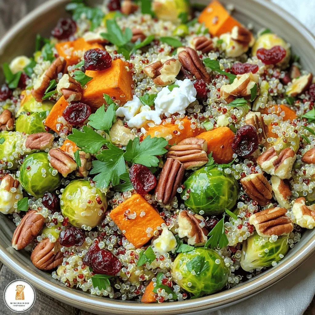 To make a tasty Harvest Quinoa Salad, gather these items: - 1 cup quinoa, rinsed - 2 cups vegetable broth - 1 medium sweet potato, peeled and diced - 1 cup Brussels sprouts, trimmed and halved - 1/2 cup dried cranberries - 1/2 cup pecans, roughly chopped - 1/4 cup feta cheese, crumbled (optional) - 1/4 cup olive oil - 2 tablespoons apple cider vinegar - 1 teaspoon maple syrup - Salt and pepper to taste - Fresh parsley for garnish I love using seasonal ingredients for this salad. In fall, sweet potatoes and Brussels sprouts shine. They add warmth and flavor. You can also swap in seasonal greens, like kale or spinach, in winter. Fresh herbs like basil or dill can liven up the salad in spring and summer. Always choose vibrant, local produce when you can. It’s fresher and tastes better! Feel free to personalize your Harvest Quinoa Salad! Here are some fun ideas: - Add grilled chicken or chickpeas for protein. - Toss in diced apples or pears for sweetness. - Use walnuts instead of pecans for a different crunch. - Try different cheeses like goat cheese for a tangy twist. - Add chopped bell peppers or cucumbers for extra freshness. With these ingredients and ideas, you can make a salad that fits your taste and the season perfectly. For the full recipe, check the details above! First, gather your ingredients. You will need quinoa, sweet potatoes, Brussels sprouts, cranberries, and pecans. Rinse the quinoa under cold water. This step helps remove any bitter taste. Preheat your oven to 400°F (200°C). This ensures your veggies roast well. In a medium saucepan, add the rinsed quinoa and vegetable broth. Bring this mix to a boil. Once boiling, reduce the heat to low. Cover the pan and let it simmer for 15 minutes. After this time, check if the quinoa absorbed all the broth. If it did, fluff it with a fork and set it aside. This method gives you light and fluffy quinoa. Now, let’s prepare the sweet potatoes and Brussels sprouts. Peel and dice one medium sweet potato. Trim and halve one cup of Brussels sprouts. Toss them on a baking sheet with one tablespoon of olive oil, salt, and pepper. Spread them out evenly. Place the sheet in the oven for 25-30 minutes. Stir them halfway through to ensure even roasting. When done, they should be tender and slightly caramelized. This roasting brings out their natural sweetness. For the full method, check the Full Recipe. To fluff quinoa well, first rinse it under cold water. This removes any bitter taste. After cooking, let it sit covered for a few minutes. Then, use a fork to gently fluff the grains. This method helps keep quinoa light and airy. A well-fluffed quinoa adds texture to your Harvest Quinoa Salad. You can change the dressing to suit your taste. Try adding lemon juice for brightness or tahini for creaminess. A bit of Dijon mustard can give it a nice kick. For a sweet twist, use honey instead of maple syrup. These dressing variations can make your salad unique each time. Serve your Harvest Quinoa Salad in a large bowl. Arrange the ingredients neatly for a lovely look. Top with fresh herbs or extra feta for color. You can also add sliced avocado for creaminess. This not only enhances taste but also makes the dish more filling. Enjoy it chilled or at room temperature for the best flavor. {{image_2}} If you want a vegan Harvest Quinoa Salad, skip the feta cheese. You can add nutritional yeast for a cheesy taste without dairy. Another great option is to use avocado for creaminess. It adds healthy fats too. You might try a tahini dressing made from tahini, lemon juice, and garlic. This dressing will give your salad a rich flavor. This salad is naturally gluten-free since quinoa is a safe grain. If you want to add more texture, try using cooked lentils or chickpeas. They boost protein and fiber. You can also include roasted butternut squash instead of sweet potatoes for a different taste. Just remember to check labels for any packaged ingredients to ensure they are gluten-free. Herbs and spices can make your quinoa salad shine. Fresh herbs like basil, cilantro, or mint add brightness. You can also sprinkle in cumin or smoked paprika for a warm touch. If you like heat, add a pinch of cayenne or red pepper flakes. For an earthy flavor, try mixing in some ground turmeric. Using these enhancements will lift your salad's taste and make it even more enjoyable. To keep your Harvest Quinoa Salad fresh, store it in an airtight container. This helps keep moisture locked in while preventing any odors from other foods in the fridge. Make sure to chill the salad within two hours after making it. It can stay fresh for about 3 to 5 days. If you see any signs of spoilage, it’s best to throw it out. If you want to save some salad for later, freezing is a great option. However, quinoa can change texture when frozen. I recommend freezing the salad without the dressing. Place the salad in a freezer-safe container. It can last up to three months in the freezer. When you’re ready to eat, just thaw it in the fridge overnight. When it’s time to enjoy your leftovers, avoid the microwave if you can. It may dry out the salad. Instead, take out the salad and let it sit at room temperature for 15 to 30 minutes. If you prefer it warm, heat the quinoa in a pan on low heat. Stir gently until warmed through. Add fresh dressing afterward for the best flavor. For the full recipe, check out the Harvest Quinoa Salad section above. Quinoa is a superfood packed with nutrition. It is high in protein, making it great for muscle health. Quinoa also has fiber, which aids digestion and keeps you full longer. It contains vitamins like B and E, plus essential minerals such as magnesium and iron. This grain is also gluten-free, making it safe for those with gluten intolerance. Eating quinoa can help support heart health and reduce the risk of chronic diseases. Yes, you can prepare this salad ahead of time. Making it a day in advance can enhance the flavors. Just store it in the fridge in an airtight container. If you do this, wait to add the dressing until right before serving. This keeps the ingredients fresh and crunchy. Harvest Quinoa Salad lasts about 3 to 5 days in the fridge. Store it in a tightly sealed container to keep it fresh. If you notice any changes in smell or texture, it's best to toss it. Always check for signs of spoilage before enjoying leftovers. In this article, we covered the key ingredients for a delicious Harvest Quinoa Salad. You learned about seasonal options and fun add-ins for flavor. I provided step-by-step directions that help in preparing and cooking the quinoa and veggies just right. You also explored tips for serving and storing your salad. Final thoughts: Customize your dish with variations that suit your taste. Enjoy creating your unique salad!