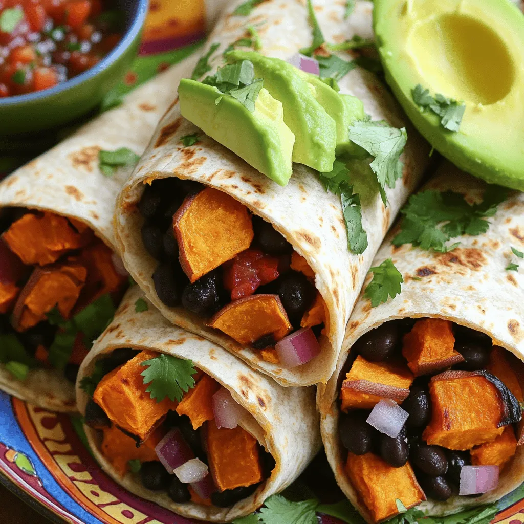 - 2 medium sweet potatoes, peeled and diced - 1 can (15 oz) black beans, rinsed and drained - 1 cup cooked quinoa - 1 red bell pepper, diced - 1 small red onion, finely chopped - 2 cloves garlic, minced - 1 teaspoon cumin - 1 teaspoon smoked paprika - 1 teaspoon chili powder - Salt and pepper, to taste - 4 large whole wheat tortillas - 1 avocado, sliced - Fresh cilantro, for garnish - Salsa, for serving These ingredients create a tasty blend of flavors. Sweet potatoes add natural sweetness. Black beans boost protein and fiber. Quinoa adds a nice texture and is also high in protein. The red bell pepper and onion give the burritos crunch. Garlic, cumin, smoked paprika, and chili powder create a warm spice mix. You can find all these ingredients at your local store. Fresh cilantro and ripe avocados enhance the flavor and look. I love using whole wheat tortillas for added nutrition. They make these burritos more filling and satisfying. If you want a twist, feel free to swap some items. You can use corn tortillas or add other veggies. This recipe is flexible, so enjoy making it your own! Check out the Full Recipe for a complete guide. - Preheat your oven to 400°F (200°C). - Take the sweet potatoes and peel them. Dice them into small cubes. - In a bowl, toss the diced sweet potatoes with olive oil and spices. - Add cumin, smoked paprika, chili powder, salt, and pepper. Mix well. - Spread the seasoned sweet potatoes on a baking sheet. - Roast them in the oven for about 25-30 minutes. They should be tender and caramelized. - Heat a large skillet over medium heat. - Add olive oil to the skillet. Once hot, toss in the chopped onion and bell pepper. - Cook them for about 5-7 minutes until they are soft. - Next, add the minced garlic and sauté for another minute. This adds a lovely aroma. - In a large bowl, combine the roasted sweet potatoes, sautéed onion, bell pepper, black beans, and cooked quinoa. - Mix everything together and adjust the seasoning if needed. - Warm the tortillas in a dry skillet for about 30 seconds on each side. This makes them soft. - Place a portion of the mixture in the center of each tortilla. - Top with sliced avocado and fresh cilantro. - Fold the sides over the filling and roll tightly to secure. - If you want, heat the filled burritos in the skillet for 1-2 minutes on each side. This will crisp them up nicely. - Serve with salsa on the side. For the full recipe, check out the details above. Enjoy your cooking! - Adjust seasoning to taste. Start with the spices in the recipe. Taste as you mix. You can add more salt, pepper, or spices to make it yours. - Crisping burritos in the skillet adds a nice touch. After rolling, heat a skillet on medium. Cook each side for 1-2 minutes until golden. - Garnish with cilantro for a fresh look. Sprinkle it on top right before serving. It adds color and flavor. - Serve with salsa for visual appeal. Use a colorful bowl to hold the salsa. It makes your meal more inviting. - Overfilling the burrito can make it hard to roll. Keep the filling to about a cup. This way, you can fold it easily. - Not properly roasting the sweet potatoes can change the taste. Roast until they are soft and slightly caramelized. This brings out their natural sweetness. For a complete guide on making these delicious burritos, check the Full Recipe. {{image_2}} You can make your vegan sweet potato black bean burritos even better! - Incorporate additional vegetables: Try adding spinach, corn, or zucchini for a burst of flavor. Each veggie adds its own unique taste and textures. - Include different beans or lentils: Swap black beans for pinto beans or chickpeas. Lentils are also a great protein source. They bring a different texture and taste. Want a kick in your burrito? Adjusting the spice can do the trick! - Using fresh jalapeños: Slice fresh jalapeños and add them to the filling. They add heat and freshness. You can control how many you use to fit your taste. - Adding hot sauce or chili flakes: A dash of hot sauce or a sprinkle of chili flakes can spice things up. Mix it into the filling for an even heat. Tortillas are key, but you can switch them up! - Using corn tortillas: If you prefer corn, use corn tortillas instead of wheat. They have a nice flavor and are gluten-free. - Trying gluten-free wraps: There are many gluten-free wraps available. These can be a great option for those with dietary needs. Feel free to explore these variations in your burritos. Each change brings a new taste adventure to your table! For the full recipe, check out the details above. To keep your burritos fresh, store them in the fridge. Wrap each burrito in foil or parchment paper. Then, place them in an airtight container. This helps keep them moist and tasty. You can enjoy your leftovers for up to three days. If you want to store them longer, freezing is a great option. Wrap each burrito tightly in plastic wrap. Then, place them in a freezer bag. Make sure to remove as much air as possible. This will prevent freezer burn. You can freeze them for up to three months. When it's time to eat, you have two good options: microwave or skillet. If you use the microwave, unwrap the burrito and place it on a microwave-safe plate. Heat it for about 1-2 minutes. Check if it’s warm all the way through. If not, heat it for another minute. Using a skillet gives a nice crisp texture. Heat a little oil in the skillet over medium heat. Place the burrito seam-side down and cook for 2-3 minutes. Then, flip it and cook for another 2-3 minutes. This method keeps the outside crunchy while warming the inside nicely. Both methods work well, but the skillet gives a better texture. Enjoy your delicious burritos! For a full recipe, check out the details above. Yes, you can make these burritos ahead of time. This is great for meal prep! Start by preparing the filling. You can roast the sweet potatoes and sauté the veggies. Once cooled, store them in the fridge. You can assemble the burritos later. Wrap them in foil or plastic wrap. They will keep well for about three days. When ready to eat, just heat them in a skillet or microwave. These vegan burritos are quite healthy! They are packed with nutrients. Sweet potatoes provide vitamins A and C, along with fiber. Black beans add protein and iron, making the meal filling. Quinoa offers complete protein and more fiber. Overall, this dish is rich in healthy ingredients. It's a great option for anyone seeking a nutritious meal. If you don’t have sweet potatoes, don’t worry! You can use regular potatoes or butternut squash. Both options will provide a nice texture and flavor. You might also consider using cooked lentils for a different twist. Each substitute will change the taste slightly, but they will still work well in the burrito. To make these burritos gluten-free, choose gluten-free tortillas. Many brands offer great options made from brown rice or corn. Check the label to ensure they are certified gluten-free. You can also use lettuce leaves as a wrap. This lowers carbs and adds a fresh crunch. Enjoy your burritos without any gluten worries! These sweet potato burritos offer a tasty and healthy meal option. We covered the key ingredients, step-by-step instructions, and helpful tips to perfect your dish. Remember to focus on the roasting and filling techniques for a great burrito. With many variations and storage tips, you can customize these burritos to fit your needs. Enjoy your cooking and share these burritos with friends for a fun time!