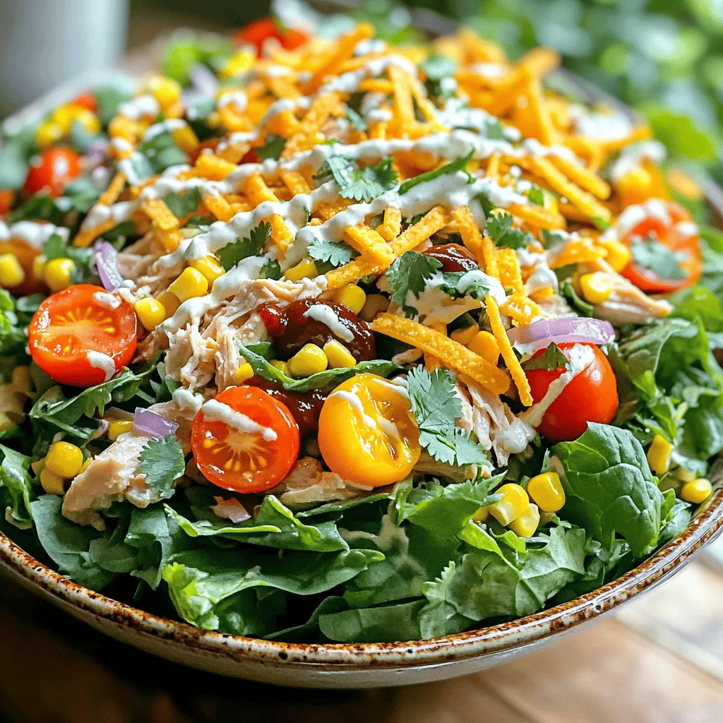 - 2 cups cooked chicken, shredded - 4 cups mixed greens (romaine, spinach, arugula) - 1 cup cherry tomatoes, halved - 1 cup corn kernels (fresh or canned) - 1/2 cup red onion, thinly sliced - 1/2 cup shredded cheddar cheese - 1/4 cup cilantro, chopped - 1/3 cup BBQ sauce - 1/3 cup ranch dressing - Salt and pepper to taste - Optional: Tortilla strips for crunch The base of this salad is the mixed greens. They add crunch and provide vitamins. Romaine, spinach, and arugula each bring unique flavors. Next, we have chicken. It gives the salad protein, helping you feel full. Then, the cherry tomatoes add sweetness and color. Corn brings a pop of flavor and fiber. Red onion gives a sharp taste that contrasts well with the other ingredients. Cheddar cheese adds creaminess and richness. Cilantro brings a fresh, zesty flavor that brightens the dish. Finally, BBQ sauce and ranch dressing tie it all together, offering a sweet and savory punch. Feel free to make this salad your own! You can add avocado for creaminess or sliced bell peppers for extra crunch. If you want more protein, try black beans or chickpeas. For a kick, toss in jalapeños or hot sauce. If you prefer a lighter salad, swap ranch for yogurt or a vinaigrette. You can also skip the cheese for a dairy-free option. The tortilla strips add a nice crunch, but you can leave them out if you're watching carbs. The possibilities are endless! To start, prepare the chicken. If you have leftover rotisserie chicken, shred it into small pieces. If you are cooking raw chicken, grill or bake it until fully done. Let it cool, then shred it too. This chicken is the star of the dish, giving it a tasty, smoky flavor. Grab a large mixing bowl. Layer mixed greens at the bottom. I like a mix of romaine, spinach, and arugula for crunch and taste. Next, add halved cherry tomatoes, corn kernels, and red onion slices. Top this with shredded cheddar cheese for a creamy finish. Finally, gently fold in the BBQ-coated chicken, spreading it evenly. In a small bowl, mix ranch dressing with a tablespoon of BBQ sauce. This gives your dressing a fun twist. Drizzle this flavorful dressing over the salad. Sprinkle chopped cilantro on top for a fresh burst of flavor. Add salt and pepper to taste, then mix lightly to blend all the flavors. If you like a crunch, add tortilla strips just before serving. Enjoy this fresh and flavorful meal! For a detailed guide, refer to the Full Recipe above. To shred chicken, start with warm meat. Warm chicken is easier to pull apart. Use two forks to pull the meat into strips. This gives you nice, even pieces. If you have leftover rotisserie chicken, it's a quick option. Just remove the skin and shred it. For raw chicken, cook it fully first. Grill or bake until the inside is no longer pink. Let it cool before shredding. This helps keep the chicken juicy. When mixing your salad, start with the greens. Place them in a large bowl first. This gives a nice base for all the toppings. Add veggies like cherry tomatoes and corn on top. Layering helps keep everything fresh. When it’s time to mix, use clean hands. Toss the salad gently to avoid bruising the greens. You can add the shredded chicken last. This way, it stays mixed but not mashed. For extra flavor, consider these tips. Add a squeeze of lime juice right before serving. This gives a fresh kick to the salad. You can also sprinkle some chili powder or paprika for spice. If you like crunch, top with tortilla strips just before serving. They add a fun texture. Serve the salad chilled for the best taste. You can use large bowls or individual plates. Garnish with more cilantro for a pop of color. For the full recipe, check out the earlier section! {{image_2}} You can switch out the chicken for other proteins. Grilled shrimp adds a nice touch. You can also use beef for a heartier dish. Tofu works well too, especially if you marinate it first. Cooked bacon brings a smoky flavor that many love. Each protein gives a new taste to the salad. If you want a meat-free option, try chickpeas or black beans. They add protein and fiber. You can also use grilled veggies like zucchini or bell peppers. These add color and flavor. Consider using quinoa for a healthy grain option. It makes the salad filling and nutritious. Using seasonal ingredients can make your salad fresh and exciting. In summer, add fresh peaches or strawberries for sweetness. In fall, roasted butternut squash adds warmth. Use winter greens like kale for a hearty base. Seasonal swaps keep the salad vibrant and full of flavor all year long. For the full recipe, check out the BBQ Ranch Chicken Salad section. To keep your BBQ ranch chicken salad fresh, store it in the fridge. Use an airtight container to prevent moisture loss. Make sure to add the dressing just before serving. This keeps the greens crisp. Leftovers can last for 3 to 4 days in the fridge. If you're using leftover chicken, heat it gently. Place it in a microwave-safe dish. Cover it with a damp paper towel. Heat in short bursts to avoid drying it out. You want the chicken warm, not hot. This keeps the flavors intact. For the best storage, use glass or BPA-free plastic containers. They seal tightly and keep food fresh. If you want to keep the salad crunchy, store the dressing separately. This keeps the greens from wilting. Remember, the right container makes all the difference! Yes, you can use store-bought BBQ sauce. It saves time and tastes great. Just pick a sauce you enjoy. Some sauces are sweeter, while others are smoky. This choice will change the salad's flavor. I often use a tangy sauce for a nice kick. BBQ ranch chicken salad lasts about three days in the fridge. Store it in an airtight container for the best results. Keep the tortilla strips separate if you want them crunchy. When you're ready to eat, just mix it all together again. To make the salad gluten-free, choose gluten-free BBQ sauce and ranch dressing. Many brands offer gluten-free versions. Always check the labels to be sure. You can also skip the tortilla strips or use gluten-free ones for crunch. Enjoy your healthy meal without worry! This blog post covered how to make a BBQ ranch chicken salad. We talked about key ingredients and their benefits, plus optional ones for your taste. I gave step-by-step instructions for prepping the chicken and mixing the salad. I also shared tips for shredding, mixing, and serving. In the end, feel free to get creative with variations and substitutions. Enjoy your tasty creation! Store leftovers well to keep it fresh. With this guide, you can make a delicious salad your way. Happy cooking!