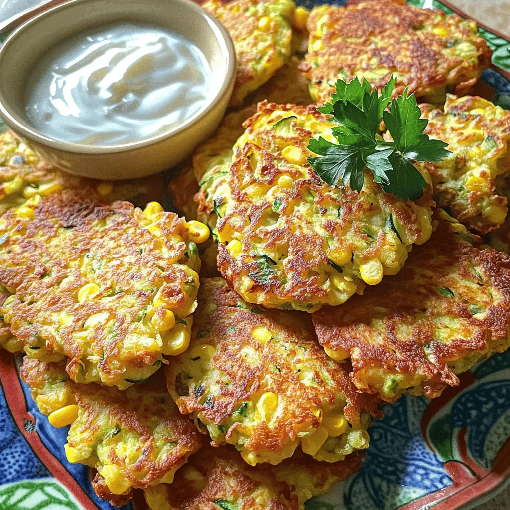 To make these tasty zucchini corn fritters, you will need: - 2 medium zucchinis, grated - 1 cup corn kernels (fresh or frozen) - 1/2 cup all-purpose flour - 1/2 cup cornmeal - 2 large eggs - 1/4 cup grated Parmesan cheese (optional) - 2 green onions, thinly sliced - 1/2 teaspoon garlic powder - 1/2 teaspoon onion powder - Salt and pepper to taste - Olive oil for frying Fresh corn brings bright flavor and crunch to your fritters. It makes the dish taste more vibrant. I love using fresh corn when it's in season. However, frozen corn is a great choice too. It’s easy to use and stays sweet. Just thaw and drain it well. Both options work, so choose what you have on hand. You can get creative with your fritters! Try adding: - Fresh herbs like cilantro or basil for a fresh taste - Spices such as cumin or paprika for warmth - Diced bell peppers for crunch and color - Chopped jalapeños for a spicy kick These optional ingredients can make your fritters even more fun and tasty. You can easily adjust the flavors to match what you like. For the full recipe, check out the details above and start cooking! To start, I grab my two medium zucchinis. I use a box grater or food processor to grate them. After grating, I place the zucchini in a clean kitchen towel. This step is key! I squeeze out the extra moisture. Removing moisture helps keep the fritters from getting soggy. Next, I take a large mixing bowl. I add the drained zucchini, one cup of corn kernels, and half a cup of all-purpose flour. Then, I add half a cup of cornmeal and two large eggs. If I want extra flavor, I add a quarter cup of grated Parmesan cheese. I also throw in two sliced green onions, half a teaspoon of garlic powder, and half a teaspoon of onion powder. Finally, I season with salt and pepper. I mix everything until it forms a thick batter. Now, it’s time to cook! I heat a generous drizzle of olive oil in a large skillet over medium heat. Once the oil is hot, I scoop about a quarter cup of the fritter mixture into the skillet. I shape it into a patty. I make sure not to overcrowd the pan. Cooking in batches works best! I cook the fritters for about three to four minutes on each side until they are golden brown and crispy. If the heat feels too high, I adjust it to prevent burning. After cooking, I remove them and place them on a paper towel-lined plate. This helps absorb extra oil. I repeat until all the batter is used. I serve the fritters warm, often with yogurt or sour cream for dipping. For the full recipe, you can refer to the earlier section. To get the best crispy fritters, start with dry zucchini. After grating, squeeze out the water using a clean kitchen towel. This step is key. If the zucchini is too wet, your fritters will turn out soggy. Also, don’t rush the cooking. Fry them on medium heat. If the heat is too high, the outside may burn while the inside stays raw. I love using olive oil for frying these fritters. It adds a nice flavor. You can also try avocado oil. It has a high smoke point and works well. Avoid using butter, as it can burn easily. A good oil helps to get that golden brown color and crispy texture. One common mistake is overcrowding the pan. This can trap steam and make your fritters soggy. Fry them in batches instead. Another mistake is not seasoning the batter enough. Taste is important! Adjust the salt and pepper to suit your liking. Lastly, don’t skip the resting time before frying. Letting the batter sit for a few minutes helps the flavors meld. For the full recipe, refer to the section above. {{image_2}} You can make zucchini corn fritters even more delicious by adding herbs and spices. Fresh herbs like basil, cilantro, or parsley can brighten the flavor. Dried herbs, like oregano or thyme, work well too. You can also try adding a pinch of cayenne pepper for a little heat. Just remember, start with a small amount and taste as you go. This way, you can find the perfect balance. If you have dietary restrictions, don’t worry! You can easily swap some ingredients. For a gluten-free option, use gluten-free flour instead of all-purpose flour. If you need a vegan recipe, replace eggs with flaxseed meal. Mix one tablespoon of flaxseed meal with three tablespoons of water and let it sit for five minutes. This will create a great binding agent. You can even omit the cheese, or use a dairy-free cheese if you prefer. These fritters are tasty on their own, but they shine with the right dips and sides. Serve them with yogurt or sour cream for a creamy touch. You can also pair them with a fresh salsa or a zesty avocado dip. For a complete meal, add a simple salad on the side. A mix of greens with a light vinaigrette works great. The refreshing crunch of the salad balances the fritters nicely. For the full recipe, refer to the section above. After enjoying your zucchini corn fritters, let them cool to room temperature. Place them in an airtight container. You can keep them in the fridge for up to three days. If you want to keep them longer, freezing is a great option. To reheat, use a skillet over medium heat. Add a splash of olive oil to the pan. Cook the fritters for about two to three minutes on each side. This way, they regain their crispy texture. You can also use an oven. Preheat it to 350°F (175°C). Place the fritters on a baking sheet and heat for about ten minutes. To freeze, arrange the fritters on a baking sheet in a single layer. Freeze them for about an hour until firm. Once frozen, transfer them to a freezer bag. They can last up to three months. When you're ready to eat, simply reheat them from frozen. The fritters will still taste fresh and delicious! Enjoy your zucchini corn fritters any time with these easy storage tips. For the full recipe, check out the complete instructions above. You can enjoy zucchini corn fritters with many tasty sides. I love serving them with yogurt or sour cream. These dips add a nice creaminess. You can also pair them with fresh salsa or guacamole. A crisp salad makes a great side too. Try a simple green salad or a corn salad. These options balance the flavors well. Yes, you can make zucchini corn fritters ahead of time. Cook them and let them cool completely. Then, store them in an airtight container in the fridge. They will stay fresh for about two days. When you are ready to eat, just reheat them in a skillet. This helps keep them crispy! To prevent soggy fritters, start by squeezing out excess moisture from the grated zucchini. This step is key. Use a clean kitchen towel to wring the zucchini well. Also, don’t overcrowd the pan when frying. Cooking in batches allows even cooking and crispiness. Lastly, place cooked fritters on a paper towel to absorb extra oil. In this article, we explored the best ingredients and steps for perfect zucchini corn fritters. We covered fresh and frozen corn choices, prepping zucchini, and mixing the batter. I shared tips for crispy fritters and common mistakes to avoid. We also looked at fun variations and how to store leftovers. Zucchini corn fritters can be a tasty part of any meal. With these tips, you’ll enjoy every bite.