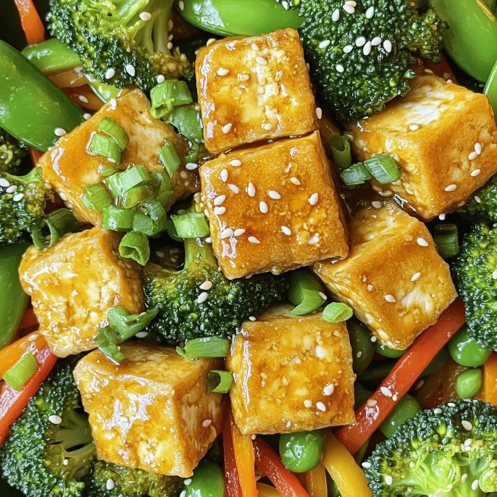 - Firm tofu and its preparation Firm tofu is key for this dish. It holds its shape and crisps well. Start by draining and pressing it to remove excess water. This step is crucial for a crispy texture. Cut the tofu into 1-inch cubes for even cooking. - Essential vegetables for stir fry Choose colorful veggies for a vibrant dish. I use: - 1 cup broccoli florets - 1 bell pepper, sliced thinly (any color) - 1 carrot, julienned - 1 cup snap peas These vegetables add flavor and nutrition. You can mix and match based on what you have. - Sauces and seasonings used The right sauces make all the difference. I use: - 3 tablespoons soy sauce - 1 tablespoon sesame oil - 1 tablespoon honey or maple syrup These ingredients blend well to create a savory, sweet glaze for the stir fry. Garlic and ginger also provide great flavor. - Suggestions for extra toppings To finish your dish, consider adding: - 1 teaspoon sesame seeds - Chopped green onions These garnishes add a nice crunch and a pop of color. - Alternatives for garnish If you want to switch it up, try crushed peanuts or cilantro. They both enhance the dish's flavor and texture. For the full recipe, check the [Full Recipe]. First, you need to press the tofu. Drain it well and place it on a cutting board. Use a heavy object, like a cast iron pan, to press it for about 15 minutes. This helps remove extra moisture. After pressing, cut the tofu into 1-inch cubes. The size helps it cook evenly and get crispy. Next, coat the tofu cubes with cornstarch. Place the cubes in a bowl. Sprinkle the cornstarch over them. Toss gently until each piece is well coated. This coating is key for that perfect crispy texture. Now, heat 1 tablespoon of vegetable oil in a large non-stick pan or wok. Set the heat to medium-high. When the oil is hot, add the tofu cubes in a single layer. Fry them for about 5-7 minutes. Turn them occasionally. You want them golden brown and crispy on all sides. Once done, remove the tofu from the pan and set it aside. To achieve perfect crispiness, make sure the oil is hot before adding the tofu. If the oil is cool, the tofu will absorb it and become soggy. In the same pan, add the remaining tablespoon of oil. Then, toss in the broccoli, bell pepper, carrot, and snap peas. Stir-fry these for about 3-4 minutes. Each vegetable should be tender but still crunchy. After that, add the minced garlic and grated ginger. Cook for an additional minute. This helps release their amazing flavors and aromas. Next, mix the sauces with the vegetables. In a small bowl, whisk together soy sauce, sesame oil, and honey or maple syrup. Pour this mixture over the stir-fried vegetables. Toss everything well to ensure even coverage. Finally, add the crispy tofu back into the pan. Mix it gently with the vegetables and sauce. Cook for another 2 minutes until everything is heated through. For the full recipe and exact measurements, check the [Full Recipe]. To get crispy tofu, start with firm tofu. Press the tofu well to remove moisture. Moisture is the enemy of crispiness. Cut the tofu into cubes after pressing. Coat the cubes with cornstarch to create a crunchy crust. This helps the tofu fry better in the pan. - Tofu moisture tips: Press for at least 30 minutes. Use a heavy object to help. - Avoiding soggy tofu: Don't skip the cornstarch. Fry the tofu in a single layer. To keep your veggies crunchy, cook them quickly over high heat. Stir them often to avoid burning. Use a large pan or a wok for better heat distribution. This helps everything cook evenly. - Maintaining crunch in vegetables: Add them in the order of cooking time. Start with the hardest veggies. - Recommended cooking equipment: A non-stick pan or wok works best for stir-frying. Spices can add extra flavor to your stir fry. Try garlic, ginger, or even chili flakes for heat. Fresh herbs also brighten the dish. Pair your stir fry with rice or noodles for a complete meal. - Using spices for extra flavor: Add them early for a deeper taste. - Pairing with rice or noodles: Serve over jasmine rice or soba noodles. This adds texture and makes it filling. For the full recipe, check the earlier section in this article. {{image_2}} You can easily switch up your protein in this dish. If you prefer, use tempeh or seitan instead of tofu. Tempeh has a nutty taste and a firm texture. This makes it a great option for stir fries. Seitan, made from wheat gluten, is chewy and packs a punch of protein. You can also add legumes for extra protein. Chickpeas or black beans work well. They add a nice texture and boost the meal's nutrition. Just toss them in with the veggies to warm them up. Feel free to mix and match your veggies based on what you have. Seasonal vegetables work best. In spring, add asparagus or snap peas. In fall, try butternut squash or Brussels sprouts. Get creative! Swap out bell peppers for zucchini or use mushrooms for umami flavor. Adding a handful of spinach at the end gives a burst of color and nutrition too. Your sauce can vary too! If you want a vegan option, use maple syrup instead of honey. For gluten-free, swap soy sauce with tamari. Experiment with different flavors. Try adding chili paste for heat or peanut butter for creaminess. You can also mix in lime juice for a fresh twist. Your sauce can change the whole vibe of the stir fry! For the full recipe, check the main section. To store leftover stir fry, let it cool first. Place it in an airtight container. This keeps out air and moisture. You can keep it in the fridge for up to three days. After that, the flavors may fade, and the texture may change. Always check for odd smells or colors before eating. When reheating, you have two good options: the microwave or the stovetop. For the microwave, place the stir fry in a bowl. Cover it with a damp paper towel. Heat in short bursts of 30 seconds until warm. Stir in between to heat evenly. For stovetop reheating, put the stir fry in a pan over medium heat. Add a splash of water or oil to help it steam. Stir it often to avoid burning. To keep the tofu crispy, avoid covering the pan while heating. Heat until everything is hot, about 5 minutes. You want to enjoy that lovely crispiness! Yes, you can prep the crispy tofu stir fry in advance. Here are some best practices: - Cook the tofu: You can fry the tofu cubes and store them in the fridge. - Prep veggies: Chop your vegetables a day before. Keep them in airtight bags. - Sauce mix: Make the sauce ahead and store it in the fridge. - Reheat properly: When ready to eat, heat the tofu and veggies on the stove. If you have a tofu allergy or prefer another option, try these: - Tempeh: This fermented soy product has a nutty flavor and firm texture. - Seitan: This wheat-based protein works well in stir fry. - Chickpeas: Canned or cooked chickpeas add protein and a different texture. - Cauliflower: This veggie can mimic the texture of tofu when cooked. If you love heat, here are some ways to spice up your stir fry: - Add chili flakes: Sprinkle in red pepper flakes while cooking. - Sriracha: Mix a spoonful into your sauce for a spicy kick. - Fresh chilies: Slice fresh jalapeños or Thai chilis and toss them in. - Hot sauce: Drizzle your favorite hot sauce on top before serving. Yes, you can make this dish oil-free. Here are some methods: - Water sauté: Use water or vegetable broth to cook the veggies. - Non-stick pan: A good non-stick pan helps prevent sticking without oil. - Steaming: Steam the vegetables for a healthy alternative. - Oven roasting: Roast the tofu and vegetables in the oven for a different texture. Crispy tofu stir fry combines simple ingredients and techniques for great taste. You learned about essential tofu prep, choosing the right veggies, and mixing flavors for a delightful meal. Remember to keep tofu crisp and vegetables crunchy for the best results. Experiment with protein, sauces, and seasonal veggies to make it your own. With the tips provided, your stir fry will shine every time. Enjoy the process and the flavors that come together in this dish!