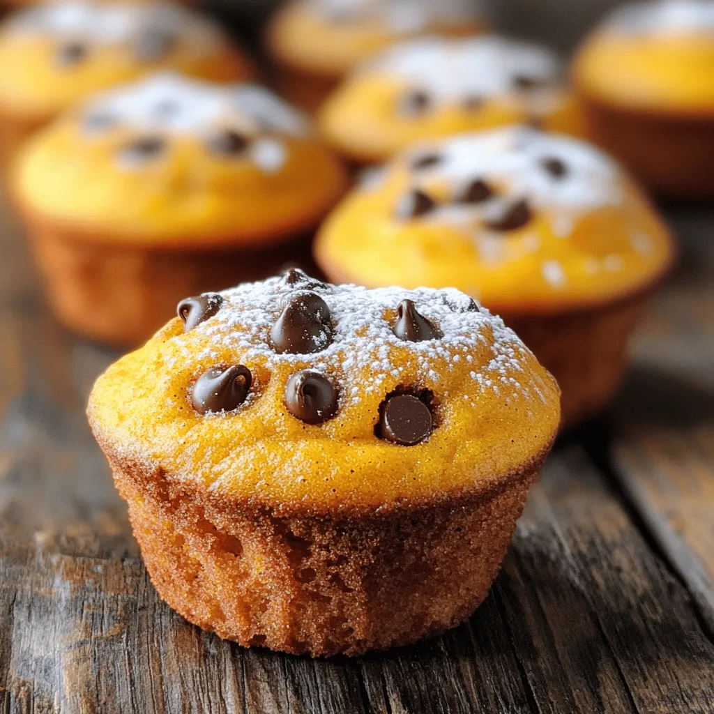 To make these muffins, you need a few key items. Here’s what you’ll gather: - 1 cup pumpkin puree - 1/2 cup brown sugar - 1/2 cup granulated sugar - 1/2 cup vegetable oil - 2 large eggs - 1 teaspoon vanilla extract - 1 1/2 cups all-purpose flour - 1 teaspoon baking soda - 1/2 teaspoon baking powder - 1/2 teaspoon salt - 1 teaspoon ground cinnamon - 1/2 teaspoon ground nutmeg - 1/4 teaspoon ground ginger - 1 cup chocolate chips (semi-sweet or dark) These ingredients blend perfectly. The pumpkin gives moisture, while the sugars add sweetness. You can customize your muffins with some fun extras. Here are a few ideas: - 1/2 cup chopped nuts (like walnuts or pecans) - 1/2 cup dried fruit (like cranberries or raisins) - 1/2 teaspoon ground cloves for extra spice - 1/4 cup coconut flakes for a tropical twist These additions can make your muffins even more special. They add texture and flavor. If you’re missing something, don’t worry! Here are some swaps you can use: - Use applesauce instead of oil for a lighter muffin. - Substitute honey or maple syrup for brown sugar. - Try gluten-free flour if you need a gluten-free option. - Replace chocolate chips with carob chips for a different taste. These substitutes keep the muffins tasty while meeting your needs. You can still enjoy that pumpkin chocolate chip bliss! Start by preheating your oven to 350°F (175°C). This step is key. A hot oven helps the muffins rise well. Next, take a 12-cup muffin tin. Line it with paper liners or spray it with cooking spray. This helps the muffins come out easily. In a large bowl, mix together the pumpkin puree, brown sugar, and granulated sugar. Add vegetable oil, eggs, and vanilla extract. Use a whisk to blend them until smooth. This mix will give your muffins a moist texture and sweet flavor. In another bowl, combine the all-purpose flour, baking soda, baking powder, salt, cinnamon, nutmeg, and ginger. Whisk them together well. This step is important for even rising and flavor. Gradually add the dry mix to the wet mix. Stir gently until just combined. Be careful not to overmix; this keeps the muffins light. Now, fold in the chocolate chips, saving some for the top. The chocolate adds a tasty surprise in every bite. Spoon the batter into the muffin tin. Fill each cup about two-thirds full. This allows space for the muffins to rise. If you saved chocolate chips, sprinkle them on top now. They look nice and taste great. Place the muffin tin in the oven and bake for 18-20 minutes. Check with a toothpick; it should come out clean. Once done, let the muffins cool in the tin for 5 minutes. Then, move them to a wire rack to cool completely. Enjoy your delicious creation! For the complete guide, check the Full Recipe. To get the best muffin texture, measure ingredients carefully. Use a kitchen scale for precision. Mix wet and dry ingredients separately first. Combine them gently. Overmixing can lead to tough muffins. Aim for a few lumps in the batter. This keeps them soft and fluffy. Let the batter rest for a few minutes before baking. This helps the gluten relax and improves texture. One common mistake is not preheating the oven. Always preheat to 350°F (175°C) before baking. This step ensures even cooking. Another error is overfilling the muffin cups. Fill them only two-thirds full to prevent overflow. Lastly, check for doneness with a toothpick. Insert it in the center; it should come out clean. Spices can elevate your pumpkin chocolate chip muffins. Add cinnamon for warmth and sweetness. Nutmeg offers a cozy, festive touch. A bit of ginger adds zing. You can also experiment with cloves or allspice. Adjust the amounts to match your taste. For the best flavor, use fresh spices. They make a big difference. Try adding a pinch of salt to balance sweetness. This enhances the overall flavor profile. {{image_2}} You can easily change the flavor of your muffins. Adding nuts like walnuts or pecans gives a nice crunch. You can also mix in dried fruits like cranberries or raisins. These add sweetness and chewiness. I love using a half cup of nuts or fruits. Just remember to chop them into small pieces. This way, they blend well with the batter. If you want more spice, you can focus on pumpkin spice. Increase the cinnamon, or add cloves for warmth. You can also use pumpkin spice mix instead of individual spices. This gives a strong, cozy flavor. On the other hand, if you want to highlight chocolate, use dark chocolate chips. They add a rich depth to your muffins. Both options are tasty and fun to try. You can make these muffins gluten-free. Just swap the all-purpose flour for almond or coconut flour. You may need to adjust the liquid, so keep that in mind. For a vegan version, replace the eggs with flax eggs. Mix one tablespoon of flaxseed meal with three tablespoons of water for each egg. This way, you keep the texture right. These alternatives let everyone enjoy your muffins. For the full recipe, click here. After enjoying your pumpkin chocolate chip muffins, you might have some left. To keep them fresh, place them in an airtight container. This will stop air from making them dry. You can store them at room temperature for up to three days. If you want to keep them longer, consider freezing them. Freezing muffins is a great way to save them for later. First, let the muffins cool completely. Then, wrap each muffin tightly in plastic wrap. After wrapping, put them in a freezer-safe bag or container. This helps keep the muffins fresh for up to three months. When you're ready to enjoy one, just take it out and thaw it. To reheat muffins, you have a few easy options. You can use a microwave or an oven. For the microwave, place the muffin on a plate and heat for about 10 to 15 seconds. If you prefer the oven, preheat it to 350°F (175°C). Place the muffin on a baking sheet and heat for about 5 to 10 minutes. This will make your muffin warm and soft again. Enjoy your treat! To make pumpkin chocolate chip muffins from scratch, you need simple ingredients. Start by mixing the wet ingredients: pumpkin puree, sugars, oil, eggs, and vanilla. In another bowl, combine the dry ones: flour, baking soda, baking powder, salt, and spices. Combine both mixtures and fold in chocolate chips. Fill the muffin cups and bake at 350°F (175°C) for 18-20 minutes. You can find the full recipe for more details. Yes, you can use fresh pumpkin. First, cook the pumpkin until soft. Then, scoop out the flesh and mash it into a smooth puree. This fresh puree can replace canned pumpkin directly. Just make sure to drain any excess water for the best texture in your muffins. For baking, semi-sweet chocolate chips are a popular choice. They melt well and balance sweetness with rich chocolate flavor. Dark chocolate chips work too if you prefer a more intense taste. You can also use milk chocolate for a sweeter muffin. Choose what you love! These muffins stay fresh for about 2-3 days when stored at room temperature. Keep them in an airtight container to maintain moisture. If you want them to last longer, store them in the fridge for up to a week. Yes, you can make mini muffins using this recipe. Just adjust the baking time. Bake them for about 10-12 minutes, or until a toothpick comes out clean. Mini muffins are perfect for snacks or parties! You learned about making tasty pumpkin chocolate chip muffins from scratch. We covered key ingredients, step-by-step baking instructions, and storage tips. Plus, I shared ways to customize your muffins. Remember, baking is fun! Don’t worry if you make a mistake—just try again. Enjoy every bite of your muffins and share them with friends and family. Happy baking!