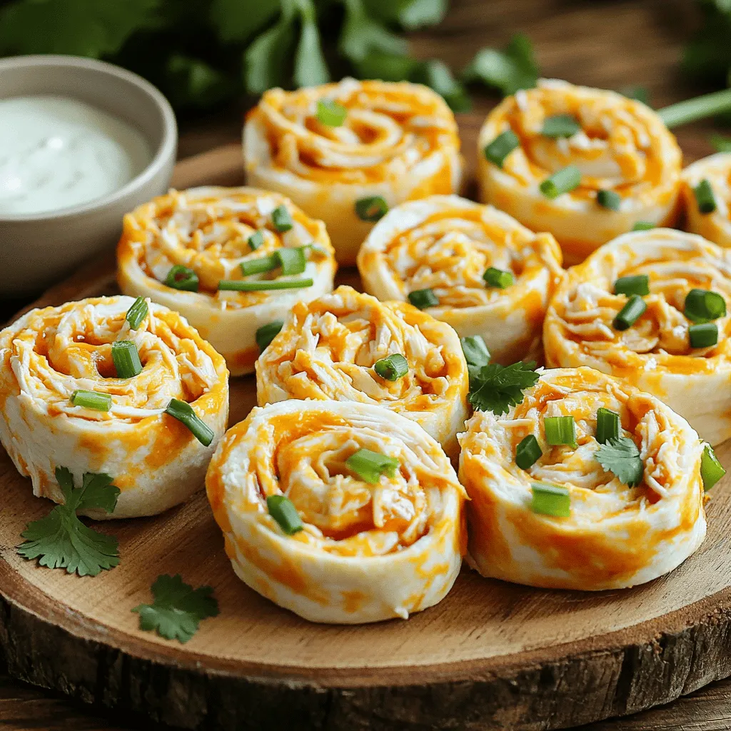 To make Buffalo Chicken Pinwheels, gather these ingredients: - 2 cups shredded cooked chicken - 1/2 cup Buffalo sauce - 1/2 cup cream cheese, softened - 1/2 cup shredded cheddar cheese - 1/4 cup chopped green onions - 4 large flour tortillas - 1/2 cup ranch dressing (for dipping) - Fresh cilantro leaves for garnish (optional) Choose high-quality ingredients for the best taste. Use fresh chicken for a tender bite. If you can find it, go for organic chicken. This choice often has better flavor. Opt for a Buffalo sauce that you enjoy. Some sauces are mild, while others pack a punch. Cream cheese should be soft for easy mixing. Look for full-fat cream cheese. This will give a creamy texture. Fresh green onions add a nice crunch. Always buy them firm and bright green. If you don’t have shredded chicken, you can use canned chicken. Just drain and shred it. For a spicy kick, swap the regular Buffalo sauce for a hotter version. If you want to avoid dairy, use a vegan cream cheese. Flour tortillas work best, but you can use whole wheat or corn tortillas instead. If you're out of ranch dressing, try blue cheese dressing as a dip. It pairs well with the flavors. To start, gather your ingredients. You will need: - 2 cups shredded cooked chicken - 1/2 cup Buffalo sauce - 1/2 cup cream cheese, softened - 1/2 cup shredded cheddar cheese - 1/4 cup chopped green onions - 4 large flour tortillas - 1/2 cup ranch dressing (for dipping) - Fresh cilantro leaves for garnish (optional) In a large bowl, mix the shredded chicken with Buffalo sauce. Make sure the chicken is well coated. Next, add the softened cream cheese, cheddar cheese, and green onions. Stir until everything is mixed well. This part is key for flavor! Now, let’s roll our pinwheels. Take a tortilla and lay it flat on a clean surface. Spread a good amount of the chicken mixture evenly across the tortilla. Make sure to reach the edges for full flavor. Starting from one end, roll the tortilla tightly. Keep it snug but not too tight. Repeat this process with the other tortillas and remaining mixture. Once all pinwheels are rolled, place them seam-side down on a cutting board. Cover them with plastic wrap. This helps them chill in the fridge for about 30 minutes. Chilling firms up the pinwheels, making them easier to cut. After chilling, remove the wrap and slice each roll into bite-sized pieces. Arrange them on a platter for serving. You can serve with ranch dressing on the side, and add fresh cilantro for a touch of color. For the full recipe, refer to the earlier section. To make your Buffalo chicken pinwheels burst with flavor, use high-quality ingredients. Fresh chicken adds a great taste. You can cook chicken in advance for ease. Mix Buffalo sauce to your liking. If you like it spicy, add more sauce. Cream cheese gives a creamy balance to the heat. Consider using flavored cream cheese for a fun twist. Presentation is key when serving pinwheels. Slice them into even pieces for a neat look. Use a sharp knife to avoid squishing the filling. Arrange the pinwheels in a circle on a platter. You can also stack them vertically for a fun display. Add some fresh cilantro leaves around the plate for color. Serve with a bowl of ranch dressing in the middle for dipping. One common mistake is rolling the tortillas too loosely. This can cause the filling to spill out. Make sure to roll tightly, but not too tight. Overfilling can also lead to messiness. Stick to the right amount of filling for easy rolling. Lastly, don’t skip the chilling step! Chilling helps the pinwheels hold their shape. For the full recipe, check out the instructions carefully. {{image_2}} If you want more heat, add extra Buffalo sauce to your filling. You can also use spicy shredded chicken for a bigger kick. Try adding diced jalapeños for a fresh twist. These changes will give your pinwheels a fiery flavor that will excite your guests. For a meatless version, swap chicken with shredded vegetables. Use cooked carrots, zucchini, and bell peppers. Mix in some cream cheese and Buffalo sauce for flavor. You can even add beans for protein. This way, everyone can enjoy tasty pinwheels, no matter their diet. While ranch is a classic choice, you can try others too. Blue cheese dressing pairs well with the spicy flavor. You might also like a yogurt-based dip for a lighter option. For a fun twist, serve with guacamole or salsa. Each dip can change the whole experience of your pinwheels. Want to know how to make these delicious treats? Check out the Full Recipe for step-by-step instructions! To keep your Buffalo Chicken Pinwheels fresh, wrap them tightly. Use plastic wrap or foil. Place them in an airtight container. This helps keep them from drying out. Store them in the fridge. They last about three days. For best taste, I suggest you eat them cold. If you prefer warm, heat them gently. Use a microwave and cover them with a damp paper towel. Heat for about 20-30 seconds. Check often to avoid overcooking. You can also reheat them in an oven at 350°F for about 10 minutes. You can freeze these pinwheels for later. First, wrap each pinwheel in plastic wrap. Then place them in a freezer bag. Try to remove all the air before sealing. They can stay frozen for up to three months. When ready to eat, let them thaw in the fridge overnight before reheating. For more details, check the full recipe. You can easily prepare Buffalo Chicken Pinwheels in advance. Just follow the recipe steps up to rolling the tortillas. After spreading the chicken mixture, roll them tightly and wrap each roll in plastic wrap. Store them in the fridge for up to 24 hours before serving. This method keeps the flavors fresh and saves you time on party day. Just remember to slice them just before you serve. Absolutely! You can use various types of tortillas for this recipe. Flour tortillas work great, but you can also try whole wheat, spinach, or even gluten-free options. Each type adds a unique flavor and texture. Feel free to experiment with different sizes too. Smaller tortillas can make cute bite-sized pinwheels for kids or parties. Buffalo Chicken Pinwheels pair well with many sides. Try serving them with ranch or blue cheese dressing for dipping. Fresh veggies like carrots and celery sticks add a nice crunch. You could also serve chips or a light salad for balance. These options round out your snack table nicely and keep your guests happy. In this post, we covered key aspects of making pinwheels. You learned about ingredient quality, preparation methods, and best practices. I shared tips for enhancing flavor and avoiding mistakes. We also looked at fun variations and how to store leftovers. Pinwheels are easy and fun to make. With the right ingredients and techniques, you can impress anyone. Enjoy your pinwheels and experiment with flavors!
