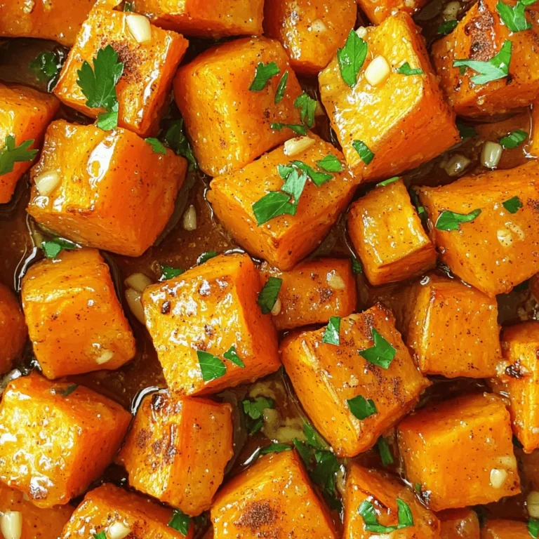 To make honey garlic roasted sweet potatoes, you need to gather a few simple ingredients. Here’s the list: - 4 medium sweet potatoes, peeled and cubed - 3 tablespoons olive oil - 1/4 cup honey - 4 cloves garlic, minced - 1 teaspoon ground cinnamon - 1/2 teaspoon smoked paprika - Salt and pepper to taste - Fresh parsley, chopped (for garnish) Each ingredient plays a key role in building flavor. Sweet potatoes add a creamy texture and natural sweetness. Olive oil helps them roast perfectly, giving that nice golden color. Honey adds a sweet note, and garlic brings a lovely savory flavor. Cinnamon adds warmth, while smoked paprika gives a hint of depth. Salt and pepper balance everything out. Fresh parsley not only looks nice but adds a fresh touch. This blend makes the perfect dish for any meal. - Preheat the oven to 425°F (220°C). - Prepare a baking sheet with parchment paper. This makes cleanup easy. - In a large bowl, combine the cubed sweet potatoes with olive oil and seasonings. - Add honey, minced garlic, ground cinnamon, smoked paprika, salt, and pepper. - Toss the sweet potatoes to ensure even coating. This step is key for flavor. - Spread the sweet potato mixture in a single layer on the baking sheet. - Roast in the preheated oven for 25-30 minutes. - Stir halfway through cooking for even browning. The sweet potatoes should be golden and tender when done. To get the best roast, cut sweet potatoes into uniform cubes. This helps them cook evenly. If some pieces are bigger, they will take longer to cook. Try to aim for cubes that are about one inch. When you season, make sure every piece gets coated. This way, each bite is tasty. Toss the sweet potatoes well in the bowl before spreading them on the baking sheet. You can boost the flavor by adding spices. Try a pinch of nutmeg or some black pepper. These will add a nice kick. Fresh herbs like rosemary or thyme can also work well. Using different types of honey can change the taste. Try clover honey for a mild sweetness. Or use wildflower honey for a bolder flavor. These small changes can make a big difference. Honey garlic roasted sweet potatoes pair well with many proteins. Serve them with grilled chicken or fish for a balanced meal. They also go great with a fresh salad. For presentation, sprinkle freshly chopped parsley on top. It adds color and freshness. You can also use a drizzle of honey on top for extra sweetness. This makes the dish look even more inviting. {{image_2}} You can use many types of sweet potatoes. Try the orange, purple, or even white ones. Each type has a unique taste and texture. If you want a twist, use an air fryer. It cooks them faster and gives a nice crisp. You can also cook them on the stovetop. This method is great for a quick side dish. To spice things up, add chili flakes for a sweet and spicy kick. This turns the dish into a fun treat. For a savory version, try fresh herbs like thyme. Thyme adds depth and makes the flavors pop. Mixing flavors can change the whole dish into something new and exciting. If you want a vegan option, swap the honey for agave nectar. This keeps the sweet flavor while being plant-based. For those needing gluten-free meals, feel safe to enjoy this dish. All ingredients are naturally gluten-free, so you can dig in without worry. To keep your honey garlic roasted sweet potatoes fresh, store them in an airtight container. This helps lock in flavor and moisture. Place the container in the fridge as soon as they cool. They will last for up to 4 days in the fridge. If you want them to last longer, freezing is a great option. When reheating, I recommend using an oven. Preheat it to 350°F (175°C). Place the sweet potatoes on a baking sheet. Heat for about 10 to 15 minutes. This method helps keep them crispy. If you use a microwave, they may become soggy. To avoid this, cover them with a paper towel. This absorbs some moisture. To freeze roasted sweet potatoes, let them cool first. Spread them on a baking sheet in a single layer. Freeze for 1 to 2 hours until solid. Then, transfer them to a freezer-safe bag. Remove as much air as possible. They can stay in the freezer for up to 3 months. To thaw, place them in the fridge overnight. You can also reheat them directly from frozen, but they may take longer to warm through. Yes, you can make Honey Garlic Roasted Sweet Potatoes ahead. Prepare them up to a day in advance. Store them in an airtight container in the fridge. When ready to serve, reheat them in the oven until warm. They taste great even after a day. These sweet potatoes pair well with many dishes. Try serving them with roasted chicken or grilled fish. They also go great with a fresh salad or steamed veggies. The sweet and savory flavors complement many meals. Yes, you can use other potatoes. Regular potatoes or Yukon Golds work well too. Just keep in mind that the taste and texture will change. Sweet potatoes bring a unique sweetness that makes this dish special. Absolutely! This recipe is perfect for meal prep. You can cook a big batch and portion it out. Store in the fridge for easy meals throughout the week. It keeps well and tastes delicious reheated. To adjust the sweetness, change the amount of honey. Add less honey for a less sweet flavor. You can also add a touch of lemon juice to balance the sweetness. Experiment until you find the perfect taste for you. This blog post covered how to make Honey Garlic Roasted Sweet Potatoes. We discussed ingredients, step-by-step instructions, tips for roasting, and variations. I shared storage tips to keep leftovers fresh. Roasting sweet potatoes is an easy task that anyone can master. Feel free to experiment with flavors and serve them in unique ways. Enjoy making this tasty dish!