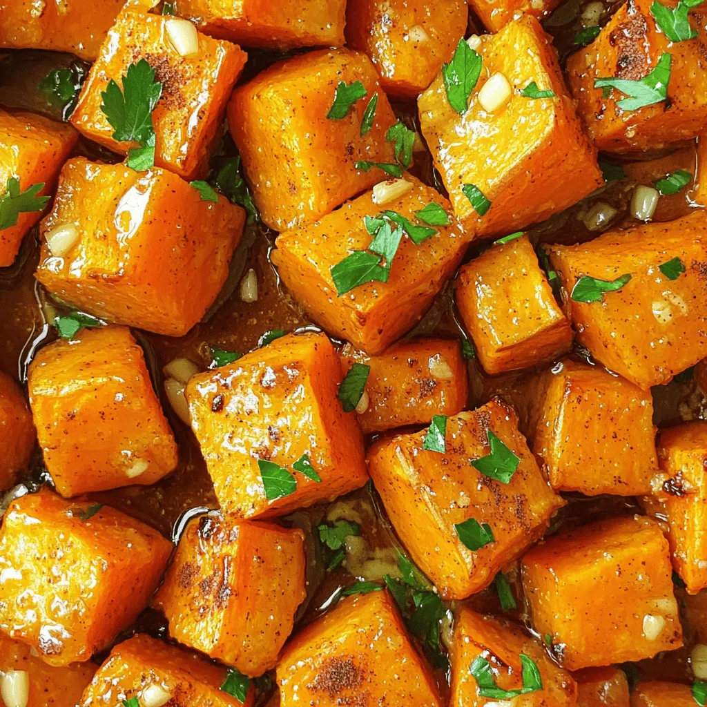 To make honey garlic roasted sweet potatoes, you need to gather a few simple ingredients. Here’s the list: - 4 medium sweet potatoes, peeled and cubed - 3 tablespoons olive oil - 1/4 cup honey - 4 cloves garlic, minced - 1 teaspoon ground cinnamon - 1/2 teaspoon smoked paprika - Salt and pepper to taste - Fresh parsley, chopped (for garnish) Each ingredient plays a key role in building flavor. Sweet potatoes add a creamy texture and natural sweetness. Olive oil helps them roast perfectly, giving that nice golden color. Honey adds a sweet note, and garlic brings a lovely savory flavor. Cinnamon adds warmth, while smoked paprika gives a hint of depth. Salt and pepper balance everything out. Fresh parsley not only looks nice but adds a fresh touch. This blend makes the perfect dish for any meal. - Preheat the oven to 425°F (220°C). - Prepare a baking sheet with parchment paper. This makes cleanup easy. - In a large bowl, combine the cubed sweet potatoes with olive oil and seasonings. - Add honey, minced garlic, ground cinnamon, smoked paprika, salt, and pepper. - Toss the sweet potatoes to ensure even coating. This step is key for flavor. - Spread the sweet potato mixture in a single layer on the baking sheet. - Roast in the preheated oven for 25-30 minutes. - Stir halfway through cooking for even browning. The sweet potatoes should be golden and tender when done. To get the best roast, cut sweet potatoes into uniform cubes. This helps them cook evenly. If some pieces are bigger, they will take longer to cook. Try to aim for cubes that are about one inch. When you season, make sure every piece gets coated. This way, each bite is tasty. Toss the sweet potatoes well in the bowl before spreading them on the baking sheet. You can boost the flavor by adding spices. Try a pinch of nutmeg or some black pepper. These will add a nice kick. Fresh herbs like rosemary or thyme can also work well. Using different types of honey can change the taste. Try clover honey for a mild sweetness. Or use wildflower honey for a bolder flavor. These small changes can make a big difference. Honey garlic roasted sweet potatoes pair well with many proteins. Serve them with grilled chicken or fish for a balanced meal. They also go great with a fresh salad. For presentation, sprinkle freshly chopped parsley on top. It adds color and freshness. You can also use a drizzle of honey on top for extra sweetness. This makes the dish look even more inviting. {{image_2}} You can use many types of sweet potatoes. Try the orange, purple, or even white ones. Each type has a unique taste and texture. If you want a twist, use an air fryer. It cooks them faster and gives a nice crisp. You can also cook them on the stovetop. This method is great for a quick side dish. To spice things up, add chili flakes for a sweet and spicy kick. This turns the dish into a fun treat. For a savory version, try fresh herbs like thyme. Thyme adds depth and makes the flavors pop. Mixing flavors can change the whole dish into something new and exciting. If you want a vegan option, swap the honey for agave nectar. This keeps the sweet flavor while being plant-based. For those needing gluten-free meals, feel safe to enjoy this dish. All ingredients are naturally gluten-free, so you can dig in without worry. To keep your honey garlic roasted sweet potatoes fresh, store them in an airtight container. This helps lock in flavor and moisture. Place the container in the fridge as soon as they cool. They will last for up to 4 days in the fridge. If you want them to last longer, freezing is a great option. When reheating, I recommend using an oven. Preheat it to 350°F (175°C). Place the sweet potatoes on a baking sheet. Heat for about 10 to 15 minutes. This method helps keep them crispy. If you use a microwave, they may become soggy. To avoid this, cover them with a paper towel. This absorbs some moisture. To freeze roasted sweet potatoes, let them cool first. Spread them on a baking sheet in a single layer. Freeze for 1 to 2 hours until solid. Then, transfer them to a freezer-safe bag. Remove as much air as possible. They can stay in the freezer for up to 3 months. To thaw, place them in the fridge overnight. You can also reheat them directly from frozen, but they may take longer to warm through. Yes, you can make Honey Garlic Roasted Sweet Potatoes ahead. Prepare them up to a day in advance. Store them in an airtight container in the fridge. When ready to serve, reheat them in the oven until warm. They taste great even after a day. These sweet potatoes pair well with many dishes. Try serving them with roasted chicken or grilled fish. They also go great with a fresh salad or steamed veggies. The sweet and savory flavors complement many meals. Yes, you can use other potatoes. Regular potatoes or Yukon Golds work well too. Just keep in mind that the taste and texture will change. Sweet potatoes bring a unique sweetness that makes this dish special. Absolutely! This recipe is perfect for meal prep. You can cook a big batch and portion it out. Store in the fridge for easy meals throughout the week. It keeps well and tastes delicious reheated. To adjust the sweetness, change the amount of honey. Add less honey for a less sweet flavor. You can also add a touch of lemon juice to balance the sweetness. Experiment until you find the perfect taste for you. This blog post covered how to make Honey Garlic Roasted Sweet Potatoes. We discussed ingredients, step-by-step instructions, tips for roasting, and variations. I shared storage tips to keep leftovers fresh. Roasting sweet potatoes is an easy task that anyone can master. Feel free to experiment with flavors and serve them in unique ways. Enjoy making this tasty dish!