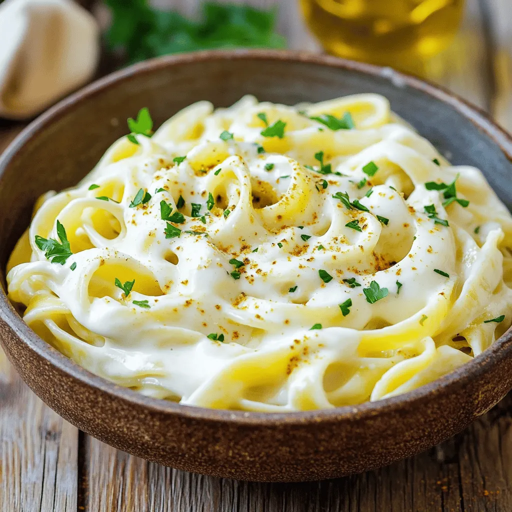To make Vegan Cashew Alfredo Fettuccine, you need a few simple ingredients. Here’s a list: - 1 cup raw cashews, soaked for 2-4 hours - 1 cup unsweetened almond milk - 2 tablespoons nutritional yeast - 2 tablespoons lemon juice - 2 tablespoons olive oil - 2 garlic cloves, minced - Salt and pepper to taste - 8 oz fettuccine pasta (gluten-free if desired) - Fresh parsley, chopped (for garnish) - Optional: pinch of nutmeg Each ingredient plays a key role in creating that creamy, rich flavor we love. Raw cashews are the star of this recipe. When soaked, they soften and blend smoothly. This creates a rich base for the sauce. They add a subtle nutty flavor that complements the other ingredients. Plus, cashews are versatile and can be used in many vegan dishes. This dish is not just tasty; it’s also good for you. Here are some benefits of the main ingredients: - Raw Cashews: They are high in healthy fats, protein, and minerals. - Almond Milk: Lower in calories than dairy milk, it’s a great dairy-free option. - Nutritional Yeast: It is a great source of B vitamins, including B12 for energy. - Lemon Juice: This adds vitamin C and brightens the flavor of the sauce. - Garlic: Known for its health benefits, garlic supports heart health and boosts immunity. This dish is creamy and satisfying while providing important nutrients. Enjoy every bite knowing you are eating well! To start, drain and rinse the soaked cashews. This step helps remove any bitterness. Next, grab your blender. Add the cashews, almond milk, nutritional yeast, lemon juice, olive oil, and minced garlic. Sprinkle in some salt and pepper for taste. Blend on high until the mixture is smooth and creamy. If it feels too thick, add a little more almond milk. For a unique twist, consider adding a pinch of nutmeg. It brings a warm flavor that pairs well with the sauce. Now, let’s cook the fettuccine. Bring a large pot of salted water to a boil. Once boiling, add the fettuccine pasta. Cook it according to the package instructions until it is al dente. This usually takes about eight to ten minutes. When done, drain the pasta but save about half a cup of the pasta water. This water can help adjust the sauce later. In a large skillet, pour the cashew sauce and heat it over medium. Allow it to simmer gently. If the sauce seems too thick, add a bit of the reserved pasta water. This will help you reach the perfect consistency. Once the sauce is ready, add the drained fettuccine to the skillet. Toss gently to coat the pasta evenly with the creamy sauce. Cook it all together for about two to three minutes. This lets the flavors mingle and warms everything through. To get the sauce just right, start with soaked cashews. Soak them for 2-4 hours. This step makes them soft and easy to blend. When blending, combine the cashews with almond milk, nutritional yeast, lemon juice, olive oil, and garlic. Blend until smooth. If the sauce feels too thick, add more almond milk. This will help achieve a creamy texture. For a special touch, try adding a pinch of nutmeg. It adds warmth and depth. Cooking fettuccine perfectly is key. Bring a large pot of salted water to a boil. Add the pasta and stir to prevent sticking. Cook according to the package instructions. Aim for al dente, which means it should be firm yet tender. To check, taste a strand a minute or two before the timer goes off. When done, drain the pasta but save about half a cup of the cooking water. This water helps blend the pasta with the sauce later. Seasoning makes all the difference. After blending the sauce, taste it. Add salt and pepper to enhance the flavors. You can adjust these to fit your taste. Fresh herbs like parsley can add brightness. Try tossing in some chopped parsley right before serving. For a more complex flavor, consider adding a splash of lemon juice. This brightens the dish and makes it even more satisfying. {{image_2}} If you want a gluten-free meal, choose gluten-free fettuccine. Many brands offer tasty options made from rice or chickpeas. These pastas cook just like regular fettuccine. Follow the package instructions for the best results. Boost the nutrition of your vegan cashew alfredo by adding vegetables. Broccoli, spinach, or peas work well. Just steam or sauté them before adding to the pasta. This adds color and nutrients to your dish. You can also mix in some cherry tomatoes for a pop of flavor. You can change the flavor of your sauce easily. Add fresh herbs like basil or thyme for a fresh taste. If you like heat, sprinkle in some red pepper flakes. A pinch of nutmeg also adds warmth. Experiment with these options to find your favorite blend. To store your Vegan Cashew Alfredo Fettuccine, place it in an airtight container. Make sure it cools to room temperature before sealing. This way, the sauce will stay creamy. Keep it in the fridge for up to three days. You can easily enjoy it later. When you reheat your fettuccine, do it gently. Use a skillet over low heat. Add a splash of almond milk to keep the sauce creamy. Stir frequently until the dish is warm. This helps avoid a dry texture. You want it to taste just as good as fresh. If you want to save some for later, freezing works well. First, cool the fettuccine completely. Then, transfer it to a freezer-safe container. It can last up to three months in the freezer. When ready to eat, thaw it in the fridge overnight. Reheat with a little almond milk for the best texture. You can use sunflower seeds instead of cashews. They blend well for a creamy texture. Another option is silken tofu, which also gives a smooth result. Both substitutes keep the dish creamy. If you want a nutty flavor, try using hemp seeds. Yes, you can make this recipe nut-free! Use sunflower seeds or tofu instead of cashews. Also, choose almond milk alternatives like oat milk. These options keep the dish creamy and tasty without nuts. Check the pasta package for cooking time. Usually, fettuccine cooks in 8-10 minutes. Taste a piece to see if it's al dente. It should be firm but not hard. If it feels soft, it may be overcooked. This blog post shared how to make a delicious dish with raw cashews and fettuccine. We explored the key ingredients, highlighted cashews' benefits, and covered easy steps for cooking. I shared tips for perfect sauce and pasta, along with variations for gluten-free options and added veggies. Lastly, I provided storage advice and answered common questions. Cooking can be simple and fun. Enjoy creating your own tasty meals!