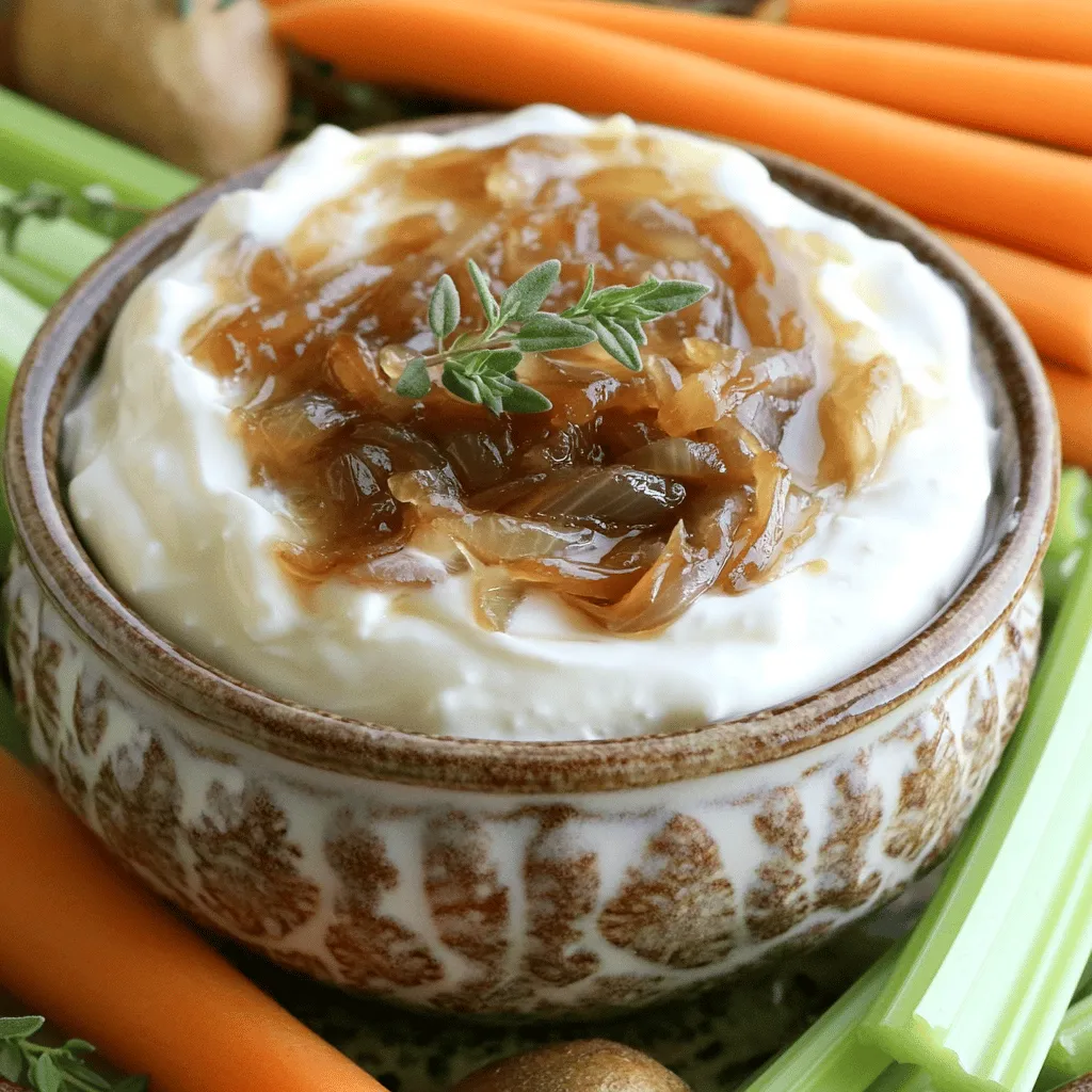 To make caramelized onion dip, you need: - 4 large yellow onions, thinly sliced - 3 tablespoons olive oil - 1 teaspoon salt - 1 teaspoon sugar - 1 teaspoon fresh thyme leaves (or ½ teaspoon dried thyme) - 1 cup sour cream - 1 cup cream cheese, softened - ½ cup mayonnaise - 1 teaspoon garlic powder - Freshly ground black pepper to taste - Vegetable sticks or crackers for serving These ingredients work together to create a rich and creamy dip. The onions add sweetness, while the cream cheese and sour cream give it a smooth texture. You can personalize this dip with: - Chopped chives for a fresh kick - A dash of hot sauce for heat - Grated cheese for extra creaminess - Bacon bits for a savory twist These options let you mix flavors and textures. Try different combinations to find your favorite! For this recipe, gather these tools: - Large skillet for cooking the onions - Mixing bowl for combining the dip - Wooden spoon for stirring - Knife and cutting board for slicing onions - Measuring spoons for accurate amounts Having the right equipment makes the cooking process smooth and enjoyable. Enjoy the flavors of your hard work! To make this dip, you start with the onions. First, slice four large yellow onions thinly. I like to use a sharp knife for this. It makes the job easier. Next, heat three tablespoons of olive oil in a large skillet over medium heat. When the oil is hot, add the sliced onions and one teaspoon of salt. Stir the onions well to coat them in the oil. Now, lower the heat to low. Cook the onions for about 30 to 40 minutes. Stir them occasionally. This step is key for great flavor. You want them to turn a deep golden brown. If they stick, add a splash of water. After they are caramelized, sprinkle one teaspoon of sugar and one teaspoon of fresh thyme leaves over the onions. Stir it well. Cook for an extra 2 to 3 minutes, then remove them from the heat. Let them cool for a bit. In a mixing bowl, combine one cup of sour cream, one cup of softened cream cheese, and half a cup of mayonnaise. Add one teaspoon of garlic powder. Mix these ingredients until they are smooth and creamy. Once the onions are cool, add them to the bowl as well. Stir everything together until it’s well mixed. Finally, season with freshly ground black pepper to taste. Cover the dip with plastic wrap or a lid. Place it in the fridge for at least one hour. This chilling time helps the flavors blend together. When ready to serve, take the dip out and present it in a nice bowl. You can serve it with vegetable sticks or crackers for a tasty snack. Enjoy every bite! To caramelize onions, start with fresh yellow onions. Slice them thinly, about 1/4 inch. Heat 3 tablespoons of olive oil in a large skillet over medium heat. Add the onions and 1 teaspoon of salt. Stir them well to coat. Lower the heat to keep the onions cooking slowly. Cook them for 30-40 minutes. Stir them occasionally to prevent sticking. If they stick, add a splash of water. You want them to turn a deep, golden brown. This slow cooking brings out the sweet flavor. For a creamy dip, mix the caramelized onions with smooth ingredients. Use 1 cup of sour cream, 1 cup of softened cream cheese, and ½ cup of mayonnaise. Make sure the cream cheese is soft to blend well. Stir in 1 teaspoon of garlic powder for extra flavor. After mixing, let the dip chill for at least one hour. This wait allows the flavors to blend and the dip to thicken. Adjust the texture by adding more sour cream if needed. Add depth to your dip with spices and herbs. A teaspoon of sugar helps balance the onion's natural sharpness. Fresh thyme leaves add a nice touch. Use 1 teaspoon of fresh thyme or ½ teaspoon of dried thyme. Season with freshly ground black pepper to taste. Feel free to try other herbs like chives or parsley for variety. These additions can elevate your dip and make it even more delightful. {{image_2}} If you want a lighter dip, you can swap cream cheese and mayonnaise. Use Greek yogurt instead. It adds creaminess with less fat and more protein. You can also try cottage cheese. Blend it smooth for a creamy texture. These swaps work well and keep the flavor rich. You can change the herbs or spices to fit your taste. Try adding fresh dill or chives for a fresh twist. If you like a bit of heat, add crushed red pepper flakes. For a smoky flavor, use smoked paprika. These small changes can make your dip exciting and unique. This dip shines at any gathering. For a casual night, serve it with veggie sticks and crackers. If you're hosting a party, place it in a fancy bowl. Add a sprinkle of thyme leaves for a nice touch. You can also pair it with bread or chips for more crunch. This dip is perfect for game day or a cozy movie night. To keep your caramelized onion dip fresh, store it in an airtight container. This helps lock in flavors and keeps it safe from other smells in the fridge. Make sure the dip has cooled to room temperature before sealing the container. If you want to enjoy it later, avoid letting it sit out for too long. You can keep the dip in the fridge for about 3 to 5 days. Always check for signs of spoilage, like off smells or changes in texture. If you notice anything odd, it’s best to toss it out. To ensure quality, label the container with the date you made it. Freezing is a great option if you want to save your dip for longer. First, let the dip cool completely. Then, transfer it to a freezer-safe container. Make sure to leave some space at the top, as dips can expand when frozen. You can keep it in the freezer for up to 3 months. When you're ready to use it, thaw it overnight in the fridge and stir well before serving. Yes, you can use different types of onions. While I love yellow onions for their sweet flavor, you can try sweet onions like Vidalia. Red onions add a nice color and a bit of bite. Each type will give your dip a unique taste. Experimenting can be fun and tasty! To make the dip ahead, prepare the caramelized onions and let them cool. Mix the onions with the other dip ingredients as the recipe states. Then, cover and store it in the fridge. You can make it a day or two in advance. This way, the flavors blend even more. You have many tasty options for serving! Fresh vegetable sticks work great. Think carrots, celery, and bell peppers. Crackers are also a hit, especially with their crunch. Even bread slices or chips can be fun to dip. Choose what you like best! This blog post showed how to make a great caramelized onion dip. We covered key ingredients, step-by-step prep, and helpful tips for perfect texture. You learned about variations to suit any taste and storage options for leftovers. Remember, customizing your dip is fun! Use fresh herbs and spices to boost flavor and adjust ingredients to your diet needs. Enjoy your dip at any gathering or as a tasty snack! Your friends and family will love it.