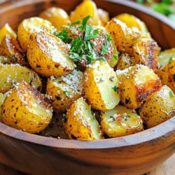 - 2 pounds baby potatoes - 1/4 cup olive oil - 1/2 cup grated Parmesan cheese - 1 tablespoon dried oregano - 1 tablespoon dried thyme - 1 teaspoon garlic powder - Salt and pepper to taste - Fresh parsley for garnish Gather your ingredients first. You need two pounds of baby potatoes. These small potatoes cook evenly and taste great. Next, grab a quarter cup of olive oil. This oil helps the potatoes get crispy. Then, you need half a cup of grated Parmesan cheese. This cheese adds a savory flavor that I love. For the herbs, pick up a tablespoon of dried oregano and a tablespoon of dried thyme. These herbs bring a nice aroma and taste. You will also need a teaspoon of garlic powder. It gives the potatoes a warm, rich flavor. Don’t forget to add salt and pepper to taste. These simple seasonings help to enhance all the flavors. Lastly, fresh parsley will be your garnish. It adds a pop of color and freshness to your dish. With these ingredients ready, you are set to make delicious Parmesan Herb Roasted Potatoes! 1. Preheat the oven and prepare the baking sheet: Start by preheating your oven to 425°F (220°C). Line a baking sheet with parchment paper for easy cleanup. This step helps to prevent sticking and makes for a quick wash-up later. 2. Halve the baby potatoes and toss with olive oil: Take your 2 pounds of baby potatoes and cut them in half. Place them in a large mixing bowl. Drizzle with 1/4 cup of olive oil and toss well. Make sure all potatoes are coated evenly with the oil. This will help them roast beautifully. 1. Combine cheese, herbs, and spices with potatoes: Next, add 1/2 cup of grated Parmesan cheese, 1 tablespoon of dried oregano, 1 tablespoon of dried thyme, 1 teaspoon of garlic powder, and salt and pepper to taste into the bowl. 2. Ensure even coating of the mixture: Mix everything thoroughly. You want the potatoes to be well coated in the cheese and herbs. This adds a lot of flavor to each bite. 1. Spread potatoes on the baking sheet: Now, spread the potato mixture on the prepared baking sheet in a single layer. Make sure the cut sides are facing down. This will help them get nice and crispy. 2. Roast and monitor for even browning: Place the baking sheet in the oven and roast for about 25-30 minutes. Keep an eye on them to ensure they brown evenly. Toss them halfway through to promote even roasting. When done, the potatoes should be golden brown and tender when you pierce them with a fork. Place the cut side of the potatoes down. This helps them brown nicely. It also gives them a great texture. For optimal crispiness, make sure the potatoes are not crowded. If they touch, they will steam instead of roast. You can adjust the seasoning to your taste. If you like it spicy, add more garlic powder. You can also try fresh herbs like rosemary or basil. These herbs bring a new flavor profile. Just remember, fresh herbs need to be added later in the cooking process. These potatoes pair well with grilled chicken or fish. They also complement a fresh salad. For presentation, sprinkle some chopped parsley on top. You can serve them in a nice dish to impress your guests. {{image_2}} You can easily change the flavors of Parmesan Herb Roasted Potatoes. Want some heat? Add red pepper flakes. Just a pinch will spice things up and make your dish exciting. You can also mix in other veggies. Try adding bell peppers or onions. They bring more color and taste to the mix. If you're looking for gluten-free options, this dish has you covered. All the ingredients are naturally gluten-free. For those avoiding dairy, you can swap out the Parmesan cheese. Nutritional yeast makes a great vegan alternative. It adds a cheesy flavor without using any dairy. You can also make these potatoes in an air fryer. Preheat your air fryer to 400°F (200°C). Cook the potatoes for about 15-20 minutes. Shake the basket halfway through for even cooking. If you prefer using an Instant Pot, you can do that too. Use the sauté function for a few minutes first. Then, add some water and cook on high pressure for about 5 minutes. Finish by broiling in the oven for a crispy top. To store leftovers, let the potatoes cool first. Then, place them in an airtight container. Using a glass or plastic container works well. Make sure to use a container that can seal tightly to keep them fresh. For reheating, use your oven for the best results. Preheat it to 350°F (175°C). Spread the potatoes on a baking sheet and heat for about 10-15 minutes. This method helps keep them crispy. You can also reheat them in a skillet over medium heat. Just add a little olive oil to keep them from sticking. You can keep the Parmesan herb roasted potatoes in the fridge for about 3-4 days. If you want to freeze them, they can last for up to 2 months. Keep in mind that freezing may change the texture. To freeze, place them in a freezer-safe bag. Remove as much air as possible before sealing. It takes about 25 to 30 minutes to roast potatoes at 425°F. This high heat helps them become golden brown and tender. I recommend checking them at 20 minutes. Use a fork to see if they are soft. If they need more time, give them a few extra minutes. Toss them halfway through for even cooking. Yes, you can use different types of potatoes! Yukon Gold or red potatoes work well. You can even use fingerling potatoes for a fun twist. Each type has its own flavor and texture. Just make sure to cut them into similar sizes for even cooking. If you need a substitute for Parmesan cheese, there are great options. Nutritional yeast gives a cheesy flavor and is dairy-free. You can also use pecorino Romano or aged gouda for a different taste. For a vegan option, try a plant-based cheese that melts well. This blog post guides you through making delicious roasted baby potatoes. You learned about the main ingredients, from potatoes to olive oil. I shared step-by-step instructions and helpful tips to enhance flavor and achieve a perfect roast. You now know how to store leftovers and reheat them for the best taste. No matter your diet, your options for variations are vast. Experiment and enjoy this tasty dish. Happy cooking!