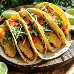 - 1 lb white fish fillets (cod or tilapia) - 1 cup panko breadcrumbs - 1/2 cup all-purpose flour - 2 large eggs, beaten - 1 teaspoon garlic powder - 1 teaspoon paprika - Salt and pepper to taste - 1 cup shredded green cabbage - 1/2 cup diced tomatoes - 1/4 cup fresh cilantro, chopped - 1 lime, cut into wedges - 8 small corn or flour tortillas - 1/2 cup crema or sour cream To make crispy panko crusted fish tacos, you need fresh ingredients. Start with one pound of white fish fillets, like cod or tilapia. Both types of fish work well and have a mild taste. Next, gather one cup of panko breadcrumbs. These will give the fish a crunchy texture. You will also need half a cup of all-purpose flour. This helps the breadcrumbs stick to the fish. For flavor, add two large eggs, beaten. Then, use one teaspoon each of garlic powder and paprika. These spices add a nice kick. Don’t forget to season with salt and pepper to taste. Now for the toppings! You will want one cup of shredded green cabbage for crunch. Half a cup of diced tomatoes adds freshness. A quarter cup of chopped fresh cilantro gives it a burst of flavor. Finally, cut one lime into wedges for serving. You will also need eight small corn or flour tortillas and half a cup of crema or sour cream. This creamy topping balances the fish's crunch. With these ingredients, you're ready to create a flavorful dish that will impress everyone! First, rinse the fish fillets under cold water. This step helps remove any debris. After rinsing, pat the fish dry with a paper towel. Drying the fish is key for getting a crispy texture. Now, cut the fish into strips about 2-3 inches wide. This size works perfectly for tacos. Next, set up your breading station. In a shallow dish, mix the flour with garlic powder, paprika, salt, and pepper. This blend adds great flavor to the fish. In a second dish, beat the two large eggs. This egg wash helps the breadcrumbs stick. In a third dish, prepare the panko breadcrumbs. Make sure they are ready for coating. Now, it’s time to bread the fish. Take each fish strip and coat it in the seasoned flour. Shake off any excess flour. Then, dip the strip into the beaten eggs, covering it well. Finally, roll the fish in panko breadcrumbs until fully coated. This step gives the fish its crunch. Heat a frying pan over medium-high heat with enough oil to cover the bottom. Once the oil is hot, add the fish strips carefully. Fry them for 3-4 minutes on each side until they turn golden brown and crispy. Remove the fish and place it on a paper towel-lined plate to drain excess oil. While the fish fries, warm the tortillas. Use a separate skillet over medium heat. Warm each tortilla for about 30 seconds on each side until they are pliable. This helps the tortillas hold the filling better. Now, it’s time to assemble the tacos. On each tortilla, layer a handful of shredded cabbage. Next, add 2-3 pieces of the crispy fish. Top it with diced tomatoes and chopped cilantro. To finish, drizzle some crema or sour cream on top. Serve the tacos with lime wedges on the side. Squeezing fresh lime juice on the tacos adds a zesty kick. Enjoy every bite of this delicious meal! To get that perfect crispy crust on your fish, focus on oil temperature. Heat the oil until it shimmers but isn't smoking. This usually means medium-high heat. If the oil is too cool, the fish will absorb too much oil and become soggy. Also, avoid overcrowding the pan. If you add too many fish strips at once, the temperature will drop. Fry in batches to keep the oil hot. This helps ensure each piece gets golden and crispy. You can adjust the seasoning to suit your taste. Try adding a pinch of cayenne for heat or some lime zest for brightness. Don't be afraid to mix it up! For toppings, think beyond the usual. You could add avocado slices or pickled red onions for a twist. Fresh mango salsa adds a sweet touch, too. Get creative and make it your own! Prep your ingredients before you start cooking. Cut the fish and veggies ahead of time. This saves you from rushing around while frying. For frying, use a shallow pan and keep the oil at the right temperature. This method cooks the fish faster and makes it crispier. You’ll spend less time in the kitchen and more time enjoying your tacos! {{image_2}} What are the best fish options for tacos? I recommend using white fish like cod or tilapia. Both have mild flavors and flaky textures. These fish fry up nicely and soak up seasonings well. You can also try mahi-mahi or snapper for a different twist. Are there healthier fish alternatives? Yes, you can use salmon or trout. These fish have richer flavors and are packed with healthy fats. They still work well with the crispy panko crust. What are gluten-free options? If you need gluten-free, swap all-purpose flour for a gluten-free blend. Use gluten-free panko for the breading. This way, you keep the crunch without gluten. What vegetarian preparation ideas do you have? For a vegetarian version, try crispy cauliflower or eggplant. Cut them into strips and follow the same breading and frying steps. They are tasty and satisfying. What different seasoning mixes can I use? You can spice things up with chili powder, cumin, or even lemon zest. Just blend your favorite spices into the flour before breading the fish. This adds depth and flavor to each bite. What unique salsa options work well for topping? Try mango salsa for a sweet twist. A spicy pico de gallo or a tangy avocado salsa also pairs nicely. These toppings bring freshness and excitement to your tacos. After enjoying your crispy panko crusted fish tacos, store any leftovers carefully. Use an airtight container to keep them fresh. It’s best to eat them within three days. This way, the fish stays tasty and the toppings remain crisp. To keep your tacos crispy, reheating is key. For the fish, use an oven or an air fryer. Preheat the oven to 375°F and place the fish on a baking sheet. Bake for about 10 minutes until hot. This method helps the fish stay crunchy. For the tortillas, warm them on a skillet for about 30 seconds on each side. This makes them soft and pliable again. If you want to save fish for later, you can freeze it before cooking. Wrap fish tightly in plastic wrap and place it in a freezer bag. This keeps the fish good for up to three months. Cooked leftovers can also be frozen, but they may lose some crispiness when thawed. If you freeze them, make sure to eat them within a month for the best taste. The best fish for crispy tacos includes cod and tilapia. These fish have a mild flavor and a firm texture. Cod has a nice flaky quality, while tilapia is tender and easy to cook. Both fish hold up well to frying, giving you that perfect crunch. You can also try halibut or haddock for a different taste. To keep your fish tacos crispy, follow these tips: - Use fresh tortillas. Warm them just before serving. - Drain fried fish on paper towels. This removes excess oil. - Add toppings right before eating. This keeps everything fresh. - Serve lime wedges on the side. Squeeze them just before you bite in. Yes, you can prep the fish ahead of time! Just bread the fish and store it in the fridge for a few hours. When you’re ready, simply fry the fish. This will save you time and keep your tacos crispy when served. Avoid pre-cooking the fish, as it may lose its crunch. Here are some great sides to serve with fish tacos: - Mexican rice for a hearty complement. - Black beans for added protein and fiber. - Fresh salsa or pico de gallo for a zesty kick. - Guacamole for a creamy touch. - A simple green salad for freshness. These crispy fish tacos are a simple yet delicious meal. We covered ingredients, step-by-step cooking, and tips to keep the fish crunchy. I shared ways to customize flavors and make it fit your diet. Don't forget how to store and reheat leftovers to enjoy later. Now you can whip up these tasty tacos with confidence, knowing you have all the tools you need. Dive in and enjoy your cooking adventure!