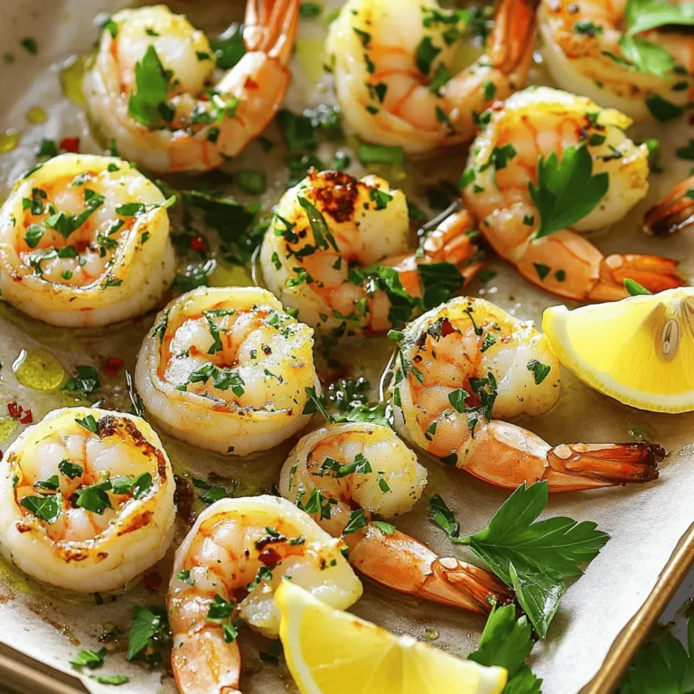 To make Herb Garlic Roasted Shrimp, you need simple yet fresh ingredients. These components will create a tasty dish. Here’s what you need: - 1 pound large shrimp, peeled and deveined - 4 cloves garlic, minced - 1/4 cup fresh parsley, chopped - 2 tablespoons fresh basil, chopped - 1 tablespoon fresh lemon juice - 1 teaspoon lemon zest - 1/2 teaspoon red pepper flakes (optional) - 3 tablespoons olive oil - Salt and pepper to taste - Lemon wedges for serving Each ingredient plays a key role. The shrimp provides a sweet and tender base. Garlic adds a rich flavor. Fresh herbs like parsley and basil brighten the dish. Lemon juice and zest bring a tangy kick. Red pepper flakes add warmth, if you like spice. Olive oil helps everything blend and roast well. Gather these ingredients before you start cooking. This will make the process smooth and fun. First, you need to preheat your oven to 400°F (200°C). This step is key for even cooking. While the oven heats, grab a large mixing bowl. In this bowl, combine four minced garlic cloves, chopped parsley, and basil. Add one tablespoon of lemon juice, one teaspoon of lemon zest, and optional red pepper flakes. Pour in three tablespoons of olive oil, then add salt and pepper to taste. Mix everything well to create a flavorful marinade. Next, add one pound of peeled and deveined shrimp to the bowl. Toss the shrimp until they are well coated with the marinade. This step ensures each shrimp gets a burst of flavor. Now, take a baking sheet and line it with parchment paper. Spread the marinated shrimp in a single layer on the sheet. Make sure they don’t overlap. This helps them roast evenly. Place the baking sheet in the preheated oven. Roast the shrimp for about 8 to 10 minutes. Watch closely as they change color. They are done when they turn pink and opaque. Do not overcook them, or they will become tough. Once you take the shrimp out of the oven, let them cool for a minute. For serving, garnish with extra fresh herbs and lemon wedges. This adds a nice touch and enhances the flavor. You can serve the shrimp with a side of rice or a fresh salad. These options complement the dish well and make a complete meal. Enjoy your Herb Garlic Roasted Shrimp! To make the best herb garlic roasted shrimp, you need to avoid overcooking. Shrimp cook fast. If you leave them in too long, they get tough and chewy. Watch for the color change. When shrimp turn pink and opaque, they are done. This usually takes about 8 to 10 minutes in the oven. Another key tip is to spread the shrimp in a single layer on the baking sheet. This helps them cook evenly. If they overlap, some shrimp may not roast well. Use parchment paper to keep them from sticking. You can make the dish even tastier with different marinades. Try adding a splash of soy sauce or a bit of honey for sweetness. You can also mix in other spices like cumin or paprika for a new twist. Consider using fresh herbs like thyme or cilantro. These can add a unique flavor to your shrimp. You might even want to add citrus zest from oranges or limes for a bright touch. The world of flavor is vast, so feel free to explore! {{image_2}} To spice things up, add chili or hot sauce. You can mix in red pepper flakes for some kick. Adjust the amount based on your heat preference. A little goes a long way. If you love heat, try adding fresh chopped chili. It gives a fresh zing to the dish. For a Mediterranean flair, include olives or feta cheese. Mix in sliced black olives for a briny taste. Crumbled feta adds a creamy texture and depth of flavor. Both options pair well with the herbs and garlic. This twist brings a new life to the dish. You can grill the shrimp for a smoky flavor. Preheat your grill to medium-high heat. Toss the shrimp in the marinade as usual. Skewer the shrimp for easy grilling. Grill them for about 2-3 minutes on each side. Watch closely to avoid overcooking. To store leftovers in the refrigerator, first let the shrimp cool. Place them in an airtight container. This keeps them fresh for up to three days. Make sure to seal the container tightly to avoid any strong scents. You can also cover the shrimp with plastic wrap if you prefer. For long-term storage, freezing is your best option. Start by marinating the shrimp as the recipe suggests. After marinating, spread the shrimp in a single layer on a baking sheet. Freeze them for about an hour until solid. Once frozen, transfer the shrimp to a freezer bag. Remove as much air as possible before sealing. These shrimp can last for up to three months in the freezer. To reheat the shrimp, use the oven for the best flavor and texture. Preheat your oven to 350°F (175°C). Place the shrimp on a baking sheet and cover with foil. This helps keep them moist. Heat for about 10 minutes or until warm. Avoid microwaving as it may overcook the shrimp. Enjoy the tasty flavors just as you did when they were fresh! Yes, you can use frozen shrimp. Just make sure to thaw them first. Place the shrimp in the fridge overnight or run them under cold water. Drain any excess water before marinating. Using frozen shrimp saves time and is still tasty. Shrimp cook quickly. They are done when they turn pink and opaque. This usually takes about 8-10 minutes in the oven. If you overcook them, they can get tough. So, keep an eye on them while they roast. You can serve this dish with many sides. Here are some ideas: - A fresh green salad - Rice or quinoa - Garlic bread - Roasted vegetables - Pasta with olive oil These sides complement the shrimp well and make your meal even better. Enjoy your cooking! This blog post showed you how to make Herb Garlic Roasted Shrimp. We covered prepping shrimp, marinating for flavor, and cooking tips. I also shared serving ideas and storage tips. Remember, cooking shrimp is easy if you avoid overcooking and use fresh herbs. Experiment with different flavors and variations. You can add heat or go Mediterranean. Keep it fun and adjust recipes to your taste. Enjoy your delicious shrimp dish!